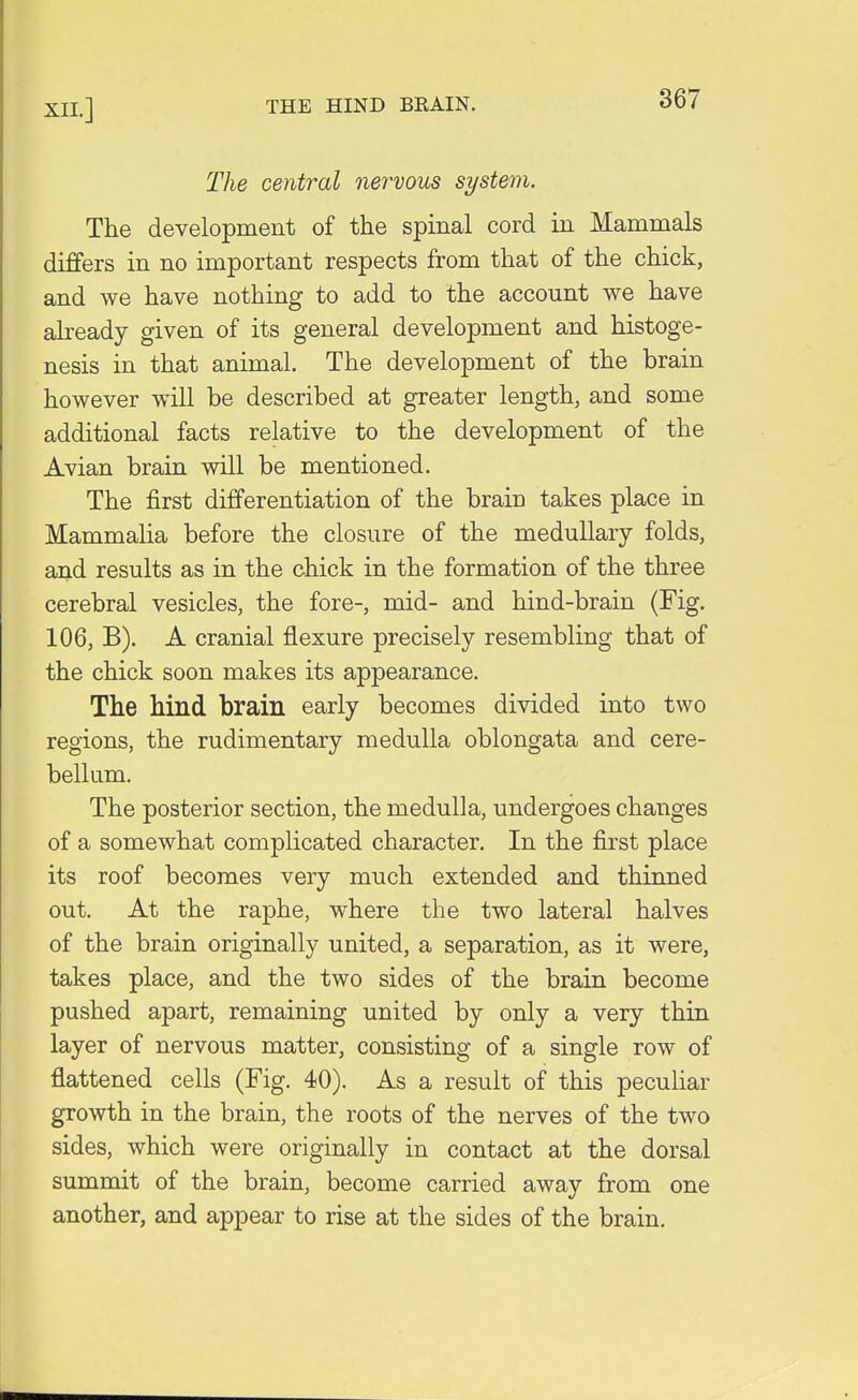 The central nervous system. The development of the spinal cord in Mammals differs in no important respects from that of the chick, and we have nothing to add to the account we have already given of its general development and histoge- nesis in that animal. The development of the brain however will be described at greater length, and some additional facts relative to the development of the Avian brain will be mentioned. The first differentiation of the brain takes place in Mammalia before the closure of the medullary folds, and results as in the chick in the formation of the three cerebral vesicles, the fore-, mid- and hind-brain (Fig. 106, B). A cranial flexure precisely resembling that of the chick soon makes its appearance. The hind brain early becomes divided into two regions, the rudimentary medulla oblongata and cere- bellum. The posterior section, the medulla, undergoes changes of a somewhat complicated character. In the first place its roof becomes very much extended and thinned out. At the raphe, where the two lateral halves of the brain originally united, a separation, as it were, takes place, and the two sides of the brain become pushed apart, remaining united by only a very thin layer of nervous matter, consisting of a single row of flattened cells (Fig. 40). As a result of this peculiar growth in the brain, the roots of the nerves of the two sides, which were originally in contact at the dorsal summit of the brain, become carried away from one another, and appear to rise at the sides of the brain.