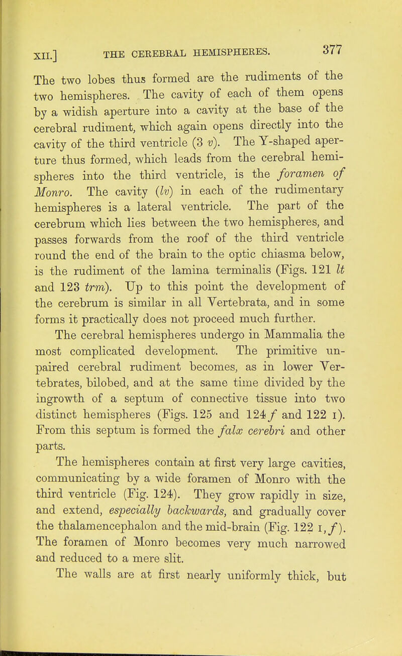 The two lobes thus formed are the rudiments of the two hemispheres. The cavity of each of them opens by a widish aperture into a cavity at the base of the cerebral rudiment, which again opens directly into the cavity of the third ventricle (3 v). The Y-shaped aper- ture thus formed, which leads from the cerebral hemi- spheres into the third ventricle, is the foramen of Monro. The cavity (Iv) in each of the rudimentary hemispheres is a lateral ventricle. The part of the cerebrum which lies between the two hemispheres, and passes forwards from the roof of the third ventricle round the end of the brain to the optic chiasma below, is the rudiment of the lamina terminalis (Figs. 121 It and 123 trm). Up to this point the development of the cerebrum is similar in all Vertebrata, and in some forms it practically does not proceed much further. The cerebral hemispheres undergo in Mammalia the most complicated development. The primitive un- paired cerebral rudiment becomes, as in lower Ver- tebrates, bilobed, and at the same time divided by the ingrowth of a septum of connective tissue into two distinct hemispheres (Figs. 125 and 124/ and 122 i). From this septum is formed the falx cerebri and other parts. The hemispheres contain at first very large cavities, communicating by a wide foramen of Monro with the third ventricle (Fig. 124). They grow rapidly in size, and extend, especially backwards, and gradually cover the thalamencephalon and the mid-brain (Fig. 122 i,f). The foramen of Monro becomes very much narrowed and reduced to a mere slit. The walls are at first nearly uniformly thick, but