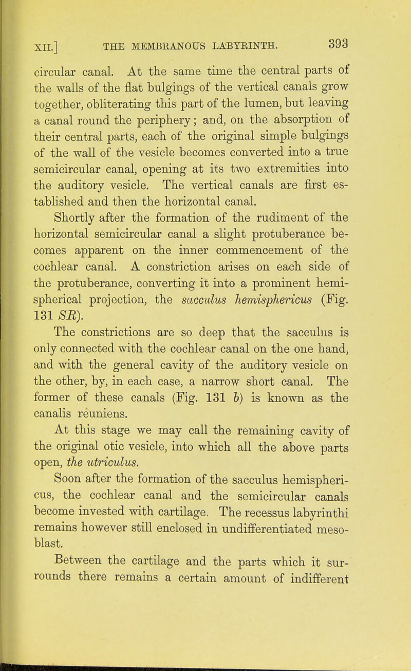 circular canal. At the same time the central parts of the walls of the flat bulgings of the vertical canals grow together, obliterating this part of the lumen, but leaving a canal round the periphery; and, on the absorption of their central parts, each of the original simple bulgings of the wall of the vesicle becomes converted into a true semicircular canal, opening at its two extremities into the auditory vesicle. The vertical canals are first es- tablished and then the horizontal canal. Shortly after the formation of the rudiment of the horizontal semicircular canal a slight protuberance be- comes apparent on the inner commencement of the cochlear canal. A constriction arises on each side of the protuberance, converting it into a prominent hemi- spherical projection, the sacculus hemisphericus (Fig. 131 SB). The constrictions are so deep that the sacculus is only connected with the cochlear canal on the one hand, and with the general cavity of the auditory vesicle on the other, by, in each case, a narrow short canal. The former of these canals (Fig. 131 b) is known as the canalis reuniens. At this stage we may call the remaining cavity of the original otic vesicle, into which all the above parts open, the utriculus. Soon after the formation of the sacculus hemispheri- cus, the cochlear canal and the semicircular canals become invested with cartilage. The recessus labyrinthi remains however still enclosed in undifferentiated meso- blast. Between the cartilage and the parts which it sur- rounds there remains a certain amount of indifferent