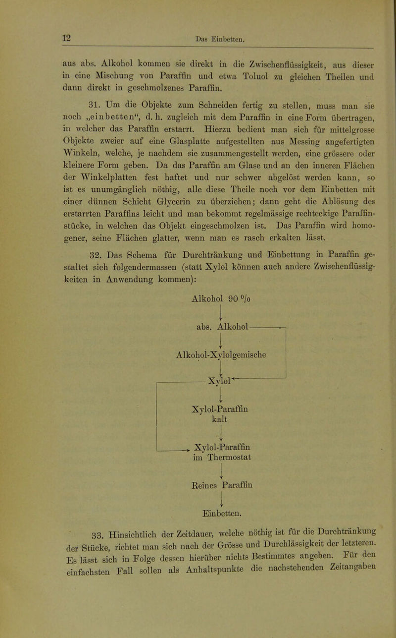aus abs. Alkohol kommen sie direkt in die Zwischenflüssigkeit, aus dieser in eine Mischung von Paraffin und etwa Toluol zu gleichen Theilen und dann direkt in geschmolzenes Paraffin. 31. Um die Objekte zum Schneiden fertig zu stellen, muss man sie noch „einbetten, d.h. zugleich mit dem Paraffin in eine Form übertragen, in welcher das Paraffin erstarrt. Hierzu bedient man sich für mittelgrosse Objekte zweier auf eine Glasplatte aufgestellten aus Messing angefertigten Winkeln, welche, je nachdem sie zusammengestellt werden, eine grössere oder kleinere Form geben. Da das Paraffin am Glase und an den inneren Flächen der Winkelplatten fest haftet und nur schwer abgelöst werden kann, so ist es unumgänglich nöthig, alle diese Theile noch vor dem Einbetten mit einer dünnen Schicht Glycerin zu überziehen; dann geht die Ablösung des erstarrten Paraffins leicht und man bekommt regelmässige rechteckige Paraffin- stücke, in welchen das Objekt eingeschmolzen ist. Das Paraffin wird homo- gener, seine Flächen glatter, wenn man es rasch erkalten lässt. 32. Das Schema für Durchtränkung und Einbettung in Paraffin ge- staltet sich folgendermassen (statt Xylol können auch andere Zwischenflüssig- keiten in Anwendung kommen): Alkohol 90°/o abs. Alkohol . T Alkohol-Xylolgemische Xylol^ Xylol-Paraffiu kalt Xylol-Paraffin im Thermostat I Reines Paraffin Y Einbetten. 33. Hinsichtlich der Zeitdauer, welche nöthig ist für die Durchtränkung der Stücke, richtet man sich nach der Grösse und Durchlässigkeit der letzteren. Es lässt sich in Folge dessen hierüber nichts Bestimmtes angeben. Für den einfachsten Fall sollen als Anhaltspunkte die nachstehenden Zeitangaben