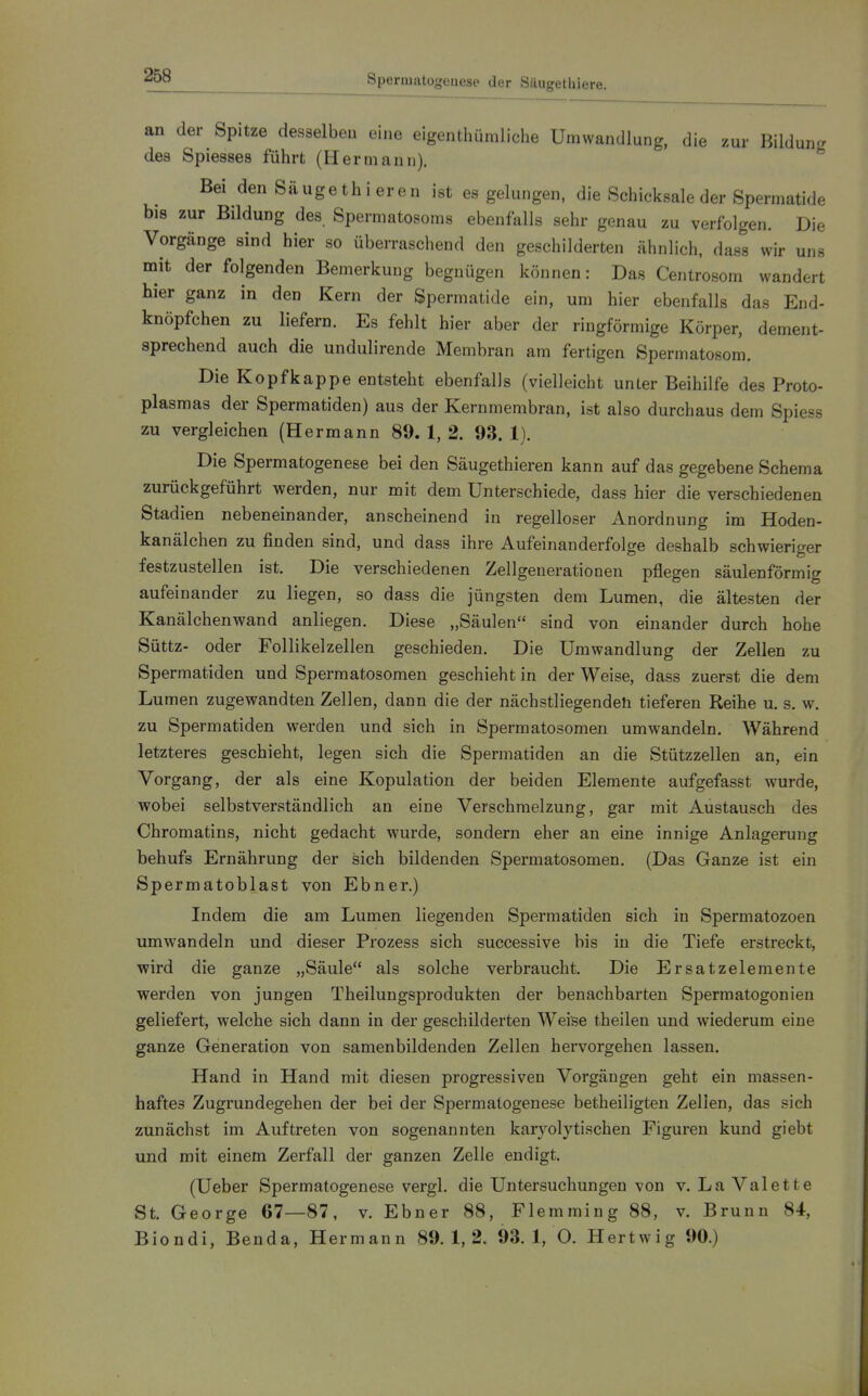 an der Spitze desselbeu eine eigenthümliche Umwandlung, die zur Bildung des Spiesses führt (Hermann). Bei denSäugethieren ist es gelungen, die Schicksale der Spermatide bis zur Bildung des Spermatosoms ebenfalls sehr genau zu verfolgen. Die Vorgänge sind hier so überraschend den geschilderten ähnlich, dass wir uns mit der folgenden Bemerkung begnügen können: Das Centrosom wandert hier ganz in den Kern der Spermatide ein, um hier ebenfalls das End- knöpfchen zu liefern. Es fehlt hier aber der ringförmige Körper, dement- sprechend auch die undulirende Membran am fertigen Spermatosom. Die Kopfkappe entsteht ebenfalls (vielleicht unter Beihilfe des Proto- plasmas der Spermatiden) aus der Kernmembran, ist also durchaus dem Spiess zu vergleichen (Hermann 89. 1, 2. 93. 1). Die Spermatogenese bei den Säugethieren kann auf das gegebene Schema zurückgeführt werden, nur mit dem Unterschiede, dass hier die verschiedenen Stadien nebeneinander, anscheinend in regelloser Anordnung im Hoden- kanälchen zu finden sind, und dass ihre Aufeinanderfolge deshalb schwieriger festzustellen ist. Die verschiedenen Zellgeuerationen pflegen säulenförmig aufeinander zu liegen, so dass die jüngsten dem Lumen, die ältesten der Kanälchenwand anliegen. Diese „Säulen sind von einander durch hohe Süttz- oder Follikelzellen geschieden. Die Umwandlung der Zellen zu Spermatiden und Sperraatosomen geschieht in der Weise, dass zuerst die dem Lumen zugewandten Zellen, dann die der nächstliegendeh tieferen Reihe u. s. w. zu Spermatiden werden und sich in Spermatosomen umwandeln. Während letzteres geschieht, legen sich die Spermatiden an die Stützzellen an, ein Vorgang, der als eine Kopulation der beiden Elemente aufgefasst wurde, wobei selbstverständlich an eine Verschmelzung, gar mit Austausch des Chromatins, nicht gedacht wurde, sondern eher an eine innige Anlagerung behufs Ernährung der sich bildenden Spermatosomen. (Das Ganze ist ein Spermatoblast von Ebner.) Indem die am Lumen liegenden Spermatiden sich in Spermatozoen umwandeln und dieser Prozess sich successive bis in die Tiefe erstreckt, wird die ganze „Säule als solche verbraucht. Die Ersatzelemente werden von jungen Theilungsprodukten der benachbarten Spermatogonieu geliefert, welche sich dann in der geschilderten Weise theilen und wiederum eine ganze Generation von samenbildenden Zellen hervorgehen lassen. Hand in Hand mit diesen progressiven Vorgängen geht ein massen- haftes Zugrundegehen der bei der Spermatogenese betheiligten Zellen, das sich zunächst im Auftreten von sogenannten karyolytischeu Figuren kund giebt und mit einem Zerfall der ganzen Zelle endigt. (Ueber Spermatogenese vergl. die Untersuchungen von v. La Valette St. George 67—87, v. Ebner 88, Flemming 88, v. Brunn 84, Biondi, Beuda, Hermann 89.1,2. 93. 1, 0. Hertwig 90.)