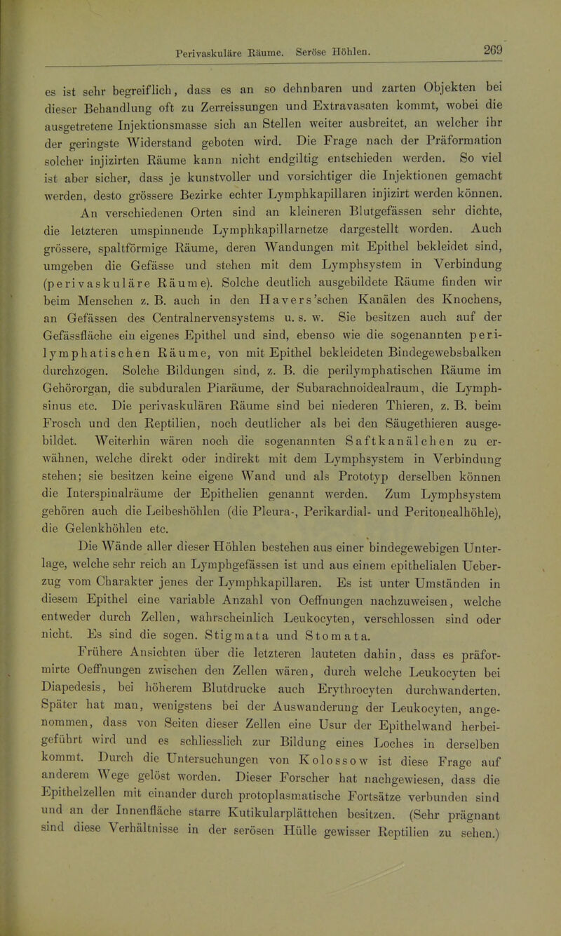 Perivaskuläre Eäume. Seröse Höhlen. 2G9 es ist sehr begreiflich, dass es an so dehnbaren und zarten Objekten bei dieser Behandlung oft zu Zerreissungen und Extravasaten kommt, wobei die ausgetretene Injektionsmasse sich an Stellen weiter ausbreitet, an welcher ihr der geringste Widerstand geboten wird. Die Frage nach der Präforraation solcher injizirten Räume kann nicht endgiltig entschieden werden. So viel ist aber sicher, dass je kunstvoller und vorsichtiger die Injektionen gemacht werden, desto grössere Bezirke echter Lymphkapillaren injizirt werden können. An verschiedenen Orten sind an kleineren Blutgefässen sehr dichte, die letzteren umspinnende Lymphkapillarnetze dargestellt worden. Auch grössere, spaltförmige Räume, deren Wandungen mit Epithel bekleidet sind, umgeben die Gefässe und stehen mit dem Lymphsystem in Verbindung (perivaskuläre Räume). Solche deutlich ausgebildete Räume finden wir beim Menschen z. B, auch in den Hävers'sehen Kanälen des Knochens, an Gefässen des Centrainervensystems u. s. w. Sie besitzen auch auf der Gefässfläche ein eigenes Epithel und sind, ebenso wie die sogenannten peri- lymphatischen Räume, von mit Epithel bekleideten Bindegewebsbalken durchzogen. Solche Bildungen sind, z. B. die perilymphatischen Räume im Gehörorgan, die subduralen Piaräume, der Subarachnoidealraum, die Lymph- sinus etc. Die perivaskulären Räume sind bei niederen Thieren, z. B. beim Frosch und den Reptilien, noch deutlicher als bei den Säugethieren ausge- bildet. Weiterhin wären noch die sogenannten Saftkanälchen zu er- wähnen, welche direkt oder indirekt mit dem Lymphsystem in Verbindung stehen; sie besitzen keine eigene Wand und als Prototyp derselben können die Interspinalräume der Epithelien genannt werden. Zum Lymphsystem gehören auch die Leibeshöhlen (die Pleura-, Perikardial- und Peritonealhöhle), die Gelenkhöhleu etc. Die Wände aller dieser Höhlen bestehen aus einer bindegewebigen Unter- lage, welche sehr reich an Lymphgefässen ist und aus einem epithelialen Ueber- zug vom Charakter jenes der Lymphkapillaren. Es ist unter Umständen in diesem Epithel eine variable Anzahl von Oeffnungen nachzuweisen, welche entweder durch Zellen, wahrscheinlich Leukocyten, verschlossen sind oder nicht. Es sind die sogen. Stigmata und Stomata. Frühere Ansichten über die letzteren lauteten dahin, dass es präfor- mirte Oeffnungen zwischen den Zellen wären, durch welche Leukocyten bei Diapedesis, bei höherem Blutdrucke auch Erythrocyten durchwanderten. Später hat man, wenigstens bei der Auswanderung der Leukocyten, ange- nommen, dass von Seiten dieser Zellen eine Usur der Epithelwand herbei- geführt wird und es schliesslich zur Bildung eines Loches in derselben kommt. Durch die Untersuchungen von Kolossow ist diese Frage auf anderem Wege gelöst worden. Dieser Forscher hat nachgewiesen, dass die Epithelzellen mit einander durch protoplasmatische Fortsätze verbunden sind und an der Innenfläche starre Kutikularplättchen besitzen. (Sehr prägnant sind diese Verhältnisse in der serösen Hülle gewisser Reptilien zu sehen.)