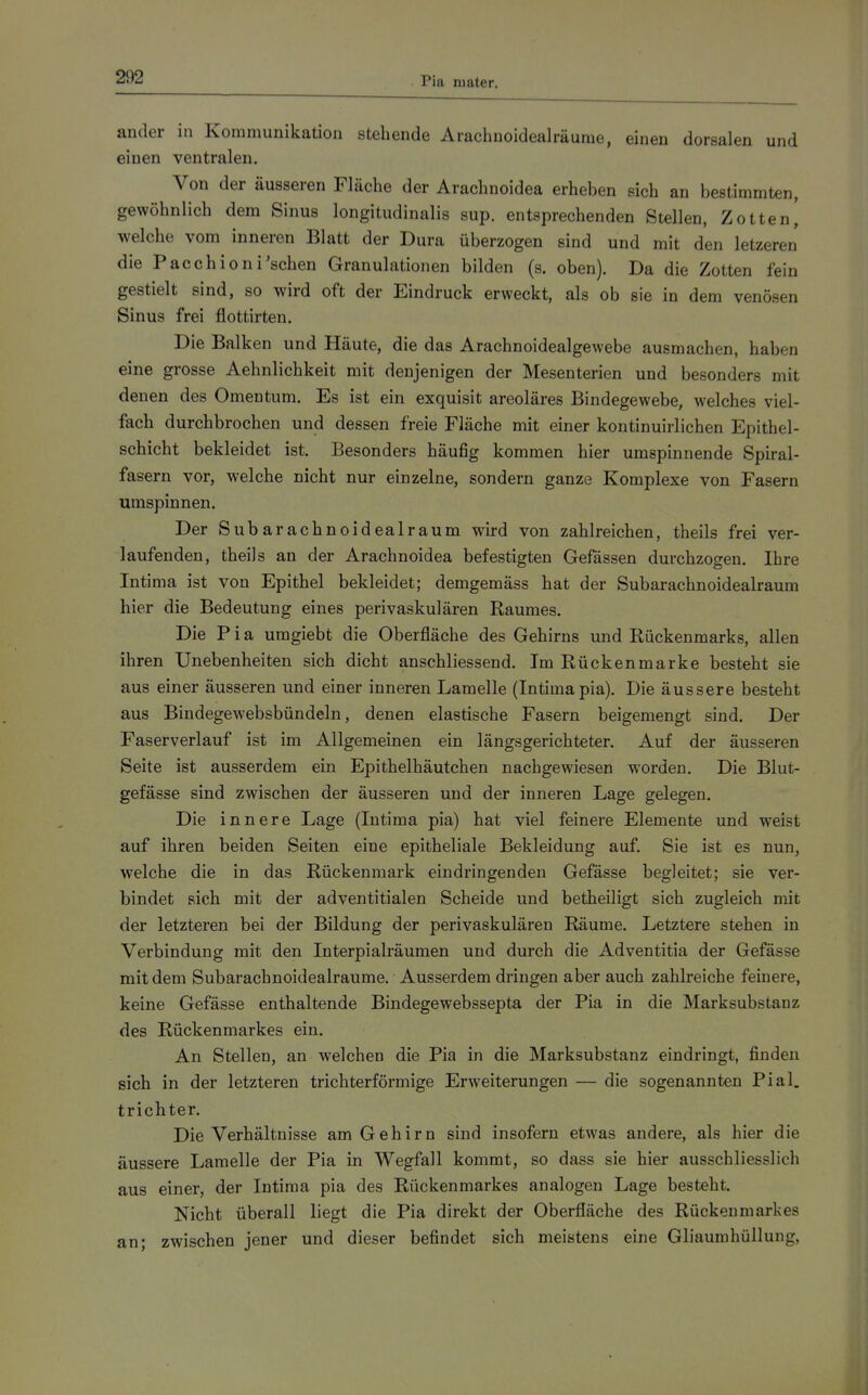 Pia luater. ander in Kommunikation stehende Arachuoidealräume, einen dorsalen und einen ventralen. Von der äusseren Fläche der Arachnoidea erheben sich an bestimmten, gewöhnlich dem Sinus longitudinalis sup. entsprechenden Stellen, Zottenj welche vom inneren Blatt der Dura überzogen sind und mit den letzeren die Pacchioni'sehen Granulationen bilden (s. oben). Da die Zotten fein gestielt sind, so wird oft der Eindruck erweckt, als ob sie in dem venösen Sinus frei flottirten. Die Balken und Häute, die das Arachnoidealgewebe ausmachen, haben eine grosse Aehnlichkeit mit denjenigen der Mesenterien und besonders mit denen des Omentum. Es ist ein exquisit areoläres Bindegewebe, welches viel- fach durchbrochen und dessen freie Fläche mit einer kontinuirlichen Epithel- schicht bekleidet ist. Besonders häufig kommen hier umspinnende Spiral- fasern vor, welche nicht nur einzelne, sondern ganze Komplexe von Fasern umspinnen. Der Subarachnoidealraum wird von zahlreichen, theils frei ver- laufenden, theils an der Arachnoidea befestigten Gefössen durchzogen. Ihre Intima ist von Epithel bekleidet; demgemäss hat der Subarachnoidealraum hier die Bedeutung eines perivaskulären Raumes. Die P i a umgiebt die Oberfläche des Gehirns und Rückenmarks, allen ihren Unebenheiten sich dicht anschliessend. Im Rückenmarke besteht sie aus einer äusseren und einer inneren Lamelle (Intima pia). Die äussere besteht aus Bindegewebsbündeln, denen elastische Fasern beigemengt sind. Der Faserverlauf ist im Allgemeinen ein längsgerichteter. Auf der äusseren Seite ist ausserdem ein Epithelhäutchen nachgewiesen worden. Die Blut- gefässe sind zwischen der äusseren und der inneren Lage gelegen. Die innere Lage (Intima pia) hat viel feinere Elemente und weist auf ihren beiden Seiten eine epitheliale Bekleidung auf. Sie ist es nun, welche die in das Rückenmark eindringenden Gefässe begleitet; sie ver- bindet sich mit der adventitialen Scheide und betheiligt sich zugleich mit der letzteren bei der Bildung der perivaskulären Räume. Letztere stehen in Verbindung mit den Interpialräumen und durch die Adventitia der Gefässe mit dem Subarachnoidealraume. Ausserdem dringen aber auch zahlreiche feinere, keine Gefässe enthaltende Bindegewebssepta der Pia in die Marksubstanz des Rückenmarkes ein. An Stellen, an welchen die Pia in die Marksubstanz eindringt, finden sich in der letzteren trichterförmige Erweiterungen — die sogenannten Pial. trichter. Die Verhältnisse am Gehirn sind insofern etwas andere, als hier die äussere Lamelle der Pia in Wegfall kommt, so dass sie hier ausschliesslich aus einer, der Intima pia des Rückenmarkes analogen Lage besteht. Nicht überall liegt die Pia direkt der Oberfläche des Rückenmarkes an; zwischen jener und dieser befindet sich meistens eine Gliaumhüllung,