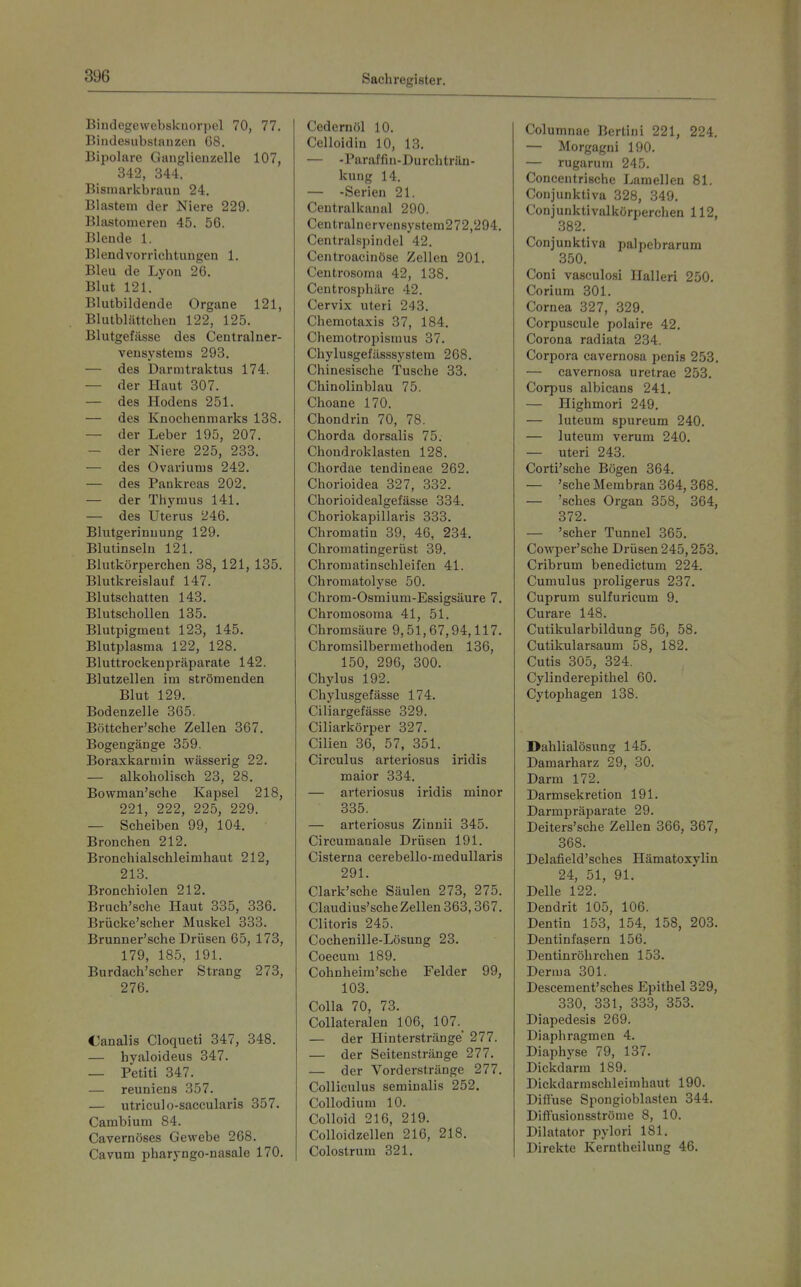 Bindegewebskuorpel 70, 77. BindeHubstauzon G8. Bipolare Ganglieuzelle 107, 342, 344. Bisniarlvbraun 24. Blastem der Niere 229. Blastoiueren 45. 5G. Blende 1. Blendvorrichtuugen 1. Bleu de Lyou 26. Blut 121. Blutbildende Organe 121, Blutblättchen 122, 125. Blutgefässe des Centrainer- vensystems 293. — des Darnitraktus 174. — der Haut 307. — des Hodens 251. — des Knochenmarks 138. — der Leber 195, 207. — der Niere 225, 233. — des Ovariums 242. — des Pankreas 202. — der Thymus 141. — des Uterus 246. Blutgerinnung 129. Blutinseln 121. Blutkörperchen 38, 121, 135. Blutkreislauf 147. Blutschatten 143. Blutschollen 135. Blutpigment 123, 145. Blutplasma 122, 128. Bluttrockenpräparate 142. Blutzelleu im strömenden Blut 129. Bodenzelle 365. Böttcher'sche Zellen 367. Bogengänge 359. Boraxkarmin wässerig 22. — alkoholisch 23, 28. Bowman'sche Kapsel 218, 221, 222, 225, 229. — Scheiben 99, 104. Bronchen 212. Bronchialschleimhaut 212, 213. Bronchiolen 212. Bruch'sche Haut 335, 336. Brücke'scher Muskel 333. Brunner'sche Drüsen 65, 173, 179, 185, 191. Burdach'scher Strang 273, 276. Canalis Cloqueti 347, 348. — hyaloideus 347. — Petiti 347. — reuniens 357. — utriculo-saccularis 357. Cambium 84. Cavernöses Gewebe 268. Cavum pharyngo-nasale 170. Cedcrnöl 10. Celloidin 10, 13. — -Paraffin-Durchträn- kung 14. — -Serien 21. Centralkannl 290. Centralncrvcnsystem272,294. Centralspindel 42. Centroacinöse Zellen 201. Centrosoma 42, 138. Ceutrosphäre 42. Cervix uteri 243. Chemotaxis 37, 184. Chemotropismus 37. Chylusgefässsystem 268. Chinesische Tusche 33. Chinolinblau 75. Choane 170. Chondrin 70, 78. Chorda dorsalis 75. Chondroklasten 128. Chordae tendineae 262. Chorioidea 327, 332. Chorioidealgefässe 334. Choriokapillaris 333. Chromatin 39, 46, 234. Chromatingerüst 39. Chromatinschleifen 41. Chromatolyse 50. Chrom-Osmium-Essigsäure 7. Chromosoma 41, 51. Chromsäure 9,51,67,94,117. Chromsilbermethoden 136, 150, 296, 300. Chylus 192. Chylusgefässe 174. Ciliargefässe 329. Ciliarkörper 327. Cilien 36, 57, 351. Circulus arteriosus iridis maior 334. — arteriosus iridis minor 335. — arteriosus Zinnii 345. Circumanale Drüsen 191. Cisterna cerebello-medullaris 291. Clark'sche Säulen 273, 275. Claudius'scheZellen363,367. Clitoris 245. Cochenille-Lösung 23. Coecum 189. Cohnheim'sche Felder 99, 103. CoUa 70, 73. Collateralen 106, 107._ — der Hinterstränge 277. — der Seitenstränge 277. — der Vorderstränge 277. Colliculus seminalis 252. Collodium 10. Colloid 216, 219. Colloidzellen 216, 218. Colostrum 321. Columnae Bertini 221, 224. — Morgagni 190. — rugarum 245. Concentrische Lamellen 81. Conjunktiva 328, 349. Conjuuktivalkörperchen 112, 382. Conjunktiva palpebrarum 350. Coni vasculosi Halleri 250. Corium 301. Cornea 327, 329. Corpuscule polaire 42. Corona radiata 234. Corpora cavernosa penis 253. — cavernosa uretrae 253. Corpus albicans 241. — Highmori 249. — luteum spureum 240. — luteum verum 240. — uteri 243. Corti'sche Bögen 364. — 'sehe Membran 364, 368. — 'sches Organ 358, 364, 372. — 'scher Tunnel 365. Cowper'sche Drüsen 245,253. Cribrum benedictum 224. Cumulus iiroligerus 237. Cuprum sulfuricum 9. Curare 148. Cutikularbildung 56, 58, Cutikularsaum 58, 182. Cutis 305, 324. Cylinderepithel 60. Cytophagen 138. Dahlialösung 145. Damarharz 29, 30. Darm 172. Darmsekretion 191. Darmpräparate 29. Deiters'sche Zellen 366, 367, 368. Delafield'sches Hämatoxylin 24, 51, 91. Delle 122. Dendrit 105, 106. Dentin 153, 154, 158, 203. Dentinfasern 156. Dentinröhrchen 153. Derma 301. Descement'sches Epithel 329, 330, 331, 333, 353. Diapedesis 269. Diaphragmen 4. Diaphyse 79, 137. Dickdarm 189. Dickdarmschleimhaut 190. Difl'use Spongioblaslen 344. Diffusionsströme 8, 10. Dilatator pylori 181. Direkte Kerntheilung 46.