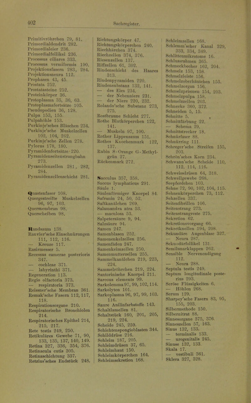 Primitivröhrchen {), 81. Primonlialdendrit 282. Priinordialcier 236. Primordialfollikel 236. Processus ciliares 333. Processus veriuiforniia 190. Projektionsfaseru 283, 284. Projektiousneura 112. Prophasen 43, 45. Prostata 252. Prostatasteine 252. Proteinkörper 36. Protoplasma 35, 36, 63. Protoplasmafortsätze 105. Pseudopodien 36, 128. Pulpa 153, 155. Pulpahöhle 153. Purkinje'sches Bläschen 234. Purkinje'sche Muskelzellen 102, 104, 262. Purkinje'sche Zellen 278. Pylorus 178, 180. Pyramidenfortsätze' 220. Pyramidenseitenstrangbahn 273. Pyramidenzellen 281, 282, 284. Pyramidenzellenschicht 281. Quastenfaser 108. Quergestreifte Muskelzellen 96, 97, 103. Quermembran 98. Querscheiben 98. Randsaum 138. Ranvier'sche Einschnürungen III, 112, 116. — Kreuze 117. Rasirmesser 5. Recessus caraerae posterioris 347. — Cochleae 371. — labyrinthi 371. Regeneration 113. Regio olfactoria 373. — respiratoria 373. Reissner'sche Membran 361. Remak'sche Fasern 112, 117, 118. Respirationsorgane 210. Respiratorische Bronchiolen 214. Respiratorisches Epithel 214, 215, 217. Rete testis 249, 250. Retikuläres Gewebe 71, 90, 133, 135, 137, 140, 149. Retina 327, 336, 354, 376. Retinacula cutis 305. Retinaschichtung 337. Retzius'sches Endstück 248, Richtuiigskörper 47. Richtungskörperchen 240, Riechhiirchen 374. Riechzellen 374, 376. Riesenzellen 137. Rillzellen Ol, 302. Rindenscliicht des Haares 313. Rindenpyramiden 220. Rindensubstanz 132, 141. — des Eies 234. — der Nebenniere 231. — der Niere 220, 232. Rolando'sche Substanz 273, 275. Rostbraune Schicht 277. Rothe Blutkörperchen 122, 141. — Muskeln 97, 100. Rother Lippensaum 151. Rothes Knochenmark 122, 137. Rubin S-Orange G-Methyl- grün 27. Rückenmark 272. Sacculus 357, 358. Saccus lymphaticus 291. Säule 1. Säulenförmiger Knorpel 84. Safranin 24, 50, 52. Saftkanälchen 269. Salamandra atra 53. — maculosa 53. Salpetersäure 9, 94. Salzsäure 94. Samen 247. Samenblasen 252. Sameneukelzellen 256. Samenfäden 247. Samenkeimzellen 250. Samenmutterzellen 255. Sammelkanälchen 219, 223, 224. Sammelröhrchen 219, 224. Santorinische Knorpel 211. Sarcous Clements 99. Sarkolemma 97, 99, 102,114. Sarkolyten 101. Sarkoplasma 96, 97, 99, 103. 116. Saure AnilinfarbstofFe 143. Schaltlamellen 81. Schaltstück 160, 201, 205, 219, 224. Scheide 245, 259. Schichtenspongioblasten 344. Schilddrüse 216. Schleim 187, 205. Schleimdrüsen 37, 65. Schleimhaut 150. Schleimkörperchen 164. Schleimsekretion 168. Schleimzellen 168. Schlemm'scher Kanal 329, 333, 334, 349. Schlittenmikrotome 16. Schlussrahmen 365. Schmeckbecher 162, 204. Schmelz 153, 1.58. Schnielzleiste 156. Sehmelzoberhäutchen 153. Schmelzorgan 150. Schmelz))rismen 154, 203. Schmelzpulpa 158. Schmelzzellen 203. Schnecke 360, 372. Schneiden 5, 15. Schnitte 5. , Schnittfärbung 22. — Schema 29. Schnittstrecker 18. Schnürfaser 88. Schnürring III. Schreger'sche Streifen 155, 203. Schrön'sches Korn 234. Schwann'sche Scheide 110, 112, 114, 116. Schweissdrüsen 64, 318. Schwellgewebe 268. Seepferdchen 103. Sehne 72, 90, 102, 104, 115. Sehnenkörperchen 73, 112. Sehzellen 337. Seitenfibrilleu 106. Seitenstrang 273. Seitenstrangreste 275. Sekretion 62. Sekretionsvorgang 66. Sekretknollen 194, 208. Sekundäre Augenblase 327. — Neura 287. Sekuiidärfollikel 131. Semilunarklappen 262. Sensible Nervenendigung 112. — Neura 288. Septula testis 249. Septum longitudinale poste- rius 293. Seröse Flüssigkeiten 6. — Höhlen 268. Serum 129. Sharpey'sche Fasern 83, 95, 155, 203. Silbermethode 150. Silbernitrat 88. Sinnesorgane 375, 376. Sinneszellen 57, 163. Sinus 132, 133. — terminalis 133. — urogenitalis 245. Sinuse 132, 133. Skala 17. — vestibuli 361. Sklera 327, 328.