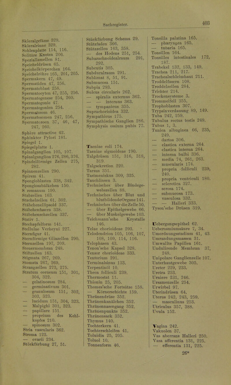 Skleralgefässe 829. Skleralrinue 329. SohlenpJatte 114, 116. Solitäre Knoten 206. Speziallamellen 81. Speicheldrüsen 65. Speichelliörperchen 164. Speichelröhre 165, 201, 205. Sperniakern 47, 49. Spermatiden 47, 250. Spermatoblast 258. Spermatocyten 47, 255, 256. Spermatogenese 254, 260. Spermatogonie 47. Spermatogonien 254. Spermatosom 46. Spermatosomeu 247, 256. Spermatozoen 37, 46, 47, 247, 260. Sphere attractive 42. Sphinkter Pylori 181. Spiegel 1. Spiegelplatte 1. Spinalganglien 105, 107. Spinalganglion 276, 286, 376. Spindelförmige Zellen 275, 282. Spinnenzellen 290. Spirem 41. Spongioblasten 338, 342. Spongiosabälkchen 150. S romaunra 190. Stabzellen 163. Stachelzellen 61, 302. Stäbchenellipsoid 337. Stäbchenfasern 338. Stäbchensehzelleu 337. Stativ 1. Stechapfelform 141. Stellulae Verheyni 227. Sternfigur 41. Sternförmige Gliazellen 290. Sternzellen 197, 209. Steuermembran 248. Stiftzellen 163. Stigmata 267, 269. Stomata 267, 269. Strangzellen 273, 275. Stratum corneum 151, 301, 304, 322. — gelatinosum 284. — germinativum 301. — granulosum 151, 302, 303, 323. — lucidum 151, 304, 323. — Malpighi 301, 323. — papilläre 151. — proprium des Kehl- kopfes 210. — spinosum 302. Stria vascularis 362. Stroma 123. — ovarii 234. Stiickfarbung 27, 51. Stückfärbung Schema 29. Stützfaden 366. Stützzellen 163, 358. _ des Hodens 251, 254. Subarachnoidealraum 291, 292. Subcutis 305. Subduralraum 291. Sublimat 8, 51, 91. Submucosa 151. Subpia 293. Sulcus circularis 262. — spiralis externus 362. — — internus 363. — tympanicus 355. Suprachorioidea 332. Sympathicus 175. Sympathische Ganglien 286. Symphysis ossium pubis 77. Taeniae coli 174. Taeniae sigmoideae 190. Talgdrüsen 151, 316, 318, 319. Talgsekretion 220. Tai-sus 351. Tastmeniskus 309, 325. Tauchliusen 3. Technisches über Bindege- webszellen 88. Technisches über Blut und blutbildendeOrgane 141. Technisches über die Zelle 50. — über Epithelgewebe 66. — über Muskelgewebe 103. Teichmann'sche Krystalle 146. Telae chorioideae 293. Telodendrion 105, 106, 107, 108, 109, 114, 116. Telophasen 43. Tenon'sche Kapsel 328. Tensor chorioideae 333. Tentorium 291. Terminalsinus 133. Terpentinöl 10. Theca folliculi 239. Thermostat 11. Thionin 25, 205. Thomes'sche Fortsätze 158. — Körnerschichte 159. Thränendrüse 352. Thränenkanälchen 352. Thränennasengang 352. Thränenpunkte 352. Thränensack 352. Thymus 140. Toehterkern 41. Tochterschleifen 41. Toluidin 25, 205. Toluol 10. I Tonnenform 46, Tonsilla palatina 165. — pharyngea 165. — tubaria 165, Tonsillen 164, Tonsilles intestinales 172, 187, Trabekel 132, 133, 149, Trachea 211, 217. Trachealschleimhaut 211, Troddelfasern 108, Troddelzellen 284. Trichter 214, Trockensysteme 3. Trommelfell 355, Trophoblasten 307, Trypsinverdauung 89, 149. Tuba 242, 259. Tubulus rectus testis 249. Tubus 1, 3. Tunica albuginea 66, 235, 249, — dartos 306. — elastica externa 264. — elastica interna 264. — interna bulbi 336. — media 74, 261, 263. — niuscularis 174. — propria -folliculi 239, 240. — propria ventriculi 180. — sclerotica 327. — serosa 174. — submucosa 173. — vasculosa 332. — — Halleri 333. Tyson'sche Drüsen 319. Uebergangsepithel 62. Ueberosmiumsäure 7, 34. Umordnungsstadium 41, 43. Umrandungsmassen 31. Umwallte Papillen 161. Uudulirende Membran 37, 248. Unipolare Ganglienzelle 107. Unterhautgewebe 305. Ureter 229, 233. Uretra 253. Urniere 231, 246, Ursamenzelle 254. Urwirbel 97. üterindrüsen 64. Uterus 242, 243, 259. — masculinus 253. Utriculus 357, 388. Uvula 152. Vagina 242. Vakuolen 37. Vas aberrans Halleri 250. Vasa afFerentia 131, 225. — efferentia 131, 225. 26*