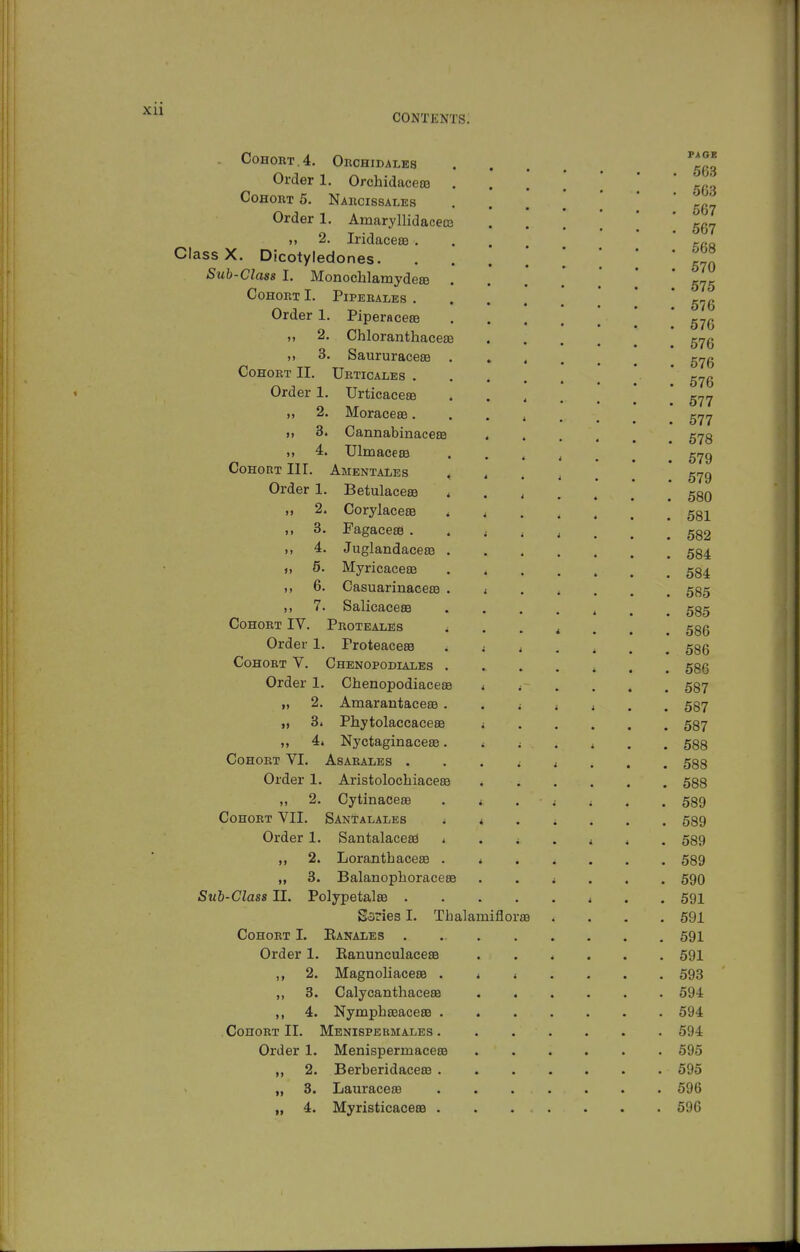 CONTENTS. Cohort. 4. Orchidales Order 1. Orchidacese Cohort 5. Narcissales Order 1. Amaryllidacece 2. Iridaceaa . Class X. Dicotyledones. Sub-Class I. Monochlamydeffi Cohort I. Piperales . Order 1. Piperacere ), 2. ChloranthaceaB n 3. SaururacesB Cohort II. Urticales . Order 1. Urticaceee „ 2. MoraceEB. >, 3. CannabinacesB 4. UlmacesB Cohort III. AmentaI/Es Order 1. Betulacese „ 2, )> 3. >. 4. „ S. „ 6. „ 7. Cohort IV Order Cohort V. Order 1. 2. CorylacesB Fagacese . Juglandaceas Myricace£B CasuarinacefB SalicacesB Proteales 1. Proteace89 Chenopodiales ChenopodiacesB AmarantacesB „ 3. Pliytolaccace£e ,, 4. Nyctaginacese Cohort VI. Asarales . Order 1. Aristolochiacess ,, 2. Cytinace£B Cohort VII. Santalales Order 1. Santalacea3 „ 2. Lorantbaceffi 3. Balanophoracese Sub-Class II. Polypetalce . Ssries I. Thalamiflorae Cohort L Banaies . Order 1. EanunculacesB 2. MagnoliacetB ,, 3. CalycanthacesB ,, 4. NymphssaceeB Cohort II. Menispermales Order 1. Menispermaceee ,, 2. Berberidace83 „ 3. Lauracefe „ 4. MyristicaceeB