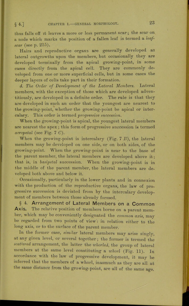 thus falls off it leaves a more or less permanent scar; the scar on a node which marks the position of a fallen leaf is termed a leaf- scar (see p. 215). Hairs and reproductive organs are generally developed aa lateral outgrowths upon the members, but occasionally they are developed terminally from the apical growing-point, in some cases directly from the apical cell. They are commonly de- veloped from one or more superficial cells, but in some cases the deeper layers of cells take part in their formation. d. The Order of Development of the Lateral Members. Lateral members, with the exception of those which are developed adven- titiously, are developed in a definite order. The rule is that they are developed in such an order that the youngest are nearest to the growing-point, whether the growing-point be apical or inter- calary. This order is termed progressive sticcessum. When the growing-point is apical, the youngest lateral members are nearest the apex ; this form of progressive succession is termed acropetal (see Fig. 7 C). When the growing-point is intercalary (Fig. 7 B), the lateral members may be developed on one side, or on both sides, of the growing-point. When the growing-point is near to the base of the parent member, the lateral members are developed above it; that is, in hasipetal succession. When the growing-point is in the middle of the parent member, the lateral members are de- veloped both above and below it. Occasionally, particularly in the lower plants and in connexion with the production of the reproductive organs, the law of pro- gressive succession is deviated from by the intercalary develop- ment of members between those already formed. § 4. Arrangement of Lateral Members on a Common Axis. The relative position of members borne on a parent mem- ber, which may be conveniently designated the covivion axis, may be regarded from two points of view: in relation either to the long axis, or to the sui-face of the parent member. In the former case, similar lateral members may arise singly, at any given level, or several together; the former is termed the scattered arrangement, the latter the whorled, the group of lateral members at the same level constituting a whorl (Fig. 11). In accordance with the law of progressive development, it may be inferred that the members of a whorl, inasmuch as they are all at the same distance from the growing-point, are all of the same age.