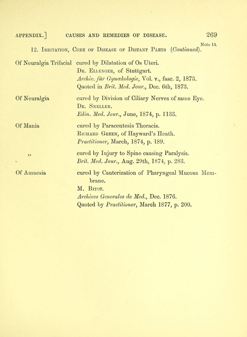 12. Irritation^ Cure op Disease op Distant Parts [Gontinued] Of Neuralgia Trifacial cured by Dilatation of Os Uteri. Dr. EllengeRj of Stuttgart. Archiv.fur Gyncekologie, Vol. v.^ fasc. 2, 1873. Quoted in Brit. Med. Jour., Dec. 6th., 1873. Note 14. Of Neuralgia Of Mania Of Amnesia cured by Division of Ciliary Nerves of same Eye. Dr. Snellen. Edin. Med. Jour., June, 1874, p. 1133. cured by Paracentesis Thoracis. EiCHARD GfEEEN, of Hayward's Heath. Practitioner, March, 1874, p. 189. cured by Injury to Spine causing Paralysis. Brit. Med. Jour., Aug. 29th, 1874, p. 283. cured by Cauterization of Pharyngeal Mucous Mem- brane. M. Bitot. Archives Generates de Med., Dec. 1876.