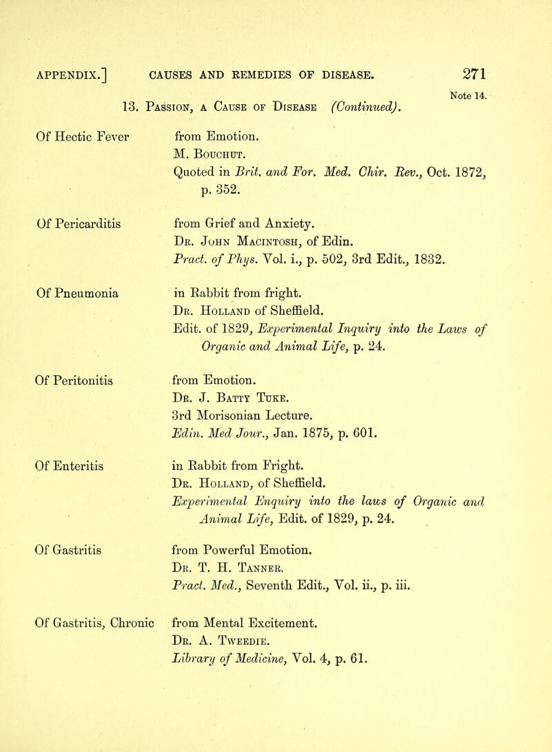 13. Of Hectic Fever Passion, a Cause of Disease (Continued). Note 14. Of Pericarditis Of Pneumonia Of Peritonitis Of Enteritis Of Gastritis from Emotion. M. BOUCHUT. Quoted in Brit, and For. Med. Chir. Rev., Oct. 1872, p. 352. from Grief and Anxiety. De. John Macintosh, of Edin. Prad. ofPhys. Vol. i., p. 502, 3rd Edit., 1832. in Rabbit from fright. Dr. Holland of Sheffield. Edit, of 1829, Experimental Inquiry into the Laws of Organic and Animal Life, p. 24. from Emotion. De. J. Batty Tuee. 3rd Morisonian Lecture. Edin. Med Jour., Jan. 1875, p. 601. in Rabbit from Fright. Dr. Holland, of Sheffield. Experimental Enquiry into the laws of Organic and Animal Life, Edit, of 1829, p. 24. from Powerful Emotion. Dr. T. H. Tannee. Pract. Med., Seventh Edit., Vol. ii., p. iii. . Of Gastritis, Chronic from Mental Excitement. Dr. a. Tweedie.