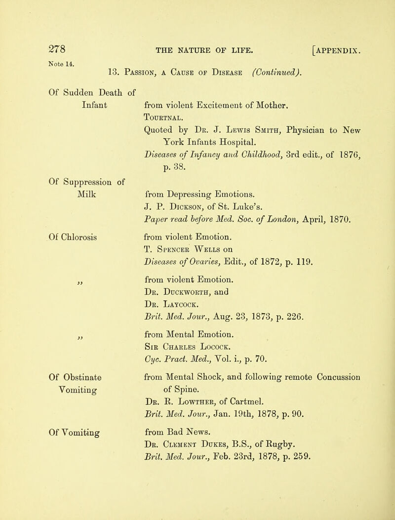 Note 14. 13. Passion, a Cause op Disease (Continued). Of Sudden Death of Infant Of Suppression of Milk Of Chlorosis Of Obstinate Vomiting Of Vomiting from violent Excitement of Mother. TOURTNAL. Quoted by Dr. J. Lewis Smith, Physician to New- York Infants Hospital. Diseases of Infancy and Childhood, 3rd edit., of 1876, p. 38. from Depressing Emotions. J. P. Dickson, of St. Luke's. Paper read before Med. Soc. of London, April, 1870. from violent Emotion. T. Spencer Wells on Diseases of Ovaries, Edit., of 1872, p. 119. from violent Emotion. De. Duckworth, and Dr. Laycock. Brit. Med. Jour., Aug. 23, 1873, p. 226. from Mental Emotion. Sir Charles Locock. Gyc. Pract. Med., Vol. i., p. 70. from Mental Shock, and following remote Concussion of Spine. Dr. R. Lowther, of Cartmel. Brit. Med. Jour., Jan. 19th, 1878, p. 90. from Bad News. Dr. Clement Dukes, B.S., of Rugby. Brit. Med. Jour., Feb. 23rd, 1878, p. 259.