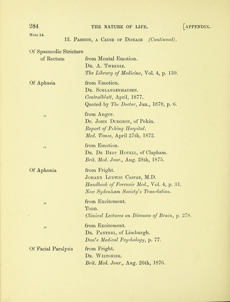 Note 14. 13. Passion, a Cause op Disease (Continued). Of Spasmodic Stricture of Rectum from Mental Emotion. De. a. Tweedie. The Library of Medicine, Vol. 4<, p. 130. Of Aphasia from Emotion. De. Schlangenhausen. Gentralhlatt, April, 1877. Quoted by The Doctor, Jan., 1878, p. 6. „ from Anger. Dr. John Dudgeon, of Pekin. Report of Peldng Hospita l. Med. Times, April 27tli, 1872. from Emotion. Dr. De Beet Hovell, of Clapham. Brit. Med. Jour., Aug. 28tli, 1875. Of Aphonia from Fright. JOHANN LUDWIG CaSPAE, M.D. Handbook of Forensic Med., Vol. 4, p. 31. New Sydenham Society's Trandation. from Excitement. Todd. Clinical Lectures on Diseases of Brain, p. 278. from Excitement. De. Panthel, of Limburgh. Dun's Medical Psychology, p. 77. Of Facial Paralysis from Fright. Dr. Wiltshire. Brit. Med. Jour., Aug. 26th, 1876.