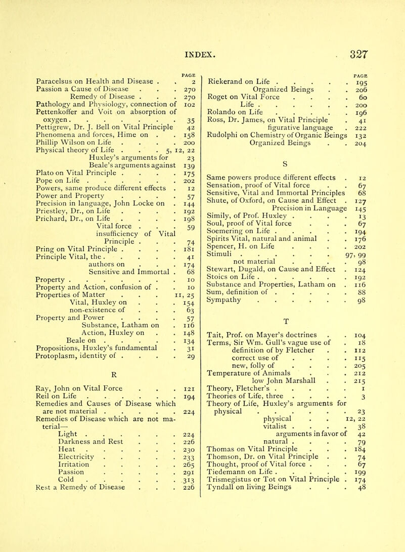 PAGE Paracelsus on Health and Disease . . 2 Passion a Cause of Disease . . . 270 Remedy of Disease . . . 270 Pathology and Physiology, connection of 102 Pettenkoffer and Voit on absorption of oxygen 35 Pettigrew, Dr. J. Bell on Vital Principle 42 Phenomena and forces, Hime on . . 158 Phillip Wilson on Life .... 200 Physical theory of Life . . . 5,12,22 Huxley's arguments for 23 Beale's arguments against 139 Plato on Vital Principle .... 175 Pope on Life ...... 202 Powers, same produce different effects . 12 Power and Property .... 57 Precision in language, John Locke on . 144 Priestley, Dr., on Life .... 192 Prichard, Dr., on Life .... 198 Vital force ... 59 insufficiency of Vital Principle ... 74 Pring on Vital Principle .... 181 Principle Vital, the ..... 41 authors on . . .174 Sensitive and Immortal . 68 Property 10 Property and Action, confusion of . .10 Properties of Matter . . . 11,25 Vital, Huxley on . . . 154 non-existence of . . -63 Property and Power .... 57 Substance, Latham on .116 Action, Huxley on . . 148 Beale on . . . . . 134 Propositions, Huxley's fundamental . 31 Protoplasm, identity of . . . -29 R Ray, John on Vital Force . . . 121 Reil on Life ...... 194 Remedies and Causes of Disease which are not material ..... 224 Remedies of Disease which are not ma- terial—■ Light 224 Darkness and Rest . . . 226 Heat 230 Electricity ..... 233 Irritation ..... 265 Passion ..... 291 Cold ...... 313 Rest a Remedy of Disease . . . 226 PAGE Riekerand on Life 195 Organized Beings . . 206 Roget on Vital Force .... 60 Life ...... 200 Rolando on Life ..... 196 Ross, Dr. James, on Vital Principle . 41 figurative language . 222 Rudolphi on Chemistry of Organic Beings 132 Organized Beings . . 204 S Same powers produce different effects . 12 Sensation, proof of Vital force . . 67 Sensitive, Vital and Immortal Principles 68 Shute, of Oxford, on Cause and Effect . 127 Precision in Language 145 Simily, of Prof. Huxley .... 13 Soul, proof of Vital force ... 67 Soemering on Life ..... 194 Spirits Vital, natural and animal . . 176 Spencer, H. on Life .... 202 Stimuli 97, 99 not material . . . .98 Stewart, Dugald, on Cause and Effect . 124 Stoics on Life ...... 192 Substance and Properties, Latham on . 116 Sum, definition of 88 Sympathy ...... 98 T Tait, Prof, on Mayer's doctrines . . 104 Terms, Sir Wm. Gull's vague use of . 18 definition of by Fletcher . .112 correct use of . . . • 115 new, folly of .... 205 Temperature of Animals . . . 212 low John Marshall . •215 Theory, Fletcher's i Theories of Life, three .... 3 Theory of Life, Huxley's arguments for physical ...... 23 physical . . 12, 22 vitalist .... 38 arguments in favor of 42 natural .... 79 Thomas on Vital Principle . . . 184 Thomson, Dr. on Vital Principle . . 74 Thought, proof of Vital force ... 67 Tiedemann on Life 199 Trismegistus or Tot on Vital Principle . 174 Tyndall on living Beings ... 48