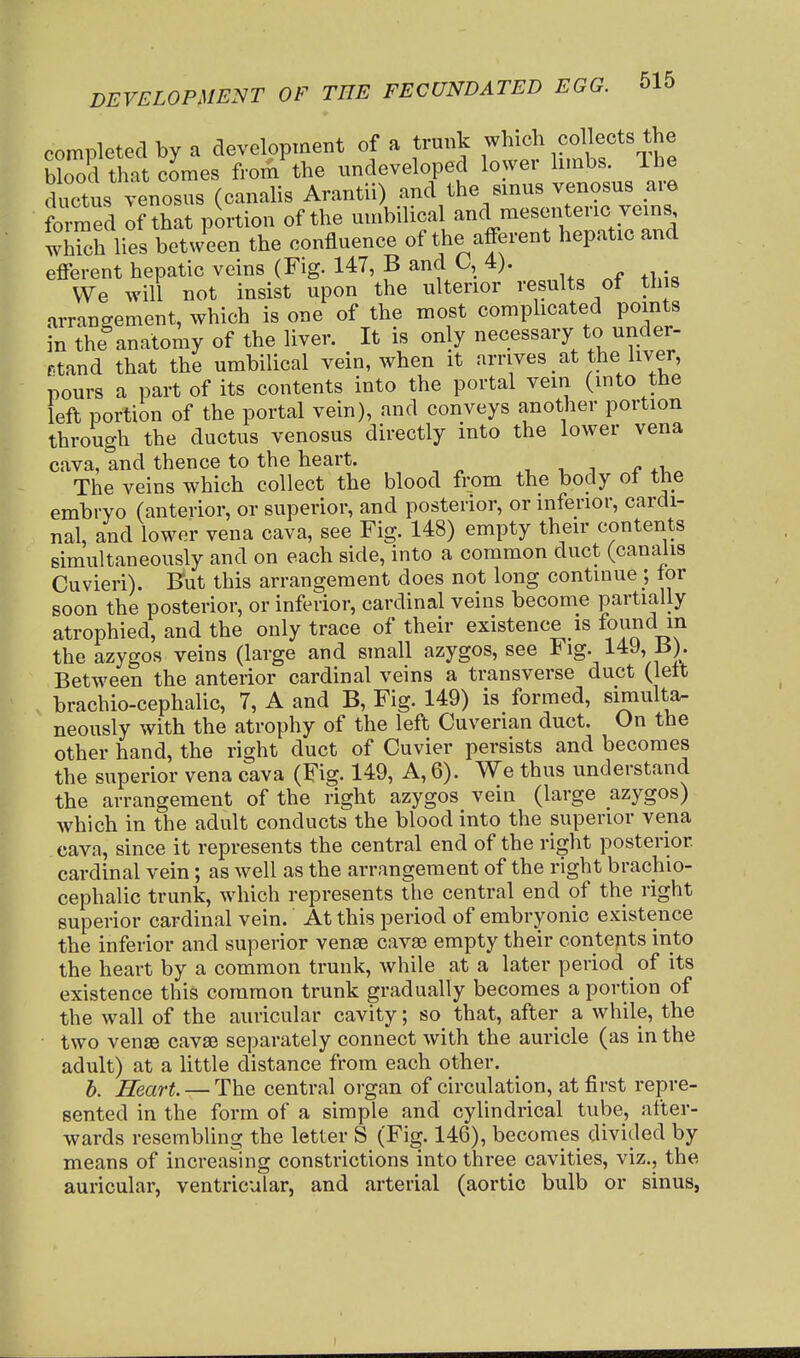 completed by a development of a trunk which collects^he blood that comes froih the undeveloped lo vei limbs, ilie ductus venosus (canalis Arantii) and the sinus venosus are foTrned of that portion of the umbilical and mesenteric veins wMch lies between the confluence of the afferent hepatic and efferent hepatic veins (Fig. 147, B and O, 4). We will not insist upon the ulterior results of this arrangement, which is one of the most comphcated points in theanatomy of the liver. It is only necessary to under- stand that the umbilical vein, when it arrives at the liver, pours a part of its contents into the portal vein (into the left portion of the portal vein), and conveys another portion through the ductus venosus directly into the lower vena cava, and thence to the heart. , , i r. .i The veins which collect the blood from the body ol the embryo (anterior, or superior, and posterior, or inferior, cardi- nal, and lower vena cava, see Fig. 148) empty their contents simultaneously and on each side, into a common duct (canalis Cuvieri). But this arrangement does not long continue ; tor soon the posterior, or inferior, cardinal veins become partially atrophied, and the only trace of their existence is found m the azygos veins (large and small azygos, see Fig. 14J, B). Between the anterior cardinal veins a transverse duct (lett brachio-cephalic, 7, A and B, Fig. 149) is formed, simulta. neously with the atrophy of the left Cuverian duct. On the other hand, the right duct of Cuvier persists and becomes the superior vena cava (Fig. 149, A, 6). We thus understand the arrangement of the right azygos vein (large azygos) which in the adult conducts the blood into the superior vena cava, since it represents the central end of the right posterior cardinal vein; as well as the arrangement of the right brachio- cephalic trunk, which represents the central end of the right superior cardinal vein. At this period of embryonic existence the inferior and superior vense cava? empty their contents into the heart by a common trunk, while at a later period of its existence this common trunk gradually becomes a portion of the wall of the auricular cavity; so that, after a while, the two venas cavsB separately connect with the auricle (as in the adult) at a little distance from each other. b. Heart. — The central organ of circulation, at first repre- sented in the form of a simple and cylindrical tube, after- wards resembling the letter S (Fig. 146), becomes divided by means of increasing constrictions into three cavities, viz., the auricular, ventricular, and arterial (aortic bulb or sinus,