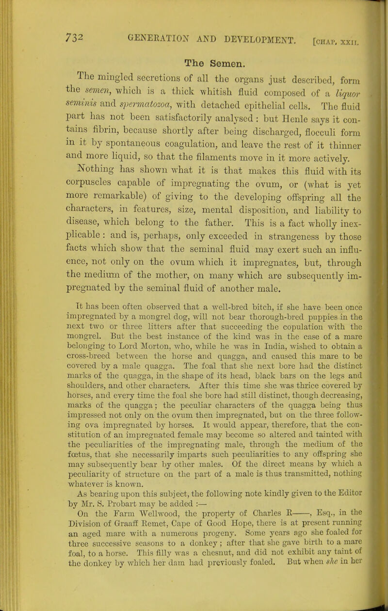 The Semen. The mingled secretions of all the organs just described, form the semen, which is a thick whitish fluid composed of a liquo?- seminis and spermatozoa, with detached epithelial cells. The fluid part has not been satisfactorily analysed : but Henle says it con- tains fibrin, because shortly after being discharged, flocculi form in it by spontaneous coagulation, and leave the rest of it thinner and more liquid, so that the filaments move in it more actively. Nothing has shown what it is that makes this fluid with its corpuscles capable of impregnating the ovum, or (what is yet more remarkable) of giving to the developing offspring all the characters, in features, size, mental disposition, and liability to disease, which belong to the father. This is a fact wholly inex- plicable : and is, perhaps, only exceeded in strangeness by those facts w^hich show that the seminal fluid may exert such an influ- ence, not only on the ovum which it impregnates, but, through the medium of the mother, on many which are subsequently im- pregnated by the seminal fluid of another male. Tt has been often observed that a well-bred bitch, if she have been once impregnated by a mongrel dog, A\dll not bear thorough-bred puppies in the next two or three litters after that succeeding the copulation with the mongrel. But the best instance of the kind was in the case of a mare belonging to Lord Morton, who, while he was in India, wished to obtain a cross-breed between the horse and quagga, and caused this mare to be covered by a male quagga. The foal that she next bore had the distinct marks of the quagga, in the shape of its head, black bars on the legs and shoulders, and other characters. After this time she was thi-ice covered by horses, and every time the foal she bore had still distinct, though decreasing, marks of the quagga; the peculiar characters of the quagga being thus impressed not only on the ovum then impregnated, but on the three follow- ing ova impregnated by horses. It would appear, therefore, that the con- stitution of an impregnated female may become so altered and tainted with the peculiarities of the impregnating male, through the medium of the foetus, that she necessarily imparts such peculiarities to any offspring she may subsequently bear by other males. Of the direct means by wliich a peculiarity of structm-e on the part of a male is thus transmitted, notliing whatever is known. As bearing upon this subject, the following note kindly given to the Editor by Mr. S. Probart may be added :— On the Farm Wellwood, the property of Charles E , Esq., in the Division of Graaff Remet, Cape of Good Hope, there is at present running an aged mare with a numerous progeny. Some years ago she foaled for three successive seasons to a donkey; after that she gave birth to a mare foal, to a horse. This filly was a chesnut, and did not exhibit any taint of the donkey by which her dam had previously foaled. But when she in her