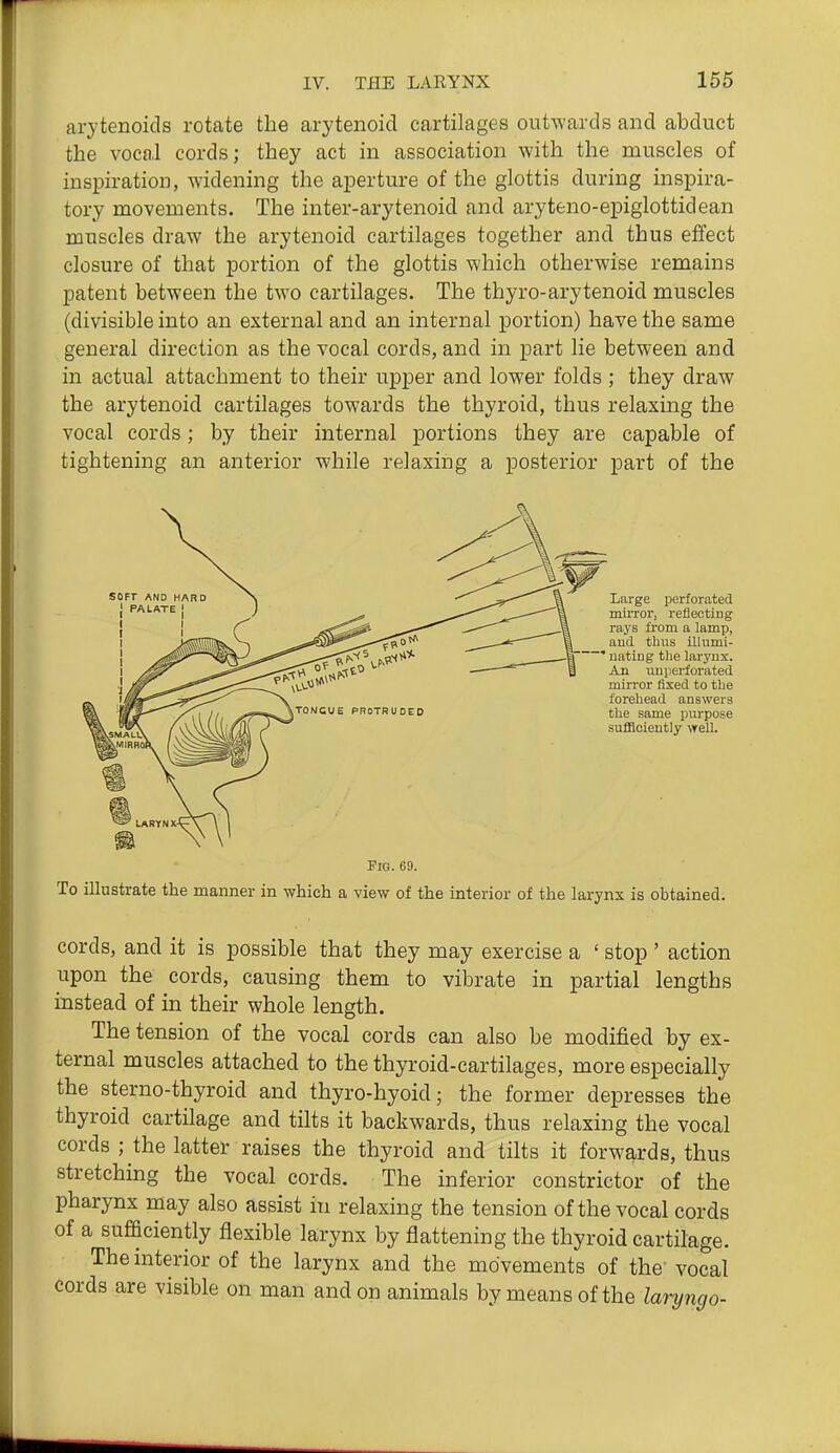 r IV. THE LARYNX 155 arytenoids rotate the arytenoid cartilages outwards and abduct the vocal cords; they act in association with the muscles of inspiration, widening the aperture of the glottis during inspira- tory movements. The inter-arytenoid and aryteno-epiglottidean muscles draw the arytenoid cartilages together and thus effect closure of that portion of the glottis which otherwise remains patent between the two cartilages. The thyro-arytenoid muscles (divisible into an external and an internal portion) have the same general direction as the vocal cords, and in part lie between and in actual attachment to their upper and lower folds ; they draw the arytenoid cartilages towards the thyroid, thus relaxing the vocal cords; by their internal portions they are capable of tightening an anterior while relaxing a posterior part of the Large perforated miiTor, reflecting rays from a lamp, and thus illumi- ' uating the larynx. An un perforated mirror fixed to the forehead answers the same purpose sufficiently well. Fig. 69. To illustrate the manner in which a view of the interior of the larynx is obtained. cords, and it is possible that they may exercise a ' stop ' action upon the cords, causing them to vibrate in partial lengths instead of in their whole length. The tension of the vocal cords can also be modified by ex- ternal muscles attached to the thyroid-cartilages, more especially the sterno-thyroid and thyro-hyoid; the former depresses the thyroid cartilage and tilts it backwards, thus relaxing the vocal cords ; the latter raises the thyroid and tilts it forwards, thus stretching the vocal cords. The inferior constrictor of the pharynx may also assist in relaxing the tension of the vocal cords of a sufaciently flexible larynx by flattening the thyroid cartilage. The interior of the larynx and the movements of the vocal cords are visible on man and on animals by means of the lary?igo-