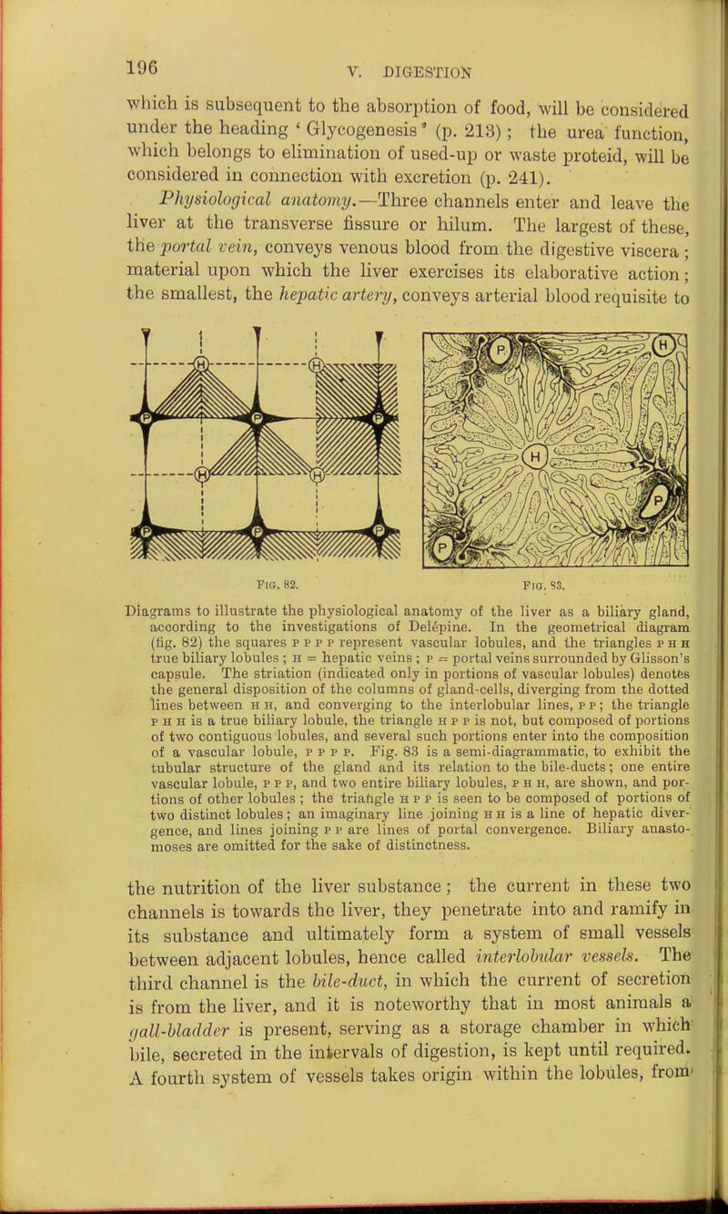 which is subsequent to the absorption of food, will be considered under the heading ' Glycogenosis* (p. 213); the urea function, which belongs to ehmination of used-up or waste proteid, will be considered in connection with excretion (p. 241), Physiological anatomy.—Three channels enter and leave the liver at the transverse fissure or hilum. The largest of these, the portal vein, conveys venous blood from the digestive viscera ; material upon which the liver exercises its elaborative action; the smallest, the hepatic artery, conveys arterial blood requisite to riS. 82. Pig. %S. Diagrams to illustrate the physiological anatomy of the liver as a biliary gland, according to the investigations of Del6pine. In the geometrical diagram (fig. 82) the squares p p p p represent vascular lobules, and the triangles p h h true biliary lobules ; h = hepatic veins ; p = portal veins surrounded by Glisson's capsule. The striation (indicated only in portions of vascular lobules) denotes the general disposition of the columns of gland-cells, diverging from the dotted lines between h h, and converging to the interlobular lines, p p ; the triangle p H H is a true biliary lobule, the triangle h p p is not, but composed of portions of two contiguous lobules, and several such portions enter into the composition of a vascular lobule, p p p p. Fig. 83 is a semi-diagrammatic, to exhibit the tubular structure of the gland and its relation to the bile-ducts; one entire vascular lobule, p p p, and two entii'e biliary lobules, p h h, are shown, and por- tions of other lobules ; the triaftgle h p p is seen to be composed of portions of two distinct lobules; an imaginary line joining hh is a line of hepatic diver- gence, and lines joining p p are lines of portal convergence. Biliary anasto-. moses are omitted for the sake of distinctness. the nutrition of the liver substance; the current in these two channels is towards the liver, they penetrate into and ramify in its substance and ultimately form a system of small vessels between adjacent lobules, hence called interlobular vessels. The third channel is the bile-duct, in which the current of secretion- is from the hver, and it is noteworthy that in most animals a gall-bladder is present, serving as a storage chamber in which bile, secreted in the intervals of digestion, is kept until required. A fourth system of vessels takes origin within the lobules, from'