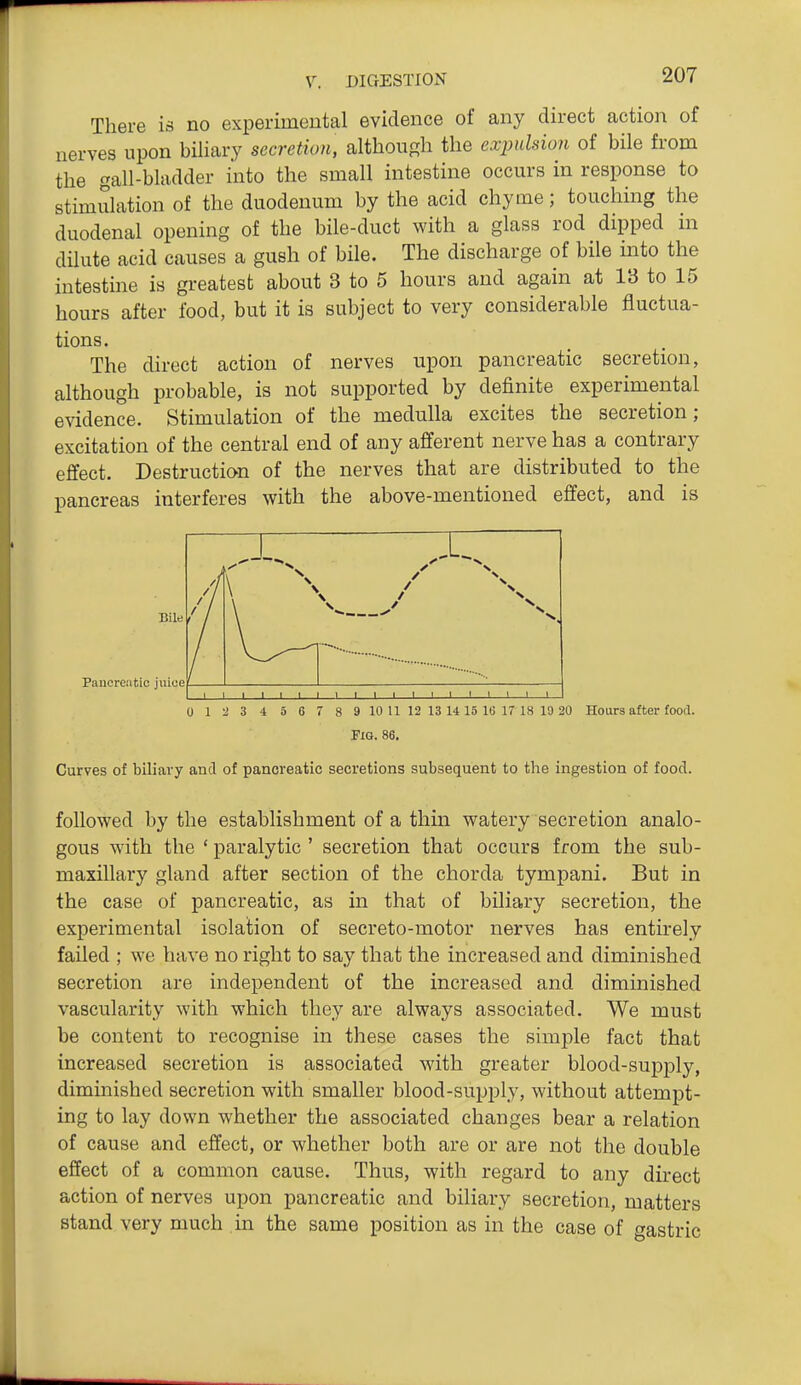 There is no experimeutal evidence of any direct action of nerves upon biliary secretion, although the exjmlsion of bile from the gall-bladder into the small intestine occurs in response to stimulation of the duodenum by the acid chyme; touching the duodenal opening of the bile-duct with a glass rod dipped in dilute acid causes a gush of bile. The discharge of bile into the intestine is greatest about 3 to 5 hours and again at 13 to 15 hours after food, but it is subject to very considerable fluctua- tions. The direct action of nerves upon pancreatic secretion, although probable, is not supported by definite experimental evidence. Stimulation of the medulla excites the secretion; excitation of the central end of any afferent nerve has a contrary effect. Destruction of the nerves that are distributed to the pancreas interferes with the above-mentioned effect, and is Bile /] / / 1 / < 1 1 \ V.../X Pancreatic juioe 1 1 1 1 I 1 1 1 1 1 1 I t 1 t 1 1 1 1 0123456789 10 11 12 13 14 15 16 17 18 19 20 Hours after food. Fig. 86. Curves of biliary and of pancreatic secretions subsequent to the ingestion of food. followed by the establishment of a thin watery secretion analo- gous with the ' paralytic ' secretion that occurs from the sub- maxillary gland after section of the chorda tympani. But in the case of pancreatic, as in that of biliary secretion, the experimental isolation of secreto-motor nerves has entirely failed ; we have no right to say that the increased and diminished secretion are independent of the increased and diminished vascularity with which they are always associated. We must be content to recognise in these cases the simj)le fact that increased secretion is associated with greater blood-supply, diminished secretion with smaller blood-supply, without attempt- ing to lay down whether the associated changes bear a relation of cause and effect, or whether both are or are not the double effect of a common cause. Thus, with regard to any direct action of nerves upon pancreatic and biliary secretion, matters stand very much in the same position as in the case of astric