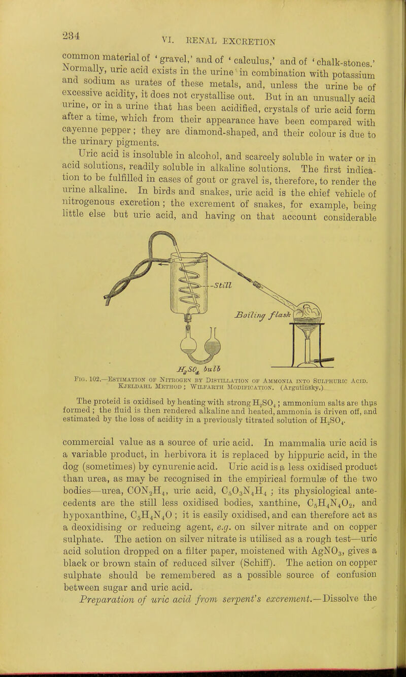 VI. KENAL EXCRETION cominon material of ' gravel,'and of ' calculus,' and of 'chalk-stones' iNormally, uric acid exists in the urine-in combination with potassium and sodium as urates of these metals, and, unless the urine be of excessive acidity, it does not crystalUse out. But in an unusually acid urme, or in a urine that has been acidified, crystals of uric acid form after a time, which from their appearance have been compared with cayenne pepper ; they are diamond-shaped, and their colour is due to the urinary pigments. Uric acid is insoluble in alcohol, and scarcely soluble in water or in acid solutions, readily soluble in alkaline solutions. The first indica- tion to be fulfilled in cases of gout or gravel is, therefore, to render the urine alkaline. In birds and snakes, uric acid is the chief vehicle of nitrogenous excretion ; the excrement of snakes, for example, being little else but uric acid, and having on that account considerable Jf^SO^ bull Fid. 102.—ESTIMAITON OP NiTIiOGEV BY DiSTILLATtOX OP AmMONU. IXTO SULPHUHIC AcID. Kjeldahl Method ; WrLPAU'ra Modipicatiox. (Argutinsky.) The proteid is oxidised by heating with strong H.^SO^; ammonium salts are thus formed ; the fluid is then rendered alkaline and heated, ammonia is driven oil, a,nd estimated by the loss of acidity in a previously titrated solution of H^SOj. commercial value as a source of uric acid. In mammalia uric acid is a variable product, in herbivora it is replaced by hippuric acid, in the dog (sometimes) by cynurenic acid. Uric acid is a less oxidised product than urea, as may be recognised in the empirical formulae of the two bodies—urea, CONoH,,, uric acid, Cn03N4H4 ; its physiological ante- cedents are the still less oxidised bodies, xanthine, C.5H4N4O2, and hypoxanthine, C5H4N4O ; it is easily oxidised, and can therefore act as a deoxidising or reducing agent, e.g. on silver nitrate and on copper sulphate. The action on silver nitrate is utihsed as a rough test—uric acid solution dropped on a filter paper, moistened with AgNOg, gives a black or brown stain of reduced silver (Schifi'). The action on copper sulphate should be remembered as a possible source of confusion between sugar and uric acid. Preparation of uric acid from serpent's excrement.—T>isso\\e the