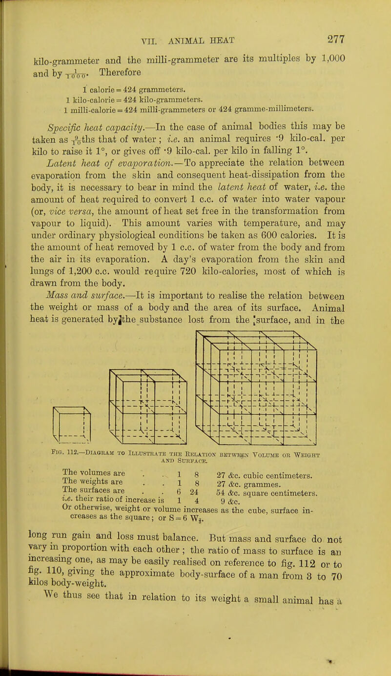 kilo-grammeter and the milli-grammeter are its multiples by 1,000 and by -n^tny. Therefore 1 calorie = 424 grammeters. 1 kilo-calorie = 424 kilo-grammeters. 1 milli-calorie = 424 milli-grammeters or 424 gramme-millimeters. Specific heat capacity.—In the case of animal bodies this may be taken as Aths that of water ; i.e. an animal requires -9 kilo-cal. per kilo to raise it 1°, or gives off -9 kilo-cal. per kilo in falling 1°. Latent heat of evaporation.—To appreciate the relation between evaporation from the skin and consequent heat-dissipation from the body, it is necessary to bear in mind the latent heat of water, i.e. the amoimt of heat required to convert 1 c.c. of water into water vapour (or, vice versa, the amount of heat set free in the transformation from vapour to liquid). This amount varies with temperature, and may under ordinary physiological conditions be taken as 600 calories. It is the amount of heat removed by 1 c.c. of water from the body and from the air in its evaporation. A day's evaporation from the skin and lungs of 1,200 c.c. would require 720 kilo-calories, most of which is drawn from the body. Mass and surface.—It is important to realise the relation between the weight or mass of a body and the area of its surface. Animal heat is generated byjthe substance lost from the [surface, and in the FT Ii I : 1 1 —f^^i 1 1 ---A 1 H -t- -)—u 1 < ' 1 < ' 1 ' ' ' ' . -' 1- i - Li ! III 1 1 -1'; 1 1 fv 1_( ^ i ' 1 ^ 1 ^ ! 1 -■^ ; 1 Fig. 112.—Diagram to Illustrate the Eklatjon betot-usn Voltjme or Weight and suhpace. The volumes are ..1 8 27 &c. cubic centimeters. The weights are ..1 8 27 &c. grammes. The surfaces are . . 6 24 54 &c. square centimeters. ^.e. their ratio of increase is 1 4 9 &c. Or otherwise, weight or volume increases as the cube, surface in- creases as the square; or S = 6 W5. long run gain and loss must balance. But mass and surface do not vary m proportion with each other ; the ratio of mass to surface is an increasmg one, as may be easily realised on reference to fig. 112 or to fig. 110, givuig the approximate body-surface of a man from 3 to 70 Kilos body-weight. We thus see that in relation to its weight a small animal has a