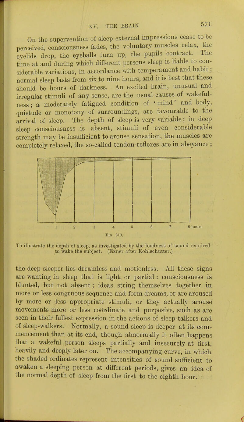 On the supervention of sleep external impressions cease to be perceived, consciousness fades, the voluntary muscles relax, the eyelids drop, the eyeballs turn up, the pupils contract. The time at and during which different persons sleep is liable to con- siderable variations, in accordance with temperament and habit; normal sleep lasts from six to nine hours, and it is best that these should be hours of darkness. An excited brain, unusual and irregular stimuh of any sense, are the usual causes of wakeful- ness ; a moderately fatigued condition of ' mind' and body, quietude or monotony of surroundings, are favourable to the arrival of sleep. The depth of sleep is very variable; in deep sleep consciousness is absent, stimuli of even considerable strength may be insufficient to arouse sensation, the muscles are completely relaxed, the so-called tendon-reflexes are in abeyance ; 1 2 3 4 5 6 7 8 hours Pig. 310. To illustrate the depth of sleep, as investigated by the loudness of sound required to wake the subject. (Bxner after Kohlsehiitter.) the deep sleeper lies dreamless and motionless. All these signs are wanting in sleep that is light, or partial: consciousness is blunted, but not absent; ideas string themselves together in more or less congruous sequence and form dreams, or are aroused l)y more or less appropriate stimuli, or they actually arouse movements more or less coordinate and purposive, such as are seen in their fullest expression in the actions of sleep-talkers and of sleep-walkers. Normally, a sound sleep is deeper at its com- mencement than at its end, though abnormally it often happens that a wakeful person sleeps partially and insecurely at first, heavily and deeply later on. The accompanying curve, in which the shaded ordinates represent intensities of sound sufficient to awaken a sleeping person at different periods, gives an idea of the normal depth of sleep from the first to the eighth hour.