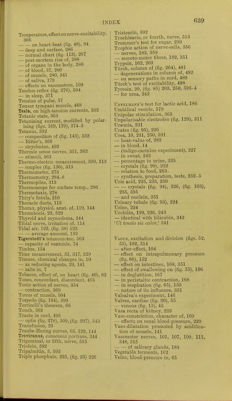 Temperature, effect on nerve-excitability, 36G on heart-beat (fig. 48), 94 — deep and surface, 28G — normal chart (fig. 113), 287 — post-mortem rise of, 288 — of organs in the body, 280 — of blood, 37, 280 — of muscle, 280, 341 — of saliva, 179 — effects on vasomotors, 109 Tendon-refiex (fig. 27G), 504 — in sleep, 571 Tension of pulse, 57 Tensor tympani muscle, 468 Tesla, on high-tension currents, 332 Tetanic state, 363 Tetanising current, modified by polar- ising (figs. 169, 170), 374-5 Tetanus, 332 — composition of (fig. 143), 332 — Bitter's, 366 — strychnine, 492 Thermic sense nerves, 351, 362 — stimuli, 363 Thermo-electric measurement, 309, 313 — couples (fig. 130), 313 TheiTQometer, 275 Thermometry, 284-8 Thei-mopiles, 313 Thermoscope for surface temp., 286 Thermotaxis, 278 Thiry's fistula, 210 Thoracic ducts, 115 Thorax, physiol. anat. of, 119, 144 Thrombosis, 23, 529 Thyroid and myxoedema, 244 Tibial nerve, irritation of, 114 Tidal air, 122, (fig. 58) 123 ■ average amount, 132 Tigerstedt's tetanomotor, 363 — capacity of ventricle, 74 Timbre, 154 Time measurement, 51, 317, 329 Tissues, chemical changes in, 10 — as reducing agents, 29, 141 — salts in, 7 Tobacco, eifect of, on heart (fig. 40), 82 Tones, concordant, discordant, 465 Tonic action of nerves, 354 —■ contraction, 369 Tonus of muscle, 504 Torpedo (fig. 194), 399 Torricelli's theorem, 66 Touch, 362 Tracts in cord, 495 — optic (fig. 278), 509, (fig. 297), 543 Transfusion, 23 Traube-Hering curves, 65, 129, 144 Treviraniis, consensus partium, 244 Trigeminal, or fifth, nerve, 513 Triolein, 592 Tripalmitin, 5, 592 Triple phosphate, 225, (fig. 95) 226 Tristearin, 592 Trochlearis, or fourth, nerve, 513 Tromraer's test for sugar, 239 Trophic action of nerve-cells, 356 — nerves, 182, 359 — secreto-motor fibres, 182, 351 Trypsin, 162, 203 Tiirck, column of (fig. 264), 481 — degenerations in column of, 492 — on sensory paths in cord, 489 Tiirck's test of excitability, 498 Tyrosin, 20, (fig. 85) 203, 250, 593-4 — for urea, 242 Uffemunn's test for lactic acid, 186 Umbilical vesicle, 579 Unipolar stimulation, 363 Unpolarisable electrodes (fig. 129), 311 Ursemia, 231 Urates (fig. 95), 226 Urea, 10, 231, 250, 591 — heat-value of, 283 — in blood, 14 — (indigo-carmine experiment), 227 — in sweat, 245 — percentage in urine, 225 — crystals (fig. 99), 232 — relation to food, 263 — synthesis, preparation, tests, 232-3 Uric acid, 225, 233, 250 crystals (fig. 94), 226, (fig. 103), 235, 595 — and nuclein, 251 Urinary tubule (fig. 93), 224 Urine, 224 Urobilin, 199, 226, 243 — identical with bilirubin, 242 'Ut tensio sic calor,' 341 Vagus, excitation and division (figs. 52, 55), 102, 514 — after-effect, 104 — effect on intrapulmonary pressure (fig. 66), 152 — effect on intestines, 168, 351 — eiiect of swallowing on (fig. 55), 106 — in deglutition, 167 — in peristaltic contraction, 168 — in respiration (fig. 65), 150 — nature of its influence, 351 Valsalva's experuxient, 146 Valves, cardiac (fig. 20), 55 — venous (fig. 15), 45 Vasa recta of kidney, 223 Vaso-constriction, character of, 109 — effects on renal blood-]Dressure, 229 Vaso-dilatation promoted by acidifica- tion of muscle, 141 Vasomotor nerves, 101, 107, 109, 111, 348, 515 of salivary glands, 183 Vegetable ferments, 162 Veins, blood-pressure in, 65