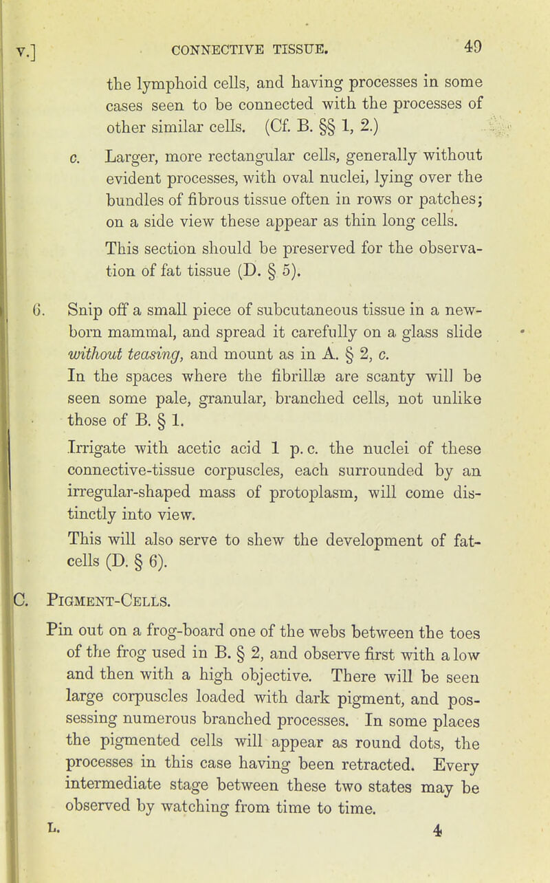 the lymphoid cells, and having processes in some cases seen to be connected with the processes of other similar cells. (Cf. B. §§ 1, 2.) c. Larger, more rectangular cells, generally without evident processes, with oval nuclei, lying over the bundles of fibrous tissue often in rows or patches; on a side view these appear as thin long cells. This section should be preserved for the observa- tion of fat tissue (D. § 5). Snip off a small piece of subcutaneous tissue in a new- born mammal, and spread it carefully on a glass slide without teasing, and mount as in A. § 2, c. In the spaces where the fibrillse are scanty will be seen some pale, granular, branched cells, not unlike those of B. § 1, Irrigate with acetic acid 1 p. c. the nuclei of these connective-tissue corpuscles, each surrounded by an irregular-shaped mass of protoplasm, will come dis- tinctly into view. This will also serve to shew the development of fat- cells (D. § 6). Pigment-Cells. Pin out on a frog-board one of the webs between the toes of the frog used in B. § 2, and obse™ first with a low and then with a high objective. There will be seen large corpuscles loaded with dark pigment, and pos- sessing numerous branched processes. In some places the pigmented cells will appear as round dots, the processes in this case having been retracted. Every intermediate stage between these two states may be observed by watching from time to time. L. 4