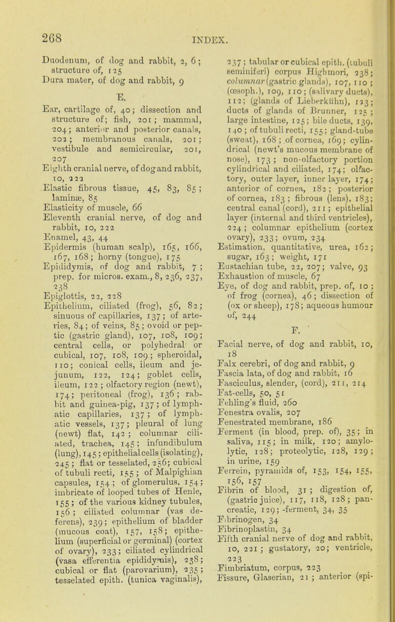 Duodeimni, of dog and rabbit, 2, 6; structure of, [25 Dura mater, of dog and rabbit, 9 E. Ear, cartilage of, 40; dissection and structure of; fish, 20r ; mammal, 204; anteriiir and posterior canals, 201; membranous canals, 201; vestibule and semicircular, 201, 207 Eiojlith cranial nerve, of dogand rabbit, 10, 122 Elastic fibrous tissue, 45, 83, 85 ; laminae, 85 Elasticity of muscle, 66 Eleventh cx-anial nerve, of dog and rabbit, 10, 222 Enamel, 43, 44 Epidermis (human scalp), 165, 166, 167, 168; horny (tongue), 175 Epididymis, of dog and rabbit, 7 ; prep, for micros, exam., 8, 236, 237, 23S Epiglottis, 22, 228 Ejnthelium, ciliated (frog), 56, 82; sinuous of capillaries, 137; of arte- ries, 84; of veins, 85; ovoid or pep- tic (gastric gland), 107, 108, 109; central cells, or polyhedral or cubical, 107, 108, 109; spheroidal, 110; conical cells, ileum and je- junum, 122, 124; goblet cells, ileum, 122 ; olfactory region (newt), 174; peritoneal (frog), 136; rab- bit and guinea-pig, 137 ; of lymph- atic capillaries, 137; of lymph- atic vessels, 137; pleural of lung (newt) flat, 142 ; columnar cili- ated, trachea, 145 ; iiifundibulum (lung), 145; epithelial cells (isolating), 245 ; flat or tesselated, 256; cubical of tubuli recti, 155; ofMalpighian capsules, 154; of glomerulus, 154; imbricate of looped tubes of Henle, 155; of the various kidney tubules, 156; ciliated columnar (vas de- ferens), 239; epithelium of bladder (mucous coat),' 157, 158; epithe- lium (superficial or germinal) (cortex of ovary), 233; ciliated cylindrical (vasa efFerentia epididymis), 238; cubical or flat (parovarium), 235 ; tesselated epith. (tunica vaginalis). 237 ; tabular or cubical epith. (lubuli seminiferi) corpus Highmori, 238; co/uTOTiar (gastric glands), 107, 110 ; (oesoph.), 109, no; (salivary ducts), 112; (glands of Lieberkiihn), 123; ducts of glands of Brunner, 125 ; large intestine, 125; bile ducts, 139, 140; of tubuli recti, 155; gland-tube (sweat), 168; of cornea, 169; cylin- drical (newt's mucous membrane of nose), 173; non-olfactory portion cylindrical and ciliated, 174; olfac- tory, outer layer, inner layer, 174; anterior of cornea, 182 ; posterior of cornea, 183; fibrous (lens), 183; central canal (cord), 211; epithelial layer (internal and third ventricles), 224 ; columnar epithelium (cortex ovary), 233; ovum, 234 Estimation, quantitative, urea, 162; sugar, 163; weight, 171 Eustachian tube, 22, 207; valve, 93 Exhaustion of muscle, 67 Eye, of dog and rabbit, prep, of, 10 ; of frog (cornea), 46; dissection of (ox or sheep), 17S; aqueous humour of, 244 F. ' Facial nerve, of dog and rabbit, 10, 18 Falx cerebri, of dog and rabbit, 9 Fascia lata, of dog and rabbit, 16 Fasciculu.s, slender, (cord), 211, 214 Fat-cells, 50, 51 Fehling's fluid, 260 Fenestra ovalis, 207 Fenestrated membrane, 186 Ferment (in blood, prep, of), 35; in saliva, 115; in milk, 120; amylo- lytic, 128; proteolytic, 128, 129; in urine, 159 Ferrein, pyramids of, 153, 154, 155, 156, 157 Fibrin of blood, 31 ; digestion of, (gastric juice), 117, 118, 128; pan- creatic, 129; -ferment, 34, 35 Fibrinogen, 34 Fibrinoplastin, 34 Fifth cranial nerve of dog and rabbit, 10, 221 ; gustatory, 20; ventricle, 223 Fimbriatum, corpus, 223 Fissure, Glaserian, 21 ; anterior (spi-