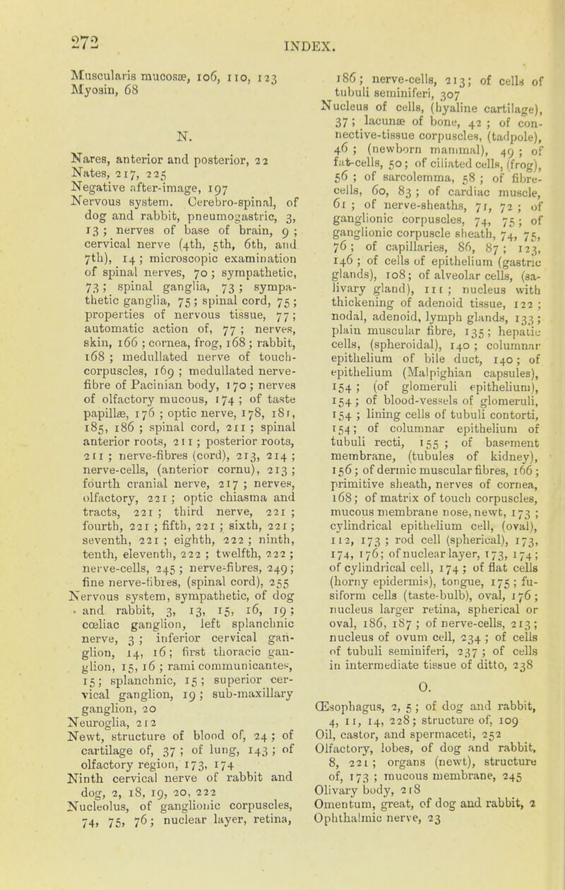 Muscularis raucosie, io6, no, 123 Myosin, 68 N. Nares, anterior and posterior, 22 Nates, 217, 225 Negative nfter-image, 197 Nervous system. Oerebro-spinal, of dog and rabbit, pneumogastric, 3, 13 ; nerves of base of brain, 9 ; cervical nerve (4th, 5th, 6th, and 7tli), 14 ; microscopic examination of spinal nerves, 70; sympathetic, 73; spinal ganglia, 73; sympa- thetic ganglia, 75 ; spinal cord, 75 ; properties of nervous tissue, 77; automatic action of, 77 ; nerves, skin, 166 ; cornea, frog, 168 ; rabbit, 168 ; meduUated nerve of touch- corpuscles, 169 ; meduUated nerve- fibre of Pacinian body, 170 ; nerves of olfactory mucous, 174 ; of taste papillae, 176 ; optic nerve, 178, 18 r, 185, 186 ; spinal cord, 211 ; spinal anterior roots, 211; posterior roots, 211 ; nerve-fibres (cord), 213, 214 ; nerve-cells, (anterior cornu), 213; fourth cranial nerve, 217 ; nerves, olfactory, 221 ; optic chiasma and tracts, 221 ; third nerve, 221 ; fourth, 221 ; fifth, 231 ; sixth, 221; seventh, 221 ; eighth, 222 ; ninth, tenth, eleventh, 222 ; twelfth, 222 ; nerve-cells, 245; nerve-fibres, 249; fine nerve-fibies, (spinal cord), 255 Nervous system, sympathetic, of dog . and rabbit, 3, 13, 15, 16, 19; coeliac ganglion, left splanchnic nerve, 3 ; inferior cervical gan- glion, 14, 16; first thoracic gan- glion, 15, 16 ; rami coramunicantes^, 15; splanchnic, 15; superior cer- vical ganglion, 19; sub-maxillary ganglion, 20 Neuroglia, 212 Newt, structure of blood of, 24 ; of cartilage of, 37 ; of lung, 143 ; of olfactory region, 173, 174 Ninth cervical nerve of rabbit and dog, 2, 18, 19, 20, 222 Nucleolus, of ganglionic corpuscles, 74> 75> 76; nuclear layer, retina. 186; nerve-cells, 213; of cells of tubuli seminiferi, 307 Nucleus of cells, (h'yahne cartilage), 37; lacunae of bone, 42 ; of con- nective-tissue corpuscles, (tadpole), 46 ; (newborn mammal), 49 ; of fat-cells, 50; of ciliated cells, (frog), 56 ; of sarcolemma, 58 ; of fibre- cells, 60, 83 ; of cardiac muscle, 61 ; of nerve-sheaths, 71, 72 ; of ganglionic corpuscles, 74, 75; of ganglionic corpuscle sheath, 74, 75, 76; of capillaries, 86, 87 ; 123, 146 ; of cells of epithelium (gastric glands), 108; of alveolar cells, (sa- livary gland), rii; nucleus with thickening of adenoid tissue, 122 ; nodal, adenoid, lymph glands, 133; plain muscular fibre, 135; hepatic cells, (spheroidal), 140 ; columnar epithelium of bile duct, 140; of epithelium (Malpighian capsules), 154 ; (of glomeruli epithelium), 154; of blood-vessels of glomeruli, 154 ; lining cells of tubuli contorti, 154; of columnar epithelium of tubuli recti, 155 ; of basement membrane, (tubules of kidney), 156; of dermic muscular fibres, 166; primitive sheath, nerves of cornea, 168; of matrix of touch corpuscles, mucous membrane nose, newt, 173 ; cylindrical epithelium cell, (oval), 112, 173 ; rod cell (spherical), 173, 174, 176; of nuclear layer, 173, 174; of cylindrical cell, 174 ; of flat cells (horny epidermis), tongue, 175 ; fu- siform cells (taste-bulb), oval, 176; nucleus larger retina, spherical or oval, 186, 1S7 ; of nerve-cells, 213; nucleus of ovum ceil, 234 ; of cells of tubuli seminiferi, 237 ; of cells in intermediate tissue of ditto, 238 0. (Esophagus, 2, 5 ; of dog and rabbit, 4, II, 14, 228; structure of, 109 Oil, castor, and spermaceti, 252 Olfactory, lobes, of dog and rabbit, 8, 221 ; organs (newt), structure of, 173 ; mucous membrane, 245 Olivary body, 218 Omentum, great, of dog and rabbit, 2 Ophthalmic nerve, 23