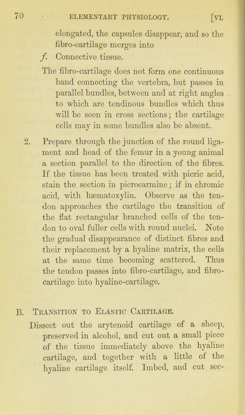 elongated, the capsules disappear, and so the fibro-cartilage merges into /. Connective tissue. The fibro-cartilage does not form one continuous band connecting the vertebra, but passes in parallel bundles, between and at right angles to which are tendinous bundles which thus will be seen in cross sections; the cartilage cells may in some bundles also be absent. 2. Prepare through the junction of the round liga- ment and head of the femur in a young animal a section parallel to the direction of the fibres. If the tissue has been treated with picric acid, stain the section in picrocarmine; if in chromic acid, with hsematoxylin. Observe as the ten- don approaches the cartilage the transition of the flat rectangular branched cells of the ten- don to oval fuller cells with round nuclei. Note the gradual disappearance of distinct fibres and their replacement by a hyaline matrix, the cells at the same time becoming scattered. Thus the tendon passes into fibro-cartilage, and fibro- Cartilage into hyaline-cartilage. B. Transition to Elastic Cartilage. Dissect out the arytenoid cartilage of a sheep, preserved in alcohol, and cut out a small piece of the tissue immediately above the hyaline cartilage, and together with a little of the hyaline cartilage itself. Imbed, and cut sec-