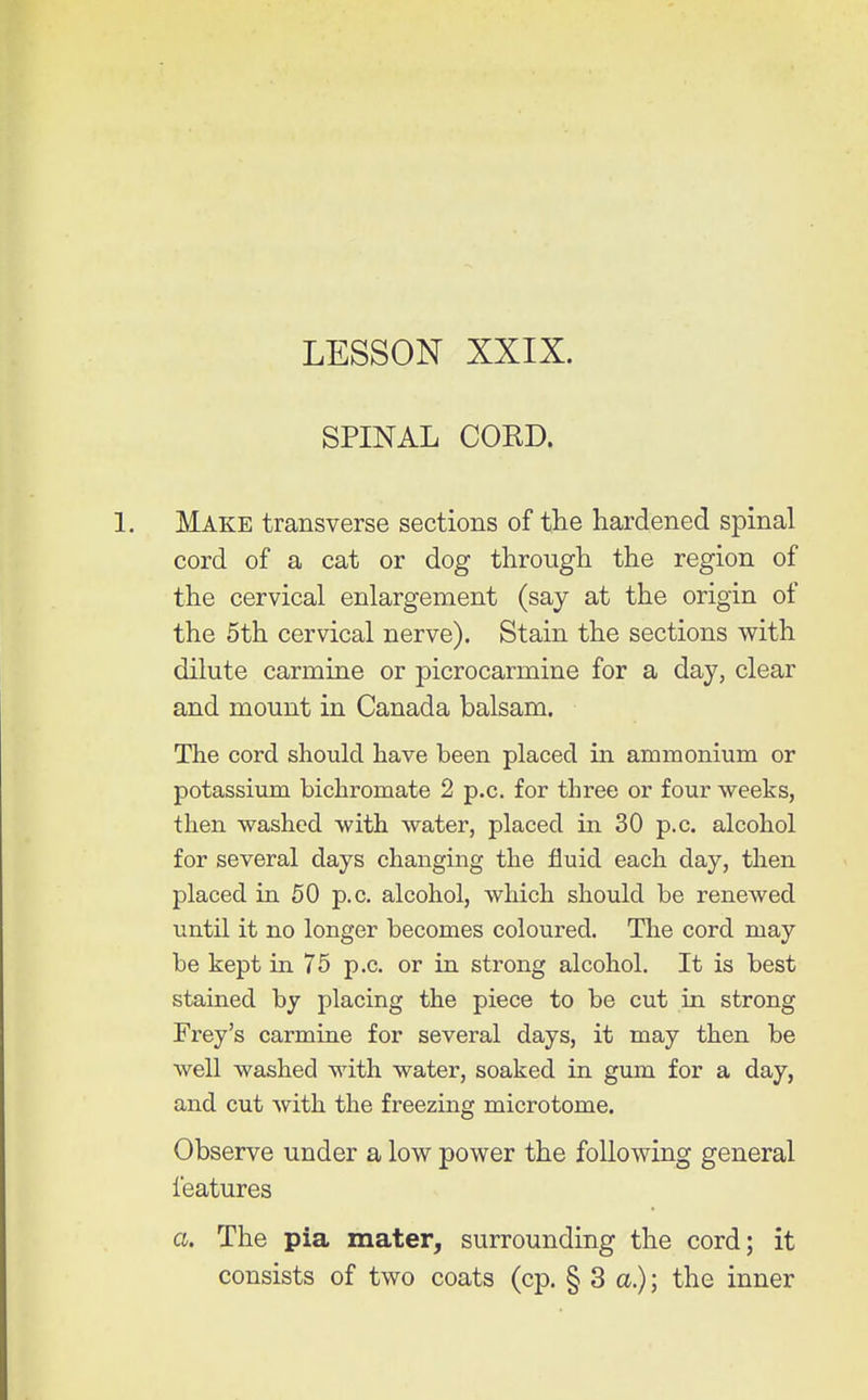 LESSON XXIX. SPINAL CORD. Make transverse sections of tlie hardened spinal cord of a cat or dog tlirough the region of the cervical enlargement (say at the origin of the 5th cervical nerve). Stain the sections with dilute carmine or picrocarmine for a day, clear and mount in Canada balsam. The cord should have been placed in ammonium or potassium bichromate 2 p.c. for three or four weeks, then washed with water, placed in 30 p.c. alcohol for several days changing the fluid each day, then placed in 50 p.c. alcohol, which should be renewed until it no longer becomes coloured. The cord may be kept in 75 p.c. or in strong alcohol. It is best stained by placing the piece to be cut in strong Frey's carmine for several days, it may then be well washed with water, soaked in gum for a day, and cut with the freezing microtome. Observe under a low power the following general features a. The pia mater, surrounding the cord; it consists of two coats (cp. § 3 a.); the inner