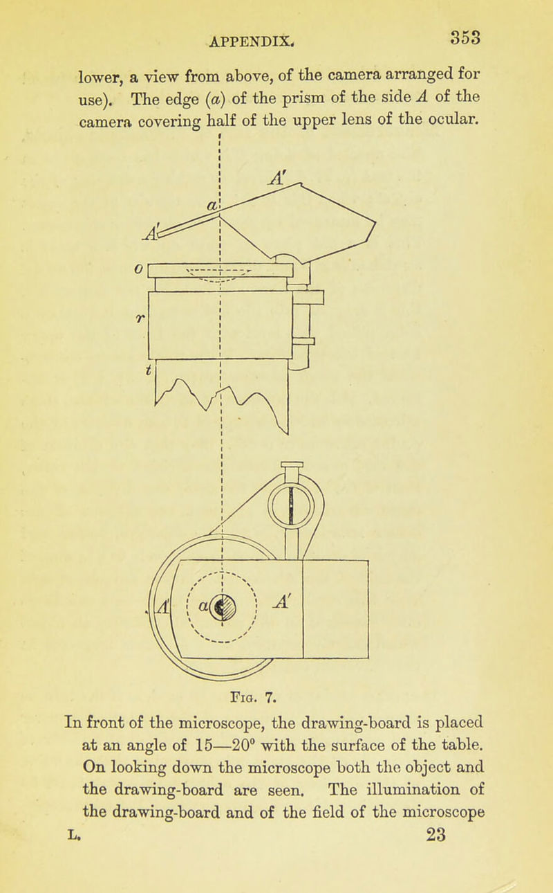 lower, a view from above, of the camera arranged for use). The edge (a) of the prism of the side A of the camera covering half of the upper lens of the ocular. Fig. 7. In front of the microscope, the drawing-board is placed at an angle of 15—20 with the surface of the table. On looking down the microscope both the object and the drawing-board are seen. The illumination of the drawing-board and of the field of the microscope L. 23
