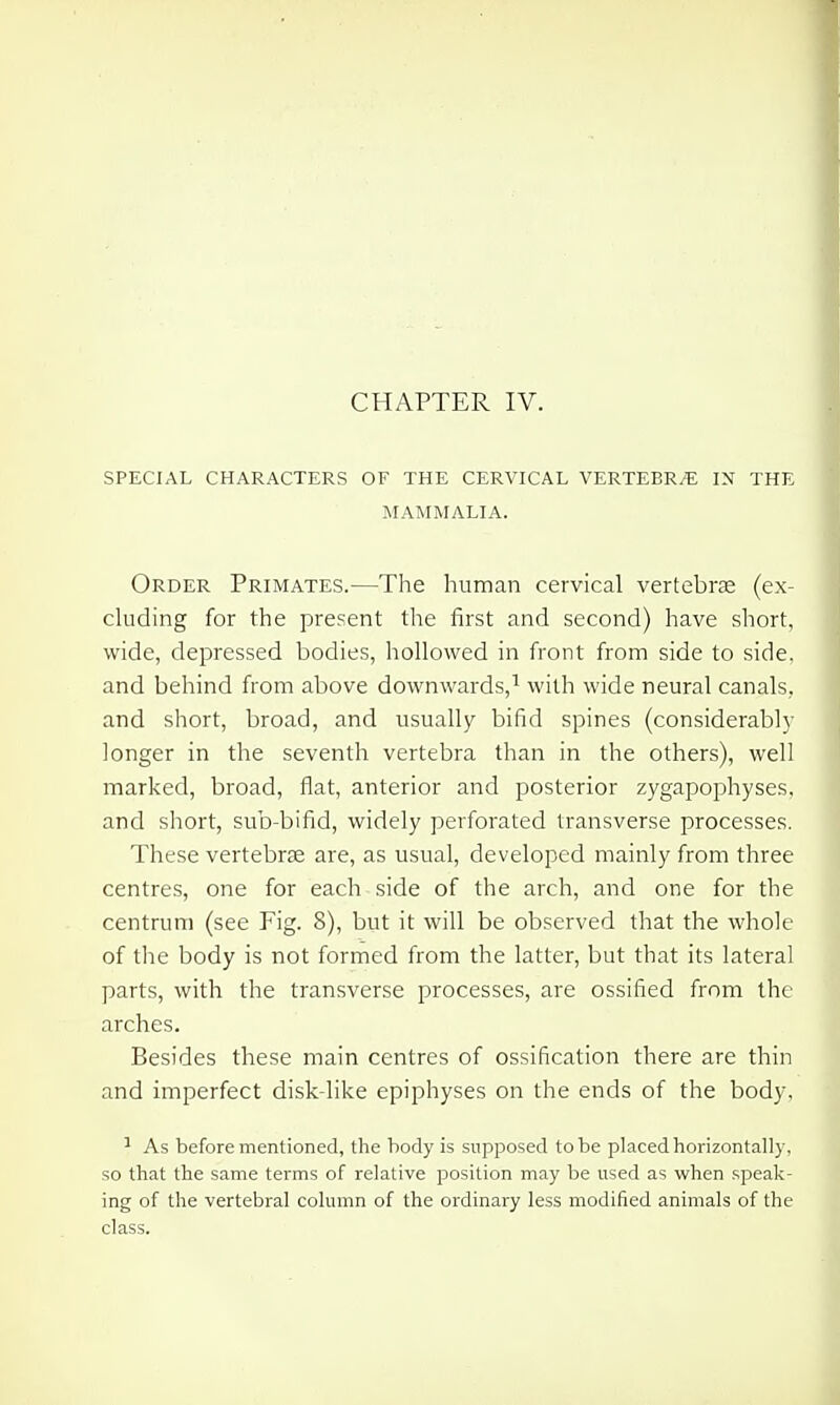 SPECIAL CHARACTERS OF THE CERVICAL VERTEBR/E IN THE MAMMALIA. Order Primates.—The human cervical vertebrae (ex- cluding for the present the first and second) have short, wide, depressed bodies, hollowed in front from side to side, and behind from above downwards,^ with wide neural canals, and short, broad, and usually bifid spines (considerably longer in the seventh vertebra than in the others), well marked, broad, flat, anterior and posterior zygapophyses. and short, sub-bifid, widely perforated transverse processes. These vertebrae are, as usual, developed mainly from three centres, one for each side of the arch, and one for the centrum (see Fig. 8), but it will be observed that the whole of the body is not formed from the latter, but that its lateral parts, with the transverse processes, are ossified from the arches. Besides these main centres of ossification there are thin and imperfect disk-like epiphyses on the ends of the body, ' As before mentioned, the body is supposed to be placed horizontally, so that the same terms of relative position may be used as when speak- ing of the vertebral column of the ordinary less modified animals of the class.