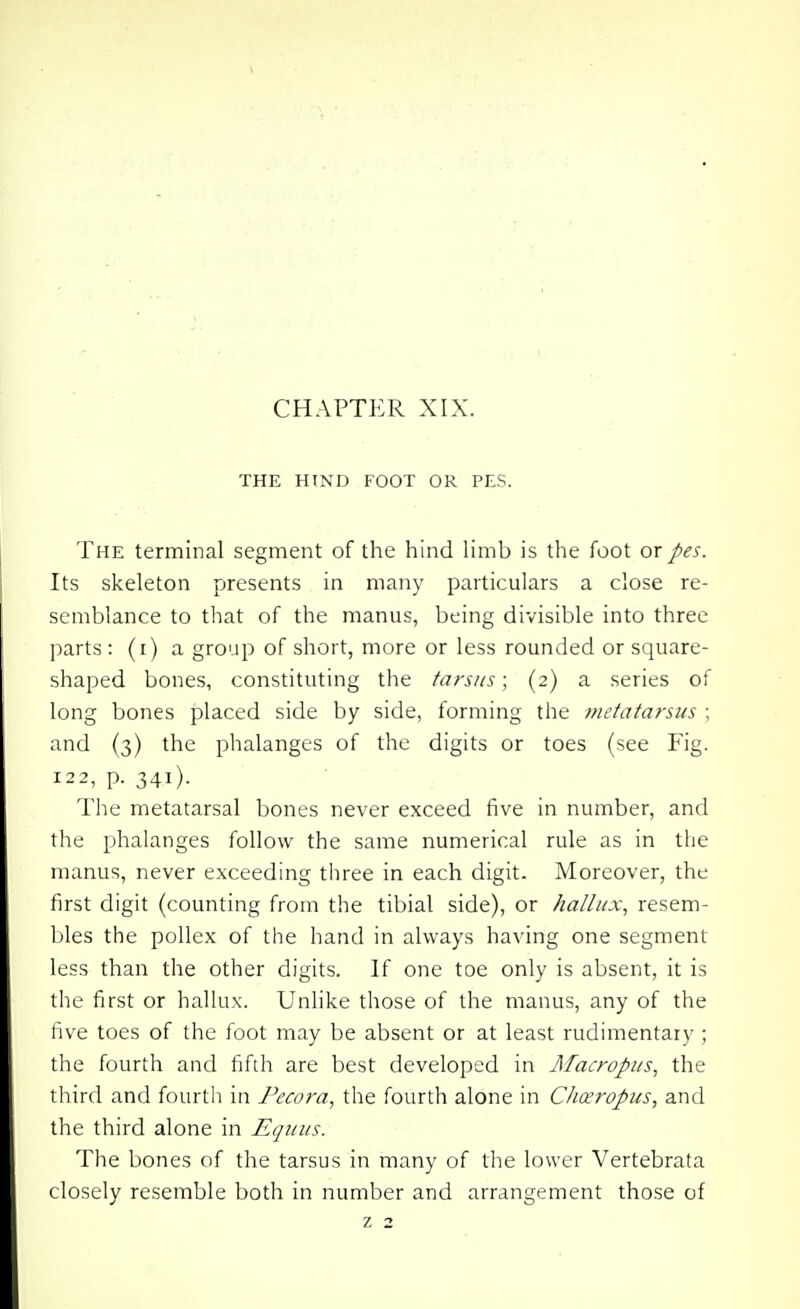 THE HtND FOOT OR PES. The terminal segment of the hind limb is the foot or pes. Its skeleton presents in many particulars a close re- semblance to that of the manus, being divisible into three ]iarts : (i) a group of short, more or less rounded or square- shaped bones, constituting the tarsus; (2) a series of long bones placed side by side, forming the metatarsus ; and (3) the phalanges of the digits or toes (see Fig. 122, p. 341). The metatarsal bones never exceed five in number, and the phalanges follow the same numerical rule as in the manus, never exceeding three in each digit. Moreover, the first digit (counting from the tibial side), or hallux., resem- bles the poUex of the hand in always having one segment less than the other digits. If one toe only is absent, it is the first or hallux. Unlike those of the manus, any of the five toes of the foot may be absent or at least rudimentary ; the fourth and fifth are best developed in Macropus, the third and fourth in Pecora, the fourth alone in Cha;ropus, and the third alone in Equus. The bones of the tarsus in many of the lower Vertebrata closely resemble both in number and arrangement those of