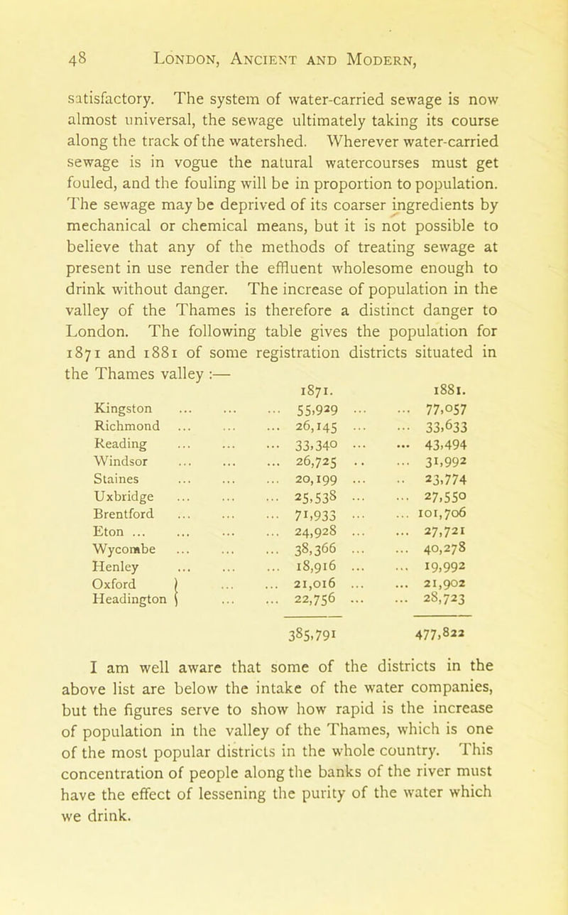 satisfactory. The system of water-carried sewage is now almost universal, the sewage ultimately taking its course along the track of the watershed. Wherever water-carried sewage is in vogue the natural watercourses must get fouled, and the fouling will be in proportion to population, d'he sewage may be deprived of its coarser ingredients by mechanical or chemical means, but it is not possible to believe that any of the methods of treating sewage at present in use render the effluent wholesome enough to drink without danger. The increase of population in the valley of the Thames is therefore a distinct danger to London. The following table gives the population for 1871 and 1881 of some registration districts situated in the Thames valley :— 1871. 1881. Kingston 55.929 ... 77,057 Richmond 26,14s • •• 33,633 Reading 33,340 ... — 43,494 Windsor 26,725 .. • 31,992 Staines 20,199 ••• .. 23,774 Uxbridge 25,538 ... ••• 27,550 Brentford 71,933 ••• ... 101,706 Eton ... 24,928 ... ... 27,721 Wycombe 38,366 ... ... 40,278 Henley 18,916 ... ... 19,992 Oxford ) 21,016 ... ... 21,902 Headington \ 22,756 ... ... 28,723 385.791 477,822 I am well aware that some of the districts in the above list are below the intake of the water companies, but the figures serve to show how rapid is the increase of population in the valley of the Thames, which is one of the most popular districts in the whole country. This concentration of people along the banks of the river must have the effect of lessening the purity of the water which we drink.