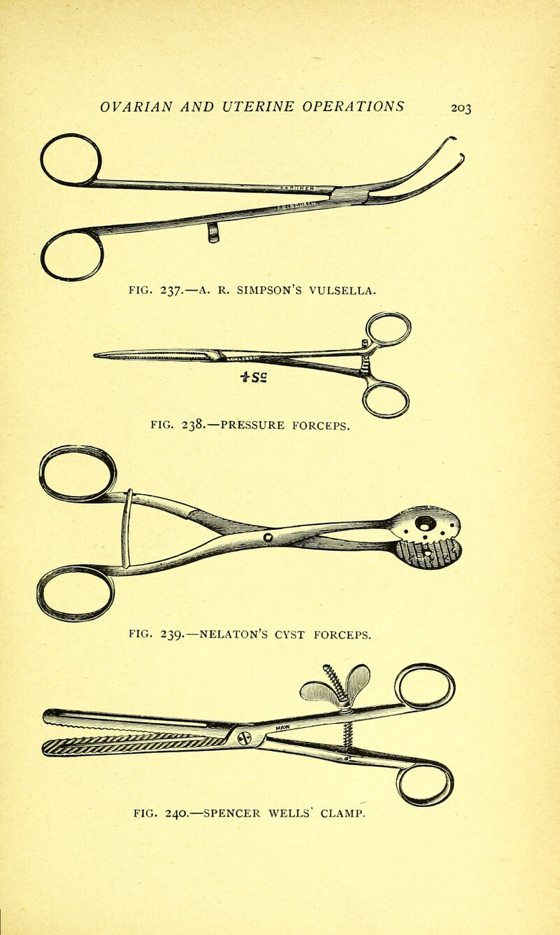 FIG. 237.—A. R. SIMPSON'S VULSELLA. FIG. 238.—PRESSURE FORCEPS. FIG. 239.—NELATON'S CYST FORCEPS. FIG. 240.—SPENCER WELLS' CLAMP.