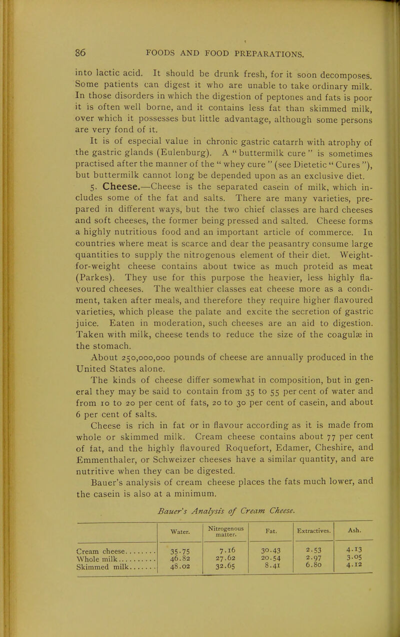 1 into lactic acid. It should be drunk fresh, for it soon decomposes. Some patients can digest it who are unable to take ordinary milk. In those disorders in which the digestion of peptones and fats is poor it is often well borne, and it contains less fat than skimmed milk, over which it possesses but little advantage, although some persons are very fond of it. It is of especial value in chronic gastric catarrh with atrophy of the gastric glands (Eulenburg). A  buttermilk cure  is sometimes practised after the manner of the  whey cure  (see Dietetic  Cures ), but buttermilk cannot long be depended upon as an exclusive diet. 5. Cheese.—Cheese is the separated casein of milk, which in- cludes some of the fat and salts. There are many varieties, pre- pared in different ways, but the two chief classes are hard cheeses and soft cheeses, the former being pressed and salted. Cheese forms a highly nutritious food and an important article of commerce. In countries where meat is scarce and dear the peasantry consume large quantities to supply the nitrogenous element of their diet. Weight- for-weight cheese contains about twice as much proteid as meat (Parkes). They use for this purpose the heavier, less highly fla- voured cheeses. The wealthier classes eat cheese more as a condi- ment, taken after meals, and therefore they require higher flavoured varieties, which please the palate and excite the secretion of gastric juice. Eaten in moderation, such cheeses are an aid to digestion. Taken with milk, cheese tends to reduce the size of the coagulae in the stomach. About 250,000,000 pounds of cheese are annually produced in the United States alone. The kinds of cheese differ somewhat in composition, but in gen- eral they may be said to contain from 35 to 55 percent of water and from 10 to 20 per cent of fats, 20 to 30 per cent of casein, and about 6 per cent of salts. Cheese is rich in fat or in flavour according as it is made from whole or skimmed milk. Cream cheese contains about 77 per cent of fat, and the highly flavoured Roquefort, Edamer, Cheshire, and Emmenthaler, or Schweizer cheeses have a similar quantity, and are nutritive when they can be digested. Bauer's analysis of cream cheese places the fats much lower, and the casein is also at a minimum. Bauer's Analysis of Cream Cheese. Water. Nitrogenous matter. Fat. Extractives. Ash. 35-75 46.82 48.02 7.16 27.62 32.65 30.43 20.54 8.41 2.53 2.97 6.80 4-13 3-05 4.12
