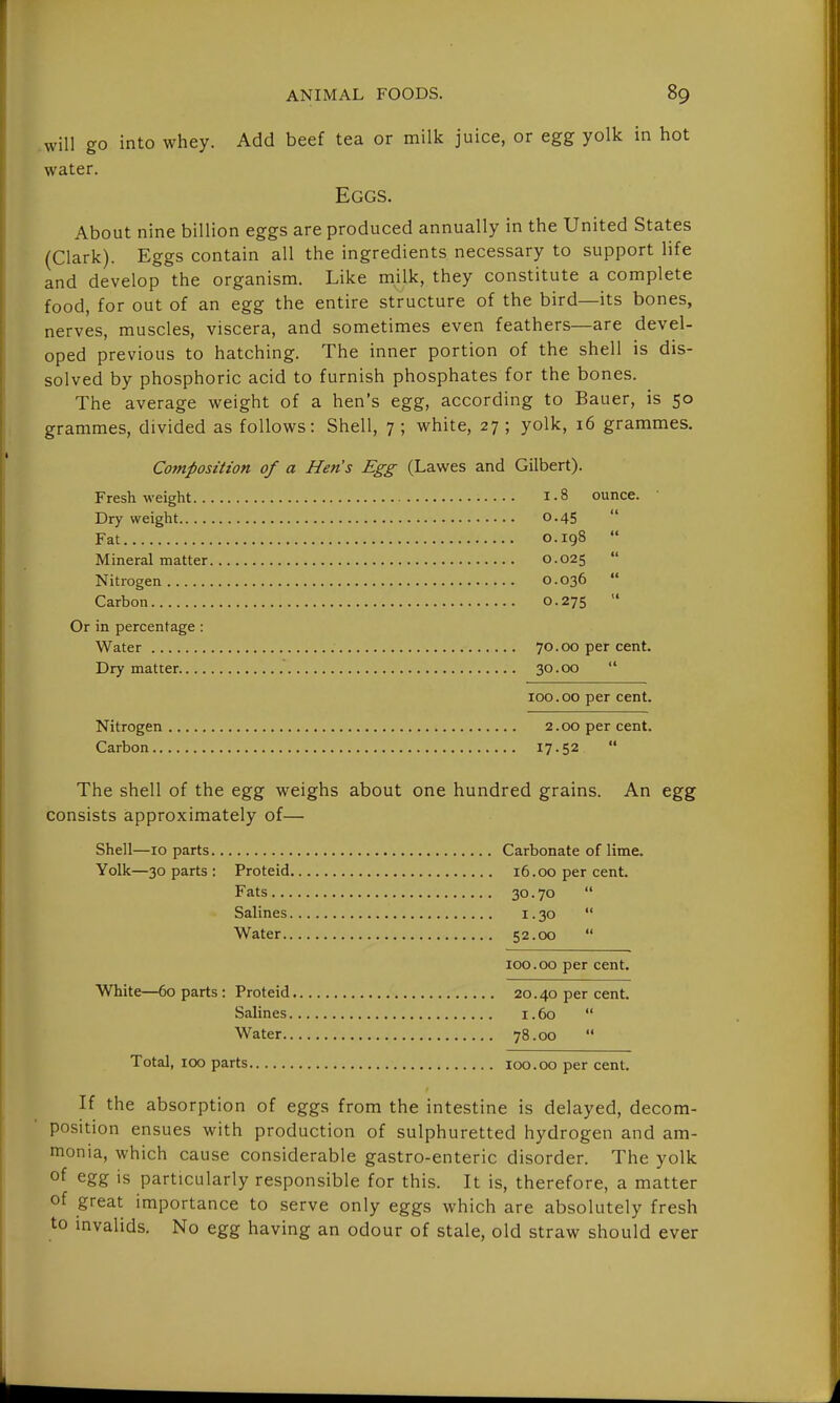 will go into whey. Add beef tea or milk juice, or egg yolk in hot water. Eggs. About nine biUion eggs are produced annually in the United States (Clark). Eggs contain all the ingredients necessary to support life and develop the organism. Like milk, they constitute a complete food, for out of an egg the entire structure of the bird—its bones, nerves, muscles, viscera, and sometimes even feathers—are devel- oped previous to hatching. The inner portion of the shell is dis- solved by phosphoric acid to furnish phosphates for the bones. The average weight of a hen's egg, according to Bauer, is 50 grammes, divided as follows: Shell, 7; white, 27; yolk, 16 grammes. Composition of a Hen's Egg (Lawes and Gilbert). Fresh weight 1-8 ounce. ' Dry weight 0.45 Fat 0.198  Mineral matter 0.025  Nitrogen 0.036  Carbon 0.275 Or in percentage: Water 70.00 per cent. Dry matter 30.00  100.00 per cent. Nitrogen 2.00 per cent. Carbon 17-52  The shell of the egg weighs about one hundred grains. An egg consists approximately of— Shell—10 parts Carbonate of lime. Yolk—30 parts : Proteid 16.00 per cent. Fats 30.70  Salines i. 30  Water 52.00  100.00 per cent. White—60 parts: Proteid 20.40 per cent. Salines 1.60  Water 78.00  Total, 100 parts 100.00 per cent. If the absorption of eggs from the intestine is delayed, decom- position ensues with production of sulphuretted hydrogen and am- monia, which cause considerable gastro-enteric disorder. The yolk of egg is particularly responsible for this. It is, therefore, a matter of great importance to serve only eggs which are absolutely fresh to mvalids. No egg having an odour of stale, old straw should ever