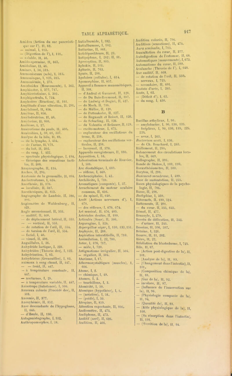 AmiJfvii (Action du suc paucréati- (ju»' sur 1), II, Si. — animal, I, H3. — (Digestion de 1'), 1, 111. — s liuhie. JI, Anii.io-spermine, II, 863. Aniiiluline, II, 46. Aminés, 1, 36, 315. Ammoniacaux (sels), I, 313. Ammoniaque, 1, 123, 313. Auiinoiiii'mie, I, 273. .Ain'ïl)oï(les (Mouvements), I, 362, .\m|iliiaster, I, 377, 717. An)phicréatiuine, 1, 303. .\ni[)hi':astrula, 1, 724. Ampiiolère (Réaction), II, 161. Amplitude d'une vibration, II, 201. Amylalcool, 11, 836. Amyléne, 11, 836. Amylodextrine, II, 46. Amylarinc, 11, 860. Aiiahiose, I, 27. Anacrotisnie du pouls, II, 100. Anaérohies. 1, 39, 61, 337. Analyse de la bile, II, 89. — de la lymphe, I, 434. — de l'urine, II,' 171. — du lait, II, 202. — du sang. I, 422. — spectrale physiologi(iue. I, 194. — théorique des sensations tacti- les, II, 388. Anapnosraphe, II, 131. Anches. Il, 203. AiMtoinie de la grenouille, II, 804. Aii' lectrotonus, I, 024. Anesthésie, II, 876. — localisée, II, 387. .\ncsthi'siques, II, 833. Angiographe de Landois, II, 386, AngioDiétre do Waldeubnrg, II, 421. Angle ascensionnel, II, 333. — auditif, II, 468. — de déplacement latéral, II, 333. — — veitical, 11, .')33. — de rotation de l'œil, II, .loi. — de torsion de l'œil, II, 534. — facial, I, 40. — visuel, II, 499. Anguillules, 1, 26. Anhydride lacticjue, I, 228. Anliydrides (Théorie des), I, 122. Aiihydrisation, I, 83. Anhydrisi'es (Grenouillcîs), I, 83. Animaux à sang chaud, 11, H~. — — froid, 11, 447. — il température constante, II, 447. — nocturnes, I, 28. — à température variable, II, 447, Anisotrope (Substance), I, 306. Anneaux colorés (i'rocédé des). II, 308. .\nosraie, IF, 577. Anoxyhémio, II. 832. Anse descendante de l'hypoglosse, II, 643. — d'Henle, II, 180. Antagonistographe, I, 532. Anthropomorphes. I. .'!8. Antlalbumido, I, 182. Aniialbumose, I, 182. Antiarine, II, 861. Antidéperditeurs, II, 23. Antiiiej.fone, I, 282; II, 81. .\porccption. II, 803. Apliakie, 11, 511. Aphasie, 11, 763. Apnée, H, 288. Apotaires (cellules), 1, 61 i. Apomorpliine, II, 857. Appareil à flammes manométriques, II, 308. — d'Andral et r.avariet. II, 128. — de Du Bois-Ueymond, 11, 887. — de Ludwig et Dogiol, II, 427. — de Mach. II. 736. — de Millier, II, 128. — de PetteukolVr, 11, 127. — de Regnault et Reiset, II, 126. — de Scharling, II, 126. — de Valentin et Rriinnor, II, 128. — excito-moteur, I, 673. — explorateur des oscillations du tronc, II, 238. — explorateur des oscillations vci - ticales, 11, 238. — lacrymal, II, 570. Appareils enregistreurs, II, 880. Apposition, I, 16. .Arborisation terminale de Uanvier, I, 308. Arc diastaltique, I, 660. — réflexe, I, 660. Archencéphales, 1, 42. Archilécite, 1, 710. Aromatiques (composés), I, 57. Arrachement du moteur oculaire commun, II, 606. — du spinal, II, 640. Arrêt (Actions nerveuses d'), I, 678. — des réflexes, I, 670, 674. Art musical, II, 476, 483. Artérioles droites, II. 180. .\rticulés (vSons), II, 306. Asparagine, 1, 124. Axperyillus nifjer, I, 130, 133,131. Asphyxie, II, 288. Aspii'ation interstitielle. II, 710. Assimilation, I, 22, 700. Aster, I, 376, 717. — mâle, 1, 720. Astigmatisme irréguUer, II, 50i. — réi;ulier, II, 50i. atavisme, I, 17. Athermosystaltiques (muscles), I, 606. Atome, I, 2. — chimique, I, 49. Atomes, I, 2. — tourbillons, I, 3. ,\tomicité, I, 30. Atomique (hypothèse), I, I. — (notation), I, 51. — (poids), I, 30. Atrofiine, II, 859. Attention expectante, II, 806. .Vudiomètre, II, 475. Audiphone, II, 473. Auditif (nerf). M, 626. Audition, II, 466. Audition colorée, II, 706. Auditives (sensations), II, 474. Aura scniinalis, I, 715. Auscultation du cœur. II, 377. Autodigestiou de l'estomac, 11,68. Automatiques (mouvements), 1,673. Automatisme du cœur, 11,380. Avalanclu' (Théorie de 1), I, 648. Axe auditif, II, 468. — de rotation de l'œil, II, 559. — nerveux, I, 723, — secondaire, II, 401. Azotate d'urée, 1, 261. Azote, I, 62. — (Déficit d'), I, 63. — du sang, I, 430. B Bacillus a'thylicus, I, 00. — amylobacter, 1, 00, 130, 133. — biiiylicm, I, 00, 130, 135, 22i 2 20. — urex, I, 263. Dacterium aceti, 1,136. — de Ch. Bouchard, I, 263. Bâillement, II, 288. Balancement des circulations loca- les, II, 060. Ballographe, II, 303. Bande de StokesJ, 189, 199. Barœsfiiésiomètre, II, 580. Baryton, II, 298. nasement-membrane, I, 480. Base (le sustentation, 11, 255. Bases physiologiques de la psycho- logie, II, 786. Basse, II, 208. Itatliybius, I, 350. Bâtonnets, II, 180, 324. Battements, II, 201. — du cœur, II, 335, 645. Bémol, II, 477. Benzoyle, 1, 270. Besoin de défécation. II, 342, — d'uriner. II, 2'(-3. Besoins, II, 506, 507. Bétaïne, I, 321. Beurre, II, H, 202. Bière, II, 22. Bifoliation du blastoderme, I, 723. Bile, II, 87. — (Action post-digestive de la), II, 101. — (Analyse de la), II, 89. — (Changemeut dans l'intestin). II, 101. — (Composition chimique de la), 11, 88. — (Gaz de la), II, 92. — incolore. II, 87. — (Influence de l'innervation sur la), II, 96. — (Physiologie comparée do la) 11, 9i, — (Quantité de). II, 88. — (Rôle physiologique de la), 11, 100. — (Sa résorption dans l'intestin), II, 101. — (Sécrétion de la). H, 94.
