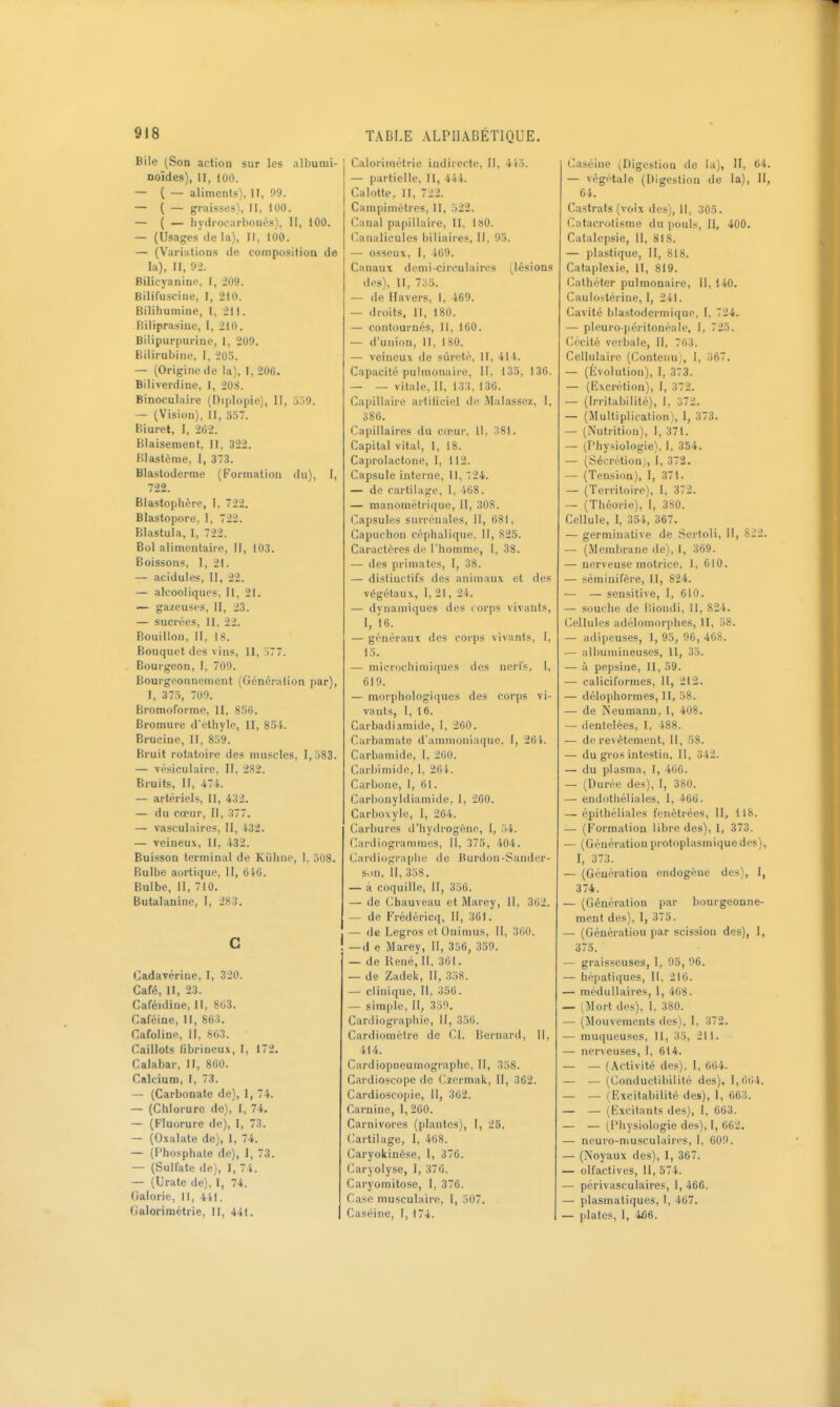Bile (Son action sur les albumi- noïdes), II, 100. — ( — aliments), H, 09. — ( — graisses'), II, 100. — ( — hydrocarbonés), 11, 100. — (Usages de la), II, 100. — (Variations de composition de la), II, 92. Bilicyanino, I, 209. Bilifuscine, I, 210. Bililiumine, l, 211. Riliprasine, I, 210. Bilipurpurine, 1, 209. Bilirubine, I, 205. — (Origine de la), 1, 206. Biliverdine, 1, 20S. Binoculaire (Diplopic), II, o.iO. — (Vision), H, 397. Biuret, I, 202. Blaisement, II, 322. Bla.stènie, I, 373. Blastoderme (Formation du), 1, 722. Blastophère, I, 722. Blastopore, I, 722. Blastula, I, 722. Bol alimentaire. H, 103. Boissons, 1, 21. — acidulés, II, 22. — alcooliques, II, 21. — gazeuses, II, 23. — sucrées, II, 22. Bouillon, II, 18. Bouquet dos vins. II, .■i77. Bourgeon, I, 709. Bourgeonnement (Génération par), I, 37.Ï, 700. Bromoforme, II, 856. Bromure d'ethyle, II, 8o4. Brucine, II, 859. Bruit rotatoire des muscles, I, 583. — vésiculaire, II, 282. Bruits, II, 47't. — artériels, II, 432. — du cœur, II, 377. — vasculaires, II, 432. — veineux, H, 432. Buisson terminal de Kiilinc, 1, 308. Bulbe aortique. 11, 6i6. Bulbe, II, 710. Butalanine, I, 283. G Cadavérine, I, 320. Café, II, 23. Caféidiue, II, 803. Caféine, II, 863. Cafoline, II, 863. Caillots fibrineux, I, 172. Calabar, H, 860. Calcium, I, 73. — (Carbonate de), I, 74. — (Chlorure de), I, 74. — (Fluorure de), I, 73. — (Oxalate de), I, 74. — (Phosphate de), i, 73. — (Sulfate de), I, 7i. — (Urate de), 1, 74. Calorie, II, 441. (jalorimétrie, II, 441. | Calorimétrie indirecte, 11, 415. — partielle, II, 444. Calotte, II, 722. Campimétres, II, 522. Canal papillaire, II. isO. Canalicules biliaires. II, 93. — osseux, I, i69. Canaux demi-circulaires (lésions des), II, 733. — de Havers, I, 469. — droits, II, 180. — contournés. II, 160. — d'union, II, 180. — veineux de sûreté, II, 414. Capacité pulmonaire. 11, 135, 136. — — vitale, II, 133. 130, Capillaire artiliciel de Malassez, 1, 386. Capillaires du cœur, 11, 381. Capital vital, I, 18. Caprolactone, I, 112. Capsule interne. 11, 24. — de cartilage, 1, 468. — manométrique, II, 308. Capsules surrénales, 11, 681, Capuchon céphalique. 11, 825. Caractères de l'homme, 1, 38. — des primates, I, 38. — distiuctifs des animaux et des végétaux., 1,21, 24. — dynamiques des corps vivants, I, 16. — généraux des corps vivants, 1, 15. — microchimiques des nerfs, l, 619. — morphologiques des corps vi- vants, 1,16. Carbadianiide, 1, 260. Carbamate d'ammoniaque, I, 26i. Carbamide, 1, 260, Carbimide, I, 264, Carbone, 1, 61. Carbonyldiamide. 1, 260. Carboxyle, 1, 264. Carbures d'hydrogène, I, 34. Cardiogrammes, 11, 373, 404. Cardiograpiie de Hurdon-Sander- s>)n, II, 338. — à coquille, II, 336. — de Chauveau et Marey, 11, 302. — de Frédéric(i, 11, 361. — de Legros et Oninius, 11, 360, — d e Marey, 11, 3S6, 339. — de René, 11, 361. — de Zadek, 11, 338, — clinique. 11, 336. — simple, 11, 350, Cardiographie, H, 356. Cardiomètre de Cl. Bernard, 11, 414. Cardiopneuniographc, II, 338. Cardioscope de Czermak, II, 362. Cardioscopie, II, 362. Carnine, 1, 260. Carnivores (plantes), I, 25. Cartilage, I, 468. Caryokinèse, 1, 376. Caryolyse, I, 376. Caryomitose, I, 376. Case musculaire, l, 307. Caséine, I, 174. Caséine (Digestion de la), 11, 64. — végétale (Digestion de la). II, 64. Castrats (voix des), 11, 305. Catacrolisme du pouls, II, 400. Catalepsie, 11, 818. — plastique, 11, 818. Cataplexie, H, 819. (Cathéter pulmonaire, 11, 140. Cauloslérine, I, 241. Cavité blastodermique, I, 724. — pleuro-péritonoale, I, 725, Cécité verbale. 11, 763. Cellulaire (Contenu), I, 367. — (Évolution), I, 373. — (Excrétion), 1, 372. — (Irritabilité), I, 372. — (Multiplication), 1, 373. — (Nutrition), 1, 371. — (Physiologie), 1, 354. — (Sécrétion), I, 372. — (Tension), 1, 371. •— (Territoire), 1, 372. — (Théorie), I, 380. Cellule, 1, 354, 367. — germinative de Sertoli, 11, S22. — (Membrane de), I, 369. — nerveuse motrice, 1, 610. — séminifère, II, 824. — — sensitive, 1, 610. — souche de Blondi, 11, 824. Cellules adélomorphes, II, 38. — adipeuses, l, 95, 06, 468. — albumineuses, II, 35. — à pepsiue, II, 59. — caliciformes, II, 212. — délophormes, II, 58. — de Neuraann, l, 408. — dentelées, I, 488. — de revêtement, 11, 38. — du gros intestin, II, 342. — du plasma, I, 466. — (Durée des), I, 380. — endiithéliales, 1, 466, — épilhéliales fenètrées, II, 118. — (Formation libre des), I, 373, — (Génération protoplasmiquedes), 1, 373. — (Génération endogène des), I, 374. — (Génération i)ar bourgeonne- ment des), 1, 373. — (Génération par scission des), 1, 375. — graisseuses, I, 03, 96. — hépatiques, II, 216, — médullaires, 1, 468. — (Mort des), 1, 380. — (Mouvements des), 1, 372. — muqueuses, II, 33, 211. — nerveuses, 1, 614. — — (Activité des), I, 664, — ■— (Conductibilité des), I,ii64. — — (Excitabilité des), 1, 663. — — (Excitants des), I, 663. — — (Physiologie des), 1, 662. — neuro-musculairrs, 1, 600, — (Noyaux des), I, 367. — olfactives, 11, 574. — périvasculaires, 1, 466, — plasmatiques, 1, 467. — plates, 1, 466.