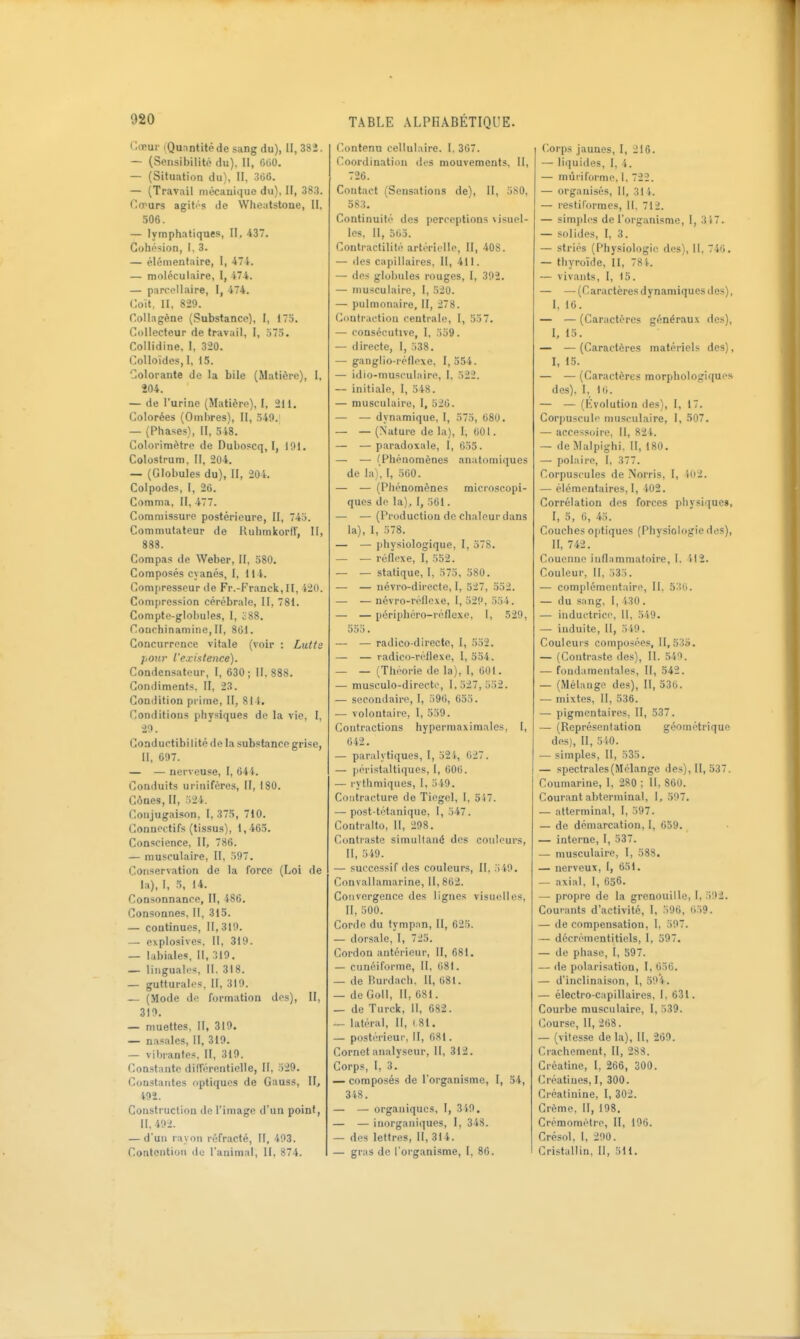Cneur (Quantitéde sang du), II, 382. — (Sensibilité du), II, 000, — (Situation du), II, 30G. — (Travail mécanique du), II, 383. Ocrurs agitas de Wheatstoae, II, 506. — lymphatiques, II, 437. Cohésion, I. 3. — élémentaire, I, 47i. — moléculaire, I, 474. — parcellaire, I, 474. Coït, II, 829. Collagène (Substance), I, 175. Collecteur de travail, I, 375. Collidine, I, 320. Colloïdes, I, 15. Colorante de la bile (Matière), I, 204. — de l'urine (Matière), I, 211. Colorées (Ombres), II, ,549.' — (Phases), II, 548. Colorimètre de Duboscq, l, 101. Colostrum. II, 204. — (Globules du), II, 204. Colpodes, I, 26. Comnia, II, 477. Commissure postérieure, II, 745. Commutateur de Ruhmkorfr, H, 888. Compas de Weber, II, 580. Composés cyanés, I, 114. Compresseur de Fr.-Franck,Il, 420. Compression cérébrale, II, 781. Compte-globules, I, c88. Couchinamine, II, 801. Concurrence vitale (voir : Lutte pour l'existence). Condensateur, I, 630; 11. 888. Condiments, II, 2.^. Condition pi'ime, II, 811. Conditions physiques de la vie, I, 29. Coaductibi lité de la substance grise, II, 697. — — nerveuse, I, 04i. Conduits ufiiiifères, II, 180. Cônes, II, o24. Conjugaison, I, .375, 710. Conucctifs (tissus), 1,465. Conscience, II, 786. — musculaire, II, 597. Conservation de la force (Loi de I,1), I, 5, 14. Consonnance, II, 486. Consonnes, II, 315. — continues, II, 319. — explosives, 11, 319. — labiales, 11, 319. — linguales, II. 318. — gutturales, II, 319. — (Mode de formation des), II, 319. — muettes, II, 319. — nasales, II, 319. — vibrantes, II, 319. Constante différentielle, II, 529. Constantes optiques de Gauss, II, 492. Construction de l'image d'un point, II, 492. — d'un rayon réfracté, II, 493. Contention de l'animal, II, 874. Contenu cellulaire. I. 30. Coordination des mouvements. Il, 726. Contact (Sensations de), II, oSO, 583. Continuité des perceptions \isuel- les, II, 503. Contractilito artérielle, II, 408. — des capillaires, II, 411. — des globules rouges, I, 302. — musculaire, I, 520. — pulmonaire, II, 278. Contraction centrale, I, 537. — consécutive, I, 359. — directe, I, 338. — gangllo-réflexe, 1,554. — idio-musculaire, I, 522. — initiale, I, 348. — musculaire, I, 520. — — dynamique, I, 575, 080. — — (Nature de la), I, 601. — —paradoxale, I, 035. — — (Phénomènes anatomiques de hx). I, 500. — — (Phénomènes microscopi- ques de la), 1, 361. — — (Production de chaleur dans la), I, 378. — — physiologique, I, 378. — — réflexe, I, 352. ■— — statique, I, 373, 580. — — névro-directe, I, 527, 552. — — névro-réflexe, 1, 32!', 334. — — périphéro-réflcxe, I, 529, 535. — — radico-directe, I, 552. — — radico-réflexe, I, 534. _ _ (Théorie de la), I, 001. — musculo-directe, 1,527,552. — secondaire, I, 596, 655. — volontaire, I, 559. Contractions hyperraaximales, 1, 042. — paralytiques, I, 521, 027. — péristaltiques, I, 600. — rythmiques, 1, 549. Contracture de Tiegol, I, 547. — post-tétanique, 1, 347, Contralto, 11, 298. Contraste simultané des couleurs, II, 549. — successif des couleurs. II, 3i0. Convallamarine, 11,862. Convergence des lignes visuelles, II, 300. Corde du tympan, II, 625. — dorsale, I, 725. Cordon antérieur, II, 681. — cunéiforme, II, 081. — de Hurdach, II, 081. — de Goll, II, 681. — de Turck, II, 682. — latéral, II, i 81. — postérieui', II, 081. Cornet analyseur, II, 312. Corps, I, 3. — composés de l'organisme, I, 54, 348. — — organiques, I, 31-9, — — inorganiques, I, 34S. — des lettres, 11, 314, — gras de l'organisme, I, 86. Corps jaunes, I, 216. — liquides, I, 4. — mùriforme, I, 722, — organisés, II, 314. — restif'ormes. II. 712. — simples de l'organisme, I, 317. — solides, I, 3. — striés (Physiologie des), 11, 740. — thyroïde, II, 78k — vivants, I, 15. — —(Caractèresdynamiques des), I, 16. — — (Caractères générau.v des), I, 15. — — (Caractères matériels des), I, 15. — — (Caractères morphologiques des), I, — — (Evolution des), I, 17. Corpuscule musculaire, I, 507, — accessoire, II, 824. — de Malpighi, II, 180. — polaire, I, 377. Corpuscules de Norris, I, i(i2. — élémentaires, I, 102. Corrélation des forces physique», I, 5, 6, 45. Couches optiques (Physiologie des), II, 742. Couenne inflammatoire, I. 'fl2. Couleur, II, 333. — complémentaire, II, 536. — du sang, I, 430. — inductric<'. 11, 349. — induite, 11, 3i9. Couleurs composées, lI,53o. — (Contraste des), II. 540. — fondamentales, II, 542. — (Mélange des), II, 330. — mixtes, II, 536. — pigmentaires, II, 537. — (Représentation géométrique des), II, 5i0. — simples, 11, 335. — spectrales (Mélange des), II, 537. Coumarine, I, 280 ; II, 860. Courant aliterminal, 1, 307. — atterminal, I, 397. — do démarcation, I, 659. — interne, I, 537. — musculaire, I, 388. — nerveux, I, 651. — axial. 1, 656. — propre de la grenouille, I, 302. Courants d'activité, I, 396, 039. — de compensation, I, 597. — décrémentitiels, I, 597. — de phase, I, 597. — de polarisation, I, 036. — d'inclinaison, I, 50i. — électro-capillaires, I, 631. Courbe musculaire, I, 339. Course, II, 208. — (vitesse de la). II, 269. Crachement, II, 288. Créatine, I, 266, 300. Créatiues, I, 300. Créatinine, I, 302. Crème. II, 198. Crémomètre, II, 196. Cré.sol, 1, 200. Cristallin, II, 311.