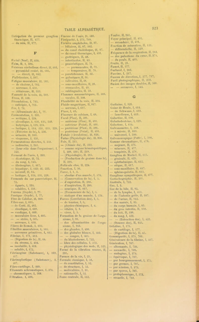 t'xtirpalion du premier g;augJion thoracique, II, 077. — du rein, II, 177. F Faoial (NerO, II, 619. Faim, II, 1, 596. Faisceau céréhelleux direct, II, 081. — pyramidal croisé, II, tiSI. — — direct. H, 082. Fallrheotom, I, 597. Fatigue musculaire, II, .iS). — de chaleur, I, ■■>82. — nerveuse, I, O.il. — rétinieuup, II, 533. Fausseté de la voix, II, 302. Fèces, II. 108. Fécondation, I, 71.). — anticipée, I, 713. Fer, I, 70. — (Albuminate de), I, 77. Fermentation, I, 331. — acétique, I, 12.%. — alcoolique, 1, 131, I3.i, :2 iO. — butyrique, I, 135, 2i4. — lactique, I, 114, 131, iS.). '228. — (Théories de la), I, 336. — urinaire, II, 103. — visqueuse, I, 131. Fermentations directes, I. oil. — indirectes, I, 341. — (Leur rôle dans l'organisineL I, 343. Ferment de l'urée, I, 263. — di.isfatique, II, 72. — du sang, I, 143. — librinogcne, I, 417. — hépatiquf', I, 143 ; H, 222. — inversif. II, 81. — lactique, I, 114, 131, 228. Ferments du suc pancréatique, II, 72. — figurés, I, 331. — .solubles. I, 331. Ferreux (Oxyde), I, 77. Ferrique Oxyde), I, 77. Fève de Galabar, II, 800. Fibre-axe. I, 011. — de Corti, H, 482. — eisodique, I, 009. — exodique, I, 069. — musculaire lisse, [, 605. — — striée, I, 50). — nerveuse, I. 010. Fibres de Heraak, I, 613. Fibrilles musculaires, I, 505. — nerveuses primitives, I, 012. Fibrine, I, 171, 412. — (Digestion de la), II, 04. — du stroma, I, 416. — insoluble, I, 418. — soluble, I, 172. Fibrinogène (Substance), 1, 169, V17. Fibrinoplastique ( Substance I, U7. Fibro-cartilage, I, 469. Filaments aciiromatiqnes, I, 370. — chromatiques, I, 368. Filtration, I, 480. Finesse de l'ouïe. 11, 180. Fissiparité, l, 375, 709. Fistules amphiboles, II, 87. — biliaires, II, 87, 102. — du canal cholédoque, II, 87. — du canal thoracique, I, 151. — gastriques, II, 49. — intestinales, II, 83. — pancréatiques, II, 71. — — permanentes, II, 71. — — temporaires, II, 71. — parotidiennes, II, 32. — pyloriques, II, 51. — salivaires, II, 28. — sous-inaxillaires. II, 28. — stomacales. H, 49. — sublinguales, II. 33. Flammes manométriques, II, 308. — vocales, II, 308. Flexibilité de la voix. II, 301. Fluide magnétique, 11,817. — nerveux, 1, 087. Fluor, I, 09. Fluorure de calcium, I, 09. Focal (Plan), 11, 491. — antérieur (Plan), H, 191. — antérieur (Point), 11, 491. — postérieur (Plan), 11, 191. — postérieur (Point), 11, 491. Fœtale (Circulation), 11, 838. Fœtus (Physiologie du), 11, 830. Foie, 11, 215. — (Chimie du). II, 222. — comme organe hématopoiétiquc, I, 409, 410; II, 219. — (Physiologie), H, 215. — (Production de graisse dans le), II, 218. Follicule clos, 11, 224. Fonction, I, 36. Force, l, 1, 0. — absolue d'un muscle, 1, .)70. — (Conservation de la), 1, 5. — d'expiration, H, 280. — d'inspiration. 11, 280. —■ neurique. II, 817. — (Permanence de la), I, 5. — staliciue d'un muscle, l, 570. Forces (Corrélation des), 1, 5. — de tension, I, 5, — physico-chimiques, I, 0. — vitales, 1, 8. — vives, l, 5. Formation de la graisse de l'orga- nisme, I, 98. — des albnminoïdes de l'orga- nisme, I, 103. — des glandes, 1, 490. — des globules blancs, l, 403. — — rouges, I, 405. — du blastoderme, I, 722. — libre des cellules, I, 373. — physiologique des mots, II, 325. Forme de la vibration sonore, II, 291. Formes de la vie, l, 25. Formule alomi(iue, l, 51. — (le constitution, I, 52. — de structure, I, 52. — moléculaire, 1, 51. — rationnelle, I, 52. Fosse centrale, 11, 522. Foulée, II, 201. Foyer principal, il. . — secondaire, il, 4'il. Fraction de saturation, II, 131. — différentielle, II, 529. Fréquence de la respiration. II, 283. — des pulsations du cœur, 11,371. — du pouls, II, 405. Fruits, II, 21. Fumet, II, 577. Furfurol, l, 202. Fuscine, I, 217. Fuseau de direction, I, 377, 717, Fusil photographique, 11, 259. Fusion des images doubles, II, 500. — — secousses, I, 541. G Gadinine, l, 321. (jainc de Ileule, 1, 014. — de Schwann, I, 011. — lamclleuse, I, 013. Galactine, 11, 198. Galactodextrine, 1, 129. Galactose, I, 151. Galvanomètre, l, 588. — à miroir, 11, 889. — universel, l. 590. Galvanoscopique (Patte'i, 1, 590. Gamme chromatique. 11, 478. — majeure, II, 470. — mineure, II, 477. — tempérée, II, 478. Ganglion de Meckel, 11, 013. — géniculé. II, 025. — ophthalmique, II, 012. — otique, 11, 017. — sous-maxillaire, II. 017. — sphéno-palatin. II. 613. Ganglions sympathiques, II, 077. Gastachographie, II, 39:i. Gastrula, I, 722. Gaz, I, 3. Gaz de la bile. II, 92. — de la lymphe, I, i-53. — de l'intestin grêle, II, 107. — de l'urine, 11, 102. — des marais, l, 85. — du corps humain, I, 85. — du gros intestin. 11, 110. — du lait, II, 198. — du sang, l, V22. — — (Extraction des), I, 422. — (Osmose des). II, 143. (iélatine, I, 175. — de cartilage, l, 177. — (Digestion de la), II, 65. (iemmiparité, 1, 375, 709. (iéiiérateurs de la libriue, I, 1-17. Génération, l, 707. — alternante, l, 720. — asexuelle, l, 709. — endogène, l, 374. — équivoque, I, 707. — par bourgeonnement, I, 37.). — par germes, l, 707. — par scission, l, 375. — par spor(;s, I, 707. — protoplasmi(iue, 1, 373. — sexuelle, I, 710.