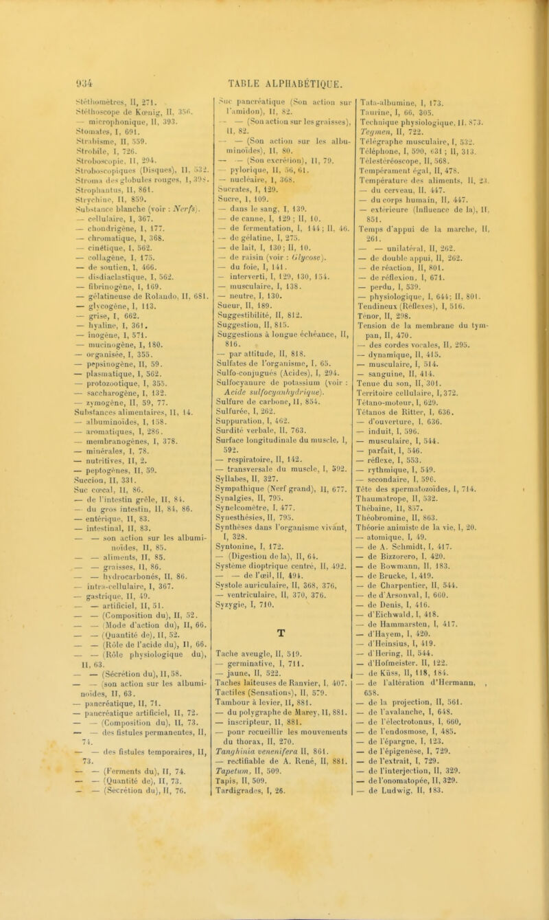 Stéthomètros, II, 271. Stt'-lliDscope Je Kœiiig, II. 3')i>. — microiihonique, II, 393. Stomates, I, 601. StiMl)isme, II, ioO. Sti-ol)ile, I, 726. .Sti'oljoscopie. II, 204. .Stri>bi»C()[)iques (Disques), II. .i'î:!. Stroma de?iflobules rouges, 1, 3',>. Stropliaiitus, II, 86i. Stiyehine, II, 859. .^ulistanco blanche (voir : iVcr/s). — cellulaire, I, 367. — clioudrigène, I, 177. — chromatique, I, 368. — cinétique, I, 562. — collagèae, I, 175. — de soutien, l, 466. — disdiaclustique, I, 562. — fibrinogène, I, 169. — gélatineuse de Rolaudo, II, 681. — glycogène, 1, 113. — grise, I, 662. — hyaline, I, 36 t. — inogèue, I, 571. — niucinogène, I, 180. — oi'ganisée, I, 355. — pepsinogène, II, 59. — plasinatique, I, 562. — protozootique, I, 355. — saccharogène, l, 132. — zymogène, II, 59, 77. Substances alimeutaircs, II, 14. — albuniinoïdes, I, 158. — aromatiques, I, 286. — menibranogènes, I, 378. — minérales, I, 78. — nutritives, II, 2. — pei)togènes, II, 59. .Succion, II, 331. Suc cœcal, II, 86. — de l'intestin grêle, II, 8i. — du gros intestin, II, 84, 86. — entérique, II, 83. — intestinal, II, 83. — — son action sur les albunii- noïdes, II, 85. — — alinieiils, II, 85. — — gi-aisses, II, 86. — — liydrocarbonés, II. 80. — intra-cellulaire, 1, 367. — gastriijue, II, 49. — — artificiel, 11, 51. — — (Composition du), II, 52. — — (Mode d'action du), II, 66. — — (guantité de), II, 52. — — (Fiole de l'acide du). II, 66. — — (Role physiologique du), II, 63. — — (Sécrétion du), 11,58. — — (son action sur les albumi- no'ides, II, 63. — pancréatique, II, 71. — pancréatique artificiel, II, 2. — — (Composition du), II, 73. — — des fistules permanentes. Il, 71. — — des fistules temporaires, II, 73. — — (Ferments du), II, 74. — — (Quantité de), II, 73. — — (Sécrétion du), II, 76. Suc pancréatique (Son action sur l'amidon), II, 82. - — (Son action sur les graisses), 11, 82. — (Sou action sur les albu- minoides), 11, 80. — - (Son excréiion). II, 70. pylorique, II, 56, 61. — nucléaire, 1, 368. Sucrâtes, I, 129. Sucre, I, 109. — dans le sang, I, 130. — de canne, I, 129 ; II, 10. — de l'ernieutation, I, 14i; II. 46. do gélatine, I, 275. — de lait, I, 130; II, 10. — de raisin (voir : Glyrose). — du foie, 1, 141. — interverti, I, 129, 130, 154. — musculaire, 1, 138. — neutre, I, 130. Sueur, II, 189. Suggestibilité, II, 812. Suggestion, II, 815. Suggestions à longue échéance, II, 816. — par attitude, II, 818. Sulfates de l'organisme, I. 65. Sulfo-conjiigués (Acides), I, 294. Sulfocyanure de potassium (voir : Acide sulfocynH/njJrique). Sulfure de carbone, II, 854. Sulfurée, 1, 202. Suppuration, I, 402. Surdité verbale, II, 763. Surface longitudinale du muscle, 1, 592. — respiratoire, 11, 142. — transversale du muscle, I, 502. Syllabes, II, 327. Sympathique (Nerf grand), II, 677. Synalgies, II, 795. Synelcomètre, 1, 477. Syiiesthésies, II, 703. Synthèses dans l'organisme vivant, I, 328. Syntonine, I, 172. — (Digestion do la), II, 6i. Système diopti'ique centré. 11, 402. — — de l'œil, II, 49t. Systole aui'iculairo, II, 368, 376, — ventriculairc, II, 370, 376. Syzygie, I, 710. T Taclie aveugle, II, 519. — gerniinative, I, 711. — jaune, II, 522. Taches laiteuses de Ranvier, I. 407. Tactiles (Sensations), II, 570. Tambour à levier, II, 881. — du polygraphe de Marey. II, 881. — inscripteur. II, 881. — pour recueillir les mouvements du thorax, II, 270. Tant/hinia venenifera II, 861. — rectifiable de A. René, II, 881. Tapetum. II, 509. Tapis, II, 509. Tardigrades, I, 26. Tata-albumine, I, 173. Taiiiine, I, 60, 305. Technique physiologique. 11. S73. Tc'f/men, II, 722. Télégraphe musculaire, I, 532. Téléphone, I, 590, »131 ; 11, 313. Télestéréoscope. II, 568. Tempérament égal, II, 47S. Température des aliments. 11, 2:1. — du cerveau, II. 447. — du corps humain, II, 447. — extéi-icure (Inlluencc de la). H, 851. Temps d'appui de la marche. II, 261. — — unilatéial, II, 202. — de double appui, II, 262. — de réaction, II, 801. — de réflexion. I, 671. — perdu, I, 530. — physiologique, 1, 64i; II, 801. Tendineux (Refie.xes), I, 516. Ténor, II, 208. Tension de la membrane du tym- pan, II, 470. — des cordes vocales, II, 295. — dynamique, II, 415. — musculaire, I, 514. — sanguine, II, 414. Tenue du son, II, 301. Territoire cellulaire, 1,372. Télano-moteur, 1, 629. Tétanos de Ritter, 1, 636. — d'ouverture, I, 636. — induit, I, 596. — musculaire, I, 544. — parfait, I, 546. — réflexe, I, 553. — rythmique, I, 549. — secondaire, I, 596. Tète des spermatozoïdes, I, 714. Tliaumatrope, II, 532. Thébaine, II, 8.i7. Tliéobromine, 11, 863. Théorie animiste de la vie. 1, 20. — atomique. I, 49. — de A. Schmidt, I, 417. — de Bizzorero, I, 420. — de Bowmann, 11. 183. — de Brucke, 1,419. — de Charpentier, II, 544. — de d'Arsonval, I, 660. — de Denis, I, 410. — d'Eichwald, 1, 418. — do Hamnuirsteu, I, 417. — d'Hayem, 1, 420. — d'IIeinsius, I, 419. — d llering, II, 544. — d'Ilofmeister. 11, 122. — de Kiiss, II, U8, 184. — de l'altération d'Hermann, , 658. — de la projection, II, 561. — de l'avalanche, I, 648. — de l'électrotonus, I, 660, — de l'endosmose, I, 485. — de l'épargne, I, 123. — de l'épigenèse, I, 729. — de l'extrait, I, 729. — de l'interjection, II, 329. — de l'onomatopée, II, 329. — de Ludwig, II, 183.