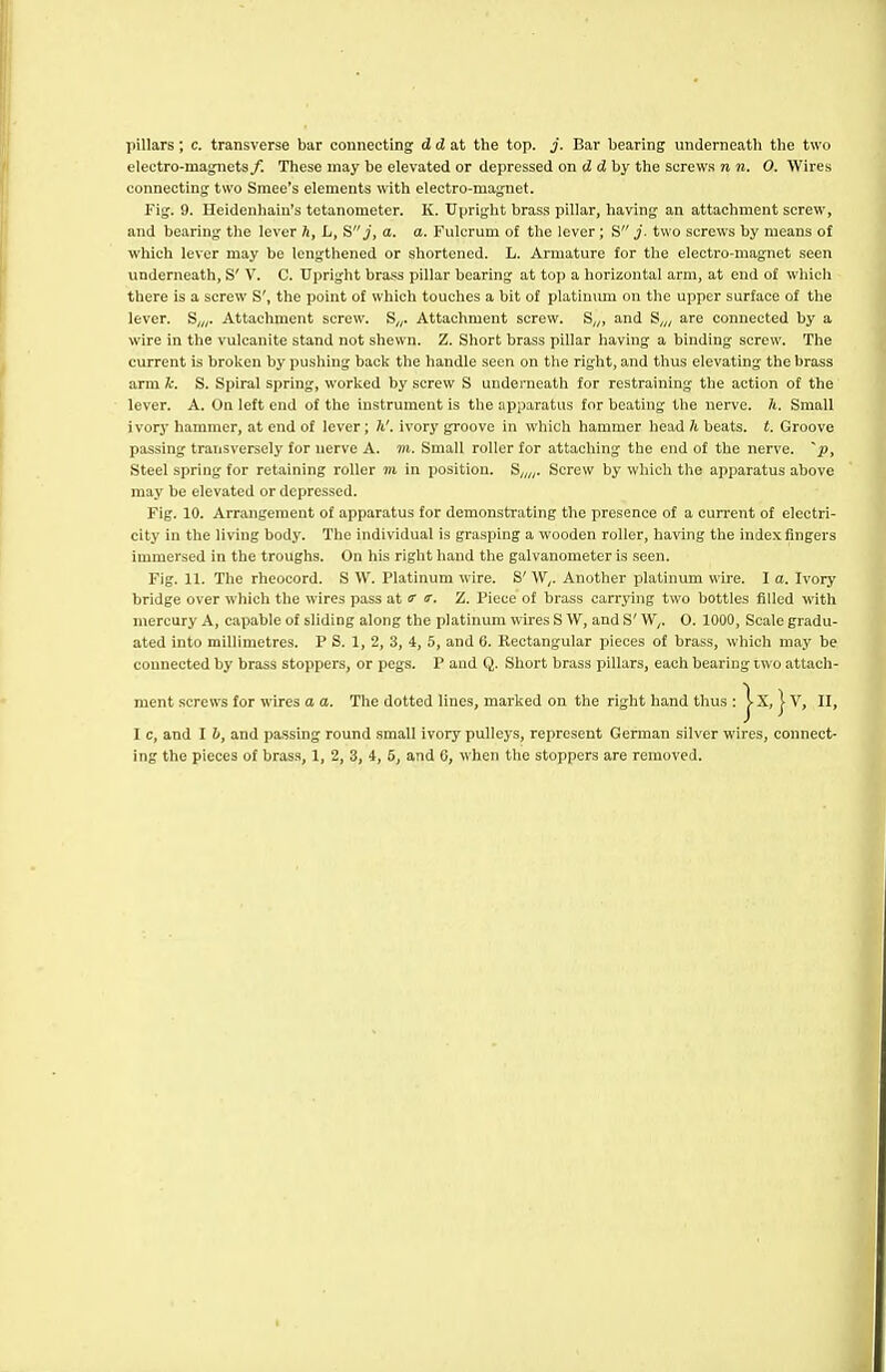 )iillars; c. transverse bar connecting d d at the top. j. Bar bearing underneath the two electro-magnets/. These may be elevated or depressed on <Z d by the screws n n. 0. Wires connecting two Smee's elements with electro-magnet. Fig. 9. Heidenhain's tetanometer. K. Upright brass pillar, having an attachment screw, and bearing the lever h, L, Sj, a. a. Fulcrum of the lever; S j. two screws by means oi which lever may be lengtliened or shortened. L. Armature for the electro-magnet seen underneath, S' V. C. Upright brass pillar bearing at top a horizontal arm, at end of which there is a screw S', the point of which touches a bit of platinum on the upper surface of the lever. S„,. Attachment screw. S„. Attachment screw. S„, and S„; are connected by a wire in the vulcanite stand not shewn. Z. Short brass pillar having a binding screw. The current is broken by pushing back the handle seen on the right, and thus elevating the brass arm k. S. Spiral spring, worked by screw S underneath for restraining the action of the lever. A. On left end of the instrument is the apparatus for beating the nerve, h. Small ivory hammer, at end of lever; h'. ivory groove in which hammer head h beats, t. Groove passing transversely for nerve A. m. Small roller for attaching the end of the nerve, 'p. Steel spring for retaining roller m in position. S„„. Screw by which the apparatus above may be elevated or depressed. Fig. 10. Arrangement of apparatus for demonstrating the presence of a current of electri- city in the living body. The individual is grasping a wooden roller, having the index fingers innnersed in the troughs. On his right hand the galvanometer is seen. Fig. H. The rheocord. S W. Platinum wire. S' W,. Another platinum wire. I a. Ivory bridge over which the wires pass at o' o. Z. I'iece of brass carrying two bottles filled with mercury A, capable of sliding along the platinum wires S W, and S' W,. 0. 1000, Scale gradu- ated into millimetres. P S. 1, 2, 3, 4, 5, and 6. Rectangular pieces of brass, which may be connected by brass stoppers, or pegs. P and Q. Short brass pillars, each bearing iwo attach- ment screws for wires a a. The dotted lines, marked on the right hand thus : > X, IV, II, I c, and I b, and passing round small ivory pulleys, represent German silver wires, connect- ing the pieces of brass, 1, 2, 3, 4, 5, and 0, when the stoppers are removed.