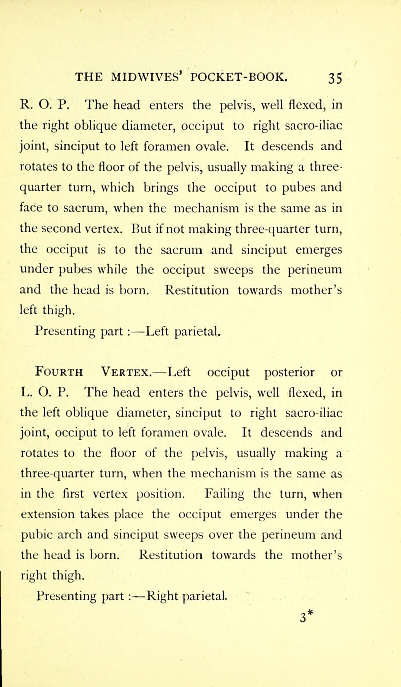 R. O. P. The head enters the pelvis, well flexed, in the right oblique diameter, occiput to right sacro-iliac joint, sinciput to left foramen ovale. It descends and rotates to the floor of the pelvis, usually making a three- quarter turn, which brings the occiput to pubes and face to sacrum, when the mechanism is the same as in the second vertex. But if not making three-quarter turn, the occiput is to the sacrum and sinciput emerges under pubes while the occiput sweeps the perineum and the head is born. Restitution towards mother's left thigh. Presenting part :—Left parietal. Fourth Vertex.—Left occiput posterior or L. O. P. The head enters the pelvis, well flexed, in the left oblique diameter, sinciput to right sacro-iliac joint, occiput to left foramen ovale. It descends and rotates to the floor of the pelvis, usually making a three-quarter turn, when the mechanism is the same as in the first vertex position. Failing the turn, when extension takes place the occiput emerges under the pubic arch and sinciput sweeps over the perineum and the head is born. Restitution towards the mother's right thigh. Presenting part :—Right parietal. 3*