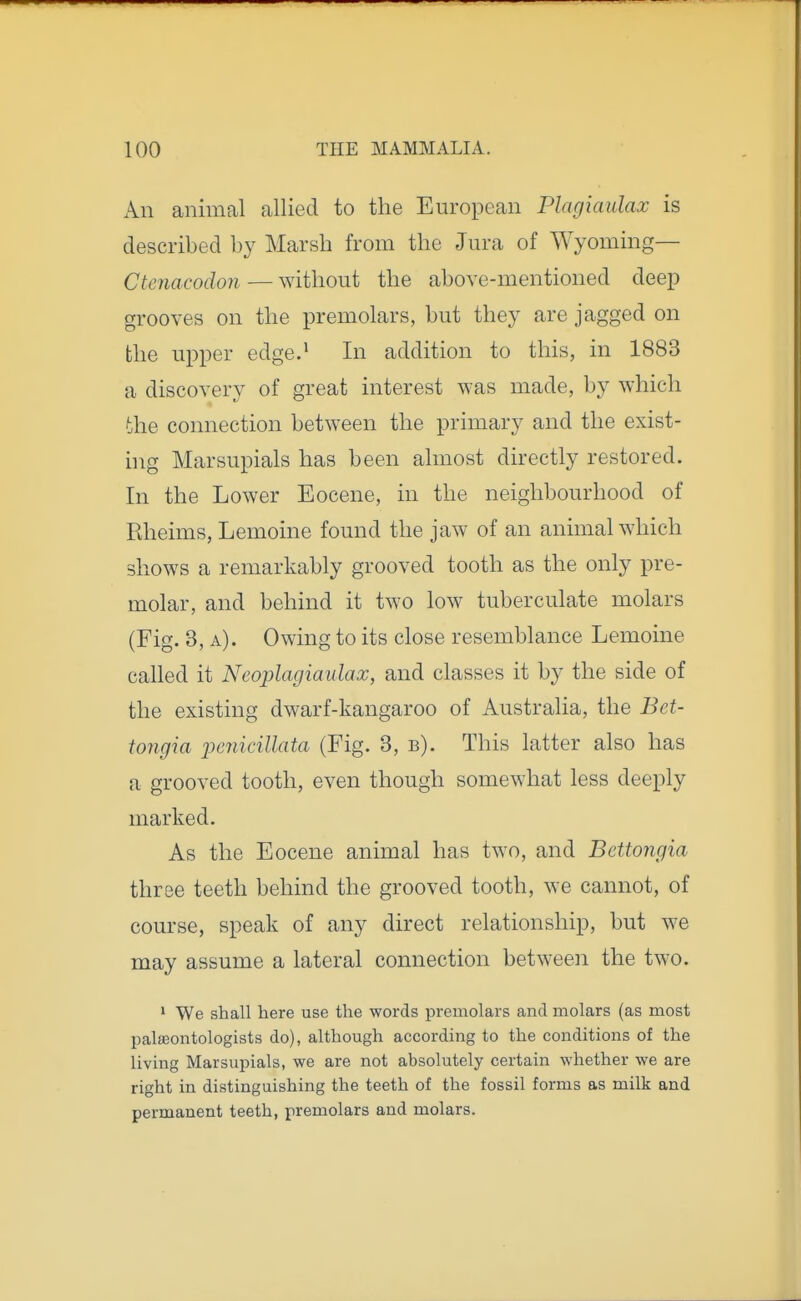 An animal allied to the European Plagiaulax is described by Marsh from the Jm-a of Wyoming— Ctenacodon — without the above-mentioned deep grooves on the premolars, but they are jagged on the upper edge.' In addition to this, in 1883 a discovery of great interest was made, by which the connection between the primary and the exist- hig Marsupials has been almost directly restored. In the Lower Eocene, in the neighbourhood of Rheims, Lemoine found the jaw of an animal which shows a remarkably grooved tooth as the only pre- molar, and behind it two low tuberculate molars (Fig. 3, a). Owing to its close resemblance Lemoine cahed it Neoplagiaulax, and classes it by the side of the existing dwarf-kangaroo of Australia, the Bet- iongia iKniciUata (Fig. 3, b). This latter also has a grooved tooth, even though somewhat less deeply marked. As the Eocene animal has two, and Bettongia three teeth behind the grooved tooth, we cannot, of course, speak of any direct relationship, but we may assume a lateral connection between the two. ' We shall liere use the words premolars and molars (as most palffiontologists do), although according to the conditions of the living Marsupials, we are not absolutely certain whether we are right in distinguishing the teeth of the fossil forms as milk and permanent teeth, premolars and molars.