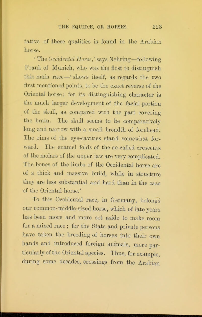 tative of these qualities is found in the Arabian horse. ' The Occidental Horse,' says Nehring—following Frank of Munich, who was the first to distinguish this main race—* shows itself, as regards the two first mentioned points, to be the exact reverse of the Oriental horse; for its distinguishing character is the much larger development of the facial portion of the skull, as compared with the part covering the brain. The skull seems to be comparatively long and narrow with a small breadth of forehead. The rims of the eye-cavities stand somewhat for- ward. The enamel folds of the so-called crescents of the molars of the upper jaw are very complicated. The bones of the hmbs of the Occidental horse are of a thick and massive build, while in structure they are less substantial and hard than in the case of the Oriental horse.' To this Occidental race, in Germany, belongs our common-middle-sized horse, which of late years has been more and more set aside to make room for a mixed race; for the State and private persons have taken the breeding of horses into their own hands and introduced foreign animals, more par- ticularly of the Oriental species. Thus, for example, during some decades, crossings from the Arabian