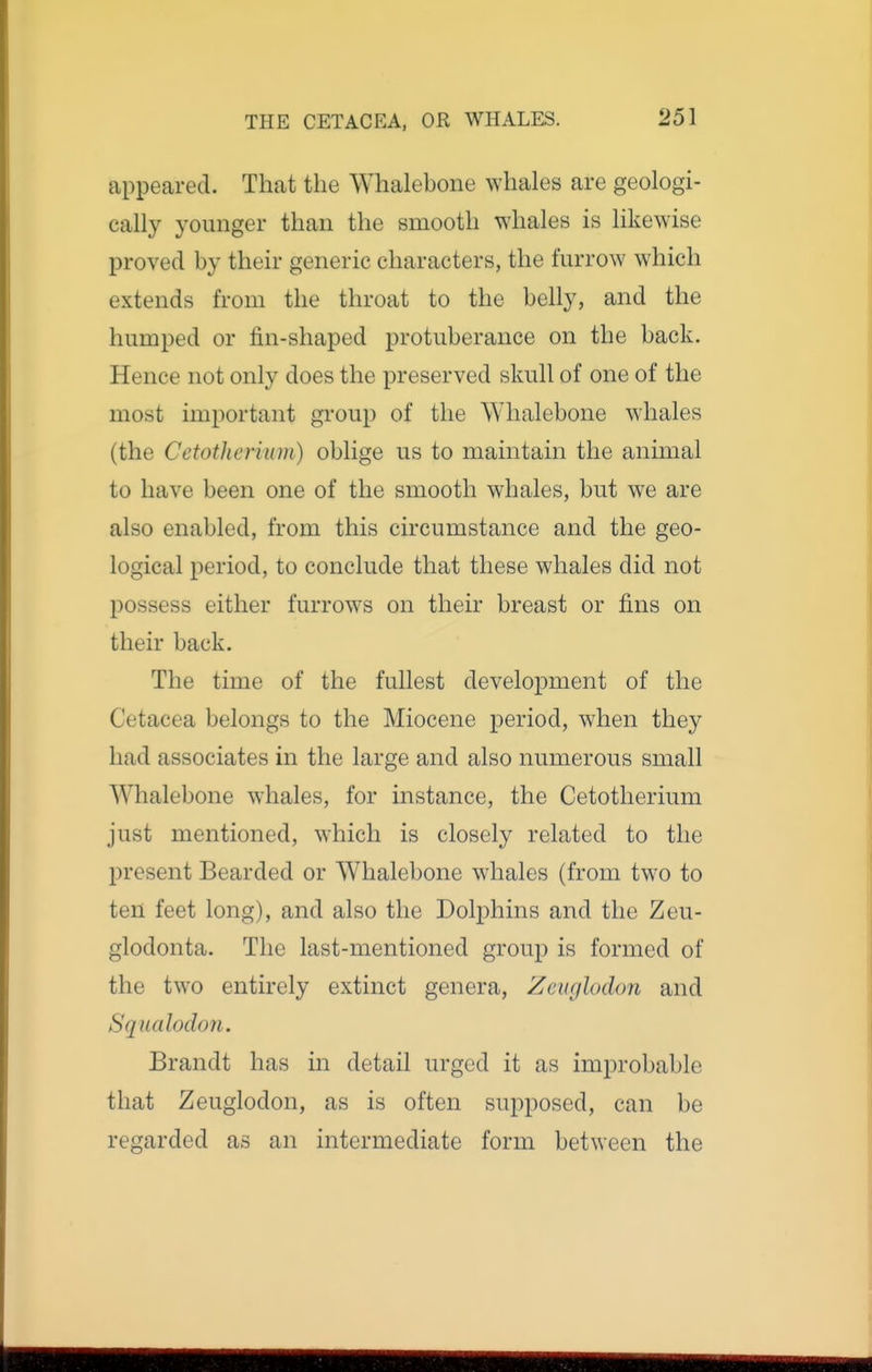 appeared. That the Whalebone whales are geologi- cally younger than the smooth whales is likewise proved by their generic characters, the furrow which extends from the throat to the belly, and the humped or fin-shaped protuberance on the back. Hence not only does the preserved skull of one of the most important group of the Whalebone w'hales (the Cetotlicrium) oblige us to maintain the animal to have been one of the smooth whales, but we are also enabled, from this circumstance and the geo- logical period, to conclude that these whales did not possess either furrows on their breast or fins on their back. The time of the fullest development of the Cetacea belongs to the Miocene period, when they had associates in the large and also numerous small Whalebone w'hales, for instance, the Cetotherium just mentioned, which is closely related to the present Bearded or Whalebone whales (from two to ten feet long), and also the Dolphins and the Zeu- glodonta. The last-mentioned group is formed of the two entirely extinct genera, Zcuglodon and Squalodon. Brandt has in detail urged it as improbable that Zeuglodon, as is often supposed, can be regarded as an intermediate form between the