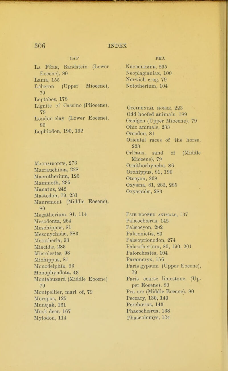 LAP La Fere, Sandstein (Lower Eocene), 80 Lama, 155 Leberon (Upper Miocene), 79 Leptobos, 178 Lignite of Cassino (Pliocene), 79 London clay (Lower Eocene), 80 Lophiodon, 190, 192 Machaikodus, 27G Macrauchima, 228 Macrotherium, 125 Mammoth, 235 Manatus, 242 Mastodon, 79, 231 Mauremont (Middle Eocene), 80 Megatherium, 81, 114 Mesodonta, 284 Mesohippus, 81 Mesonychidffi, 283 Metatheria, 93 Miacidaj, 283 Microlestes, 98 Miohippus, 81 Monodelphia, 93 Monophyndota, 43 Montabuzard (Middle Eooene) 79 Montpellier, marl of, 79 Moropus, 125 Muntjak, 161 Musk deer, 167 Mylodon, 114 PHA. Neckolemue. 295 Neojolagiaulax, 100 Norwich crag, 79 Nototherium, 104 Occidental iioese, 223 Odd-hoofed animals, 189 Oenigen (Upper Miocene), 79 Ohio animals, 233 Oreodon, 81 Oriental races of the horse, 223 Orleans, sand of (Middle Miocene), 79 Ornithorhyncha, 86 Orohippus, 81, 190 Otocyon, 268 Oxyffina, 81, 283, 285 Oxyasnidte, 283 Paik-hoofed animals, 137 Palfeochoerus, 142 Palfeocyon, 282 Palnaonictis, 80 Palffioprionodon, 274 Palffiotherium, 80, 190, 201 Palorchestes, 104 Parameryx, 156 Paris gypsum (Upper Eocene), 79 Paris coarse limestone (Up- per Eocene), 80 Pea ore (Middle Eocene), 80 Peccary, 130, 140 Perchoerus, 143 Phacochoerus, 138 Phascolomys, 104