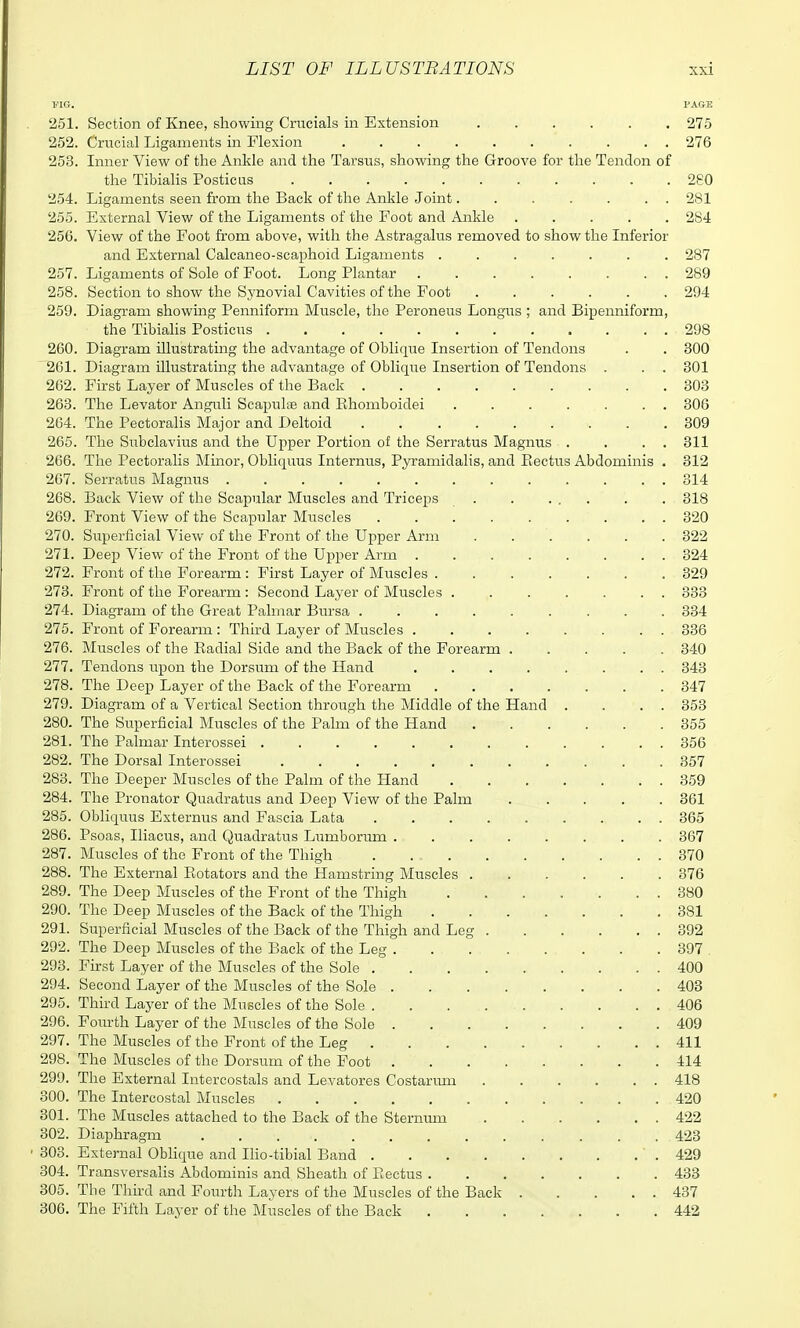 l.'IG. PAGE 251. Section of Knee, showing Crucials in Extension 275 252. Crucial Ligaments in Flexion 276 253. Inner View of the Ankle and the Tarsus, showing the Groove for the Tendon of the Tibialis Posticus 280 254. Ligaments seen from the Back of the Ankle Joint 281 255. External View of the Ligaments of the Foot and Ankle ..... 284 256. View of the Foot from above, with the Astragalus removed to show the Inferior and External Calcaneo-scaphoid Ligaments 287 257. Ligaments of Sole of Foot. Long Plantar 289 258. Section to show the Synovial Cavities of the Foot ...... 294 259. Diagram showing Penniform Muscle, the Peroneus Longus; and Bipenniform, the Tibialis Posticus 298 260. Diagram illustrating the advantage of Oblique Insertion of Tendons . . 300 '261. Diagram illustrating the advantage of Oblique Insertion of Tendons . . . 301 262. First Layer of Muscles of the Back 303 263. The Levator Anguli Scapulis and Ehomboidei . . . . . . . 306 264. The Pectoralis Major and Deltoid 309 265. The Subclavius and the Upper Portion of the Serratus Magnus . . . . 311 266. The Pectoralis Minor, Obliquus Internus, Pyramidalis, and Piecttis Abdominis . 312 207. Serratus Magnus 314 268. Back View of the Scapular Muscles and Triceps 318 269. Front View of the Scapular Muscles 320 270. Superficial View of the Front of the Upper Arm 322 271. Deep View of the Front of the Upper Arm 324 272. Front of the Forearm : First Layer of Muscles . ...... 329 273. Front of the Forearm : Second Layer of Muscles . 333 274. Diagram of the Great Palmar Bursa ......... 334 275. Front of Forearm : Third Layer of Muscles 336 276. Muscles of the Eadial Side and the Back of the Forearm 340 277. Tendons upon the Dorsum of the Hand 343 278. The Deep Layer of the Back of the Forearm 347 279. Diagram of a Vertical Section through the Middle of the Hand . . . . 353 280. The Superficial Muscles of the Palm of the Hand 355 281. The Palmar Interossei 356 282. The Dorsal Interossei 357 283. The Deeper Muscles of the Palm of the Hand 359 284. The Pronator Quadratus and Deep View of the Palm . . . . . 361 285. Obliquus Externus and Fascia Lata 365 286. Psoas, Iliacus, and Quadratus Lumborum ........ 367 287. Muscles of the Front of the Thigh . 370 288. The External Eotators and the Hamstring Muscles 376 289. The Deep Muscles of the Front of the Thigh 380 290. The Deep Muscles of the Back of the Thigh 381 291. Superficial Muscles of the Back of the Thigh and Leg 392 292. The Deep Muscles of the Back of the Leg 397 , 293. First Layer of the Muscles of the Sole 400 294. Second Layer of the Muscles of the Sole 403 295. Third Layer of the Muscles of the Sole 406 296. Fourth Layer of the Muscles of the Sole 409 297. The Muscles of the Front of the Leg 411 298. The Muscles of the Dorsum of the Foot 414 299. The External Intercostals and Levatores Costarum 418 300. The Intercostal Muscles 420 301. The Muscles attached to the Back of the Sternum 422 302. Diaphragm 423 303. External ObHque and Iho-tibial Band .429 304. Transversahs Abdominis and Sheath of Eectus 433 305. The Third and Fourth Layers of the Muscles of the Back 437 306. The Fifth Layer of the Muscles of the Back 442